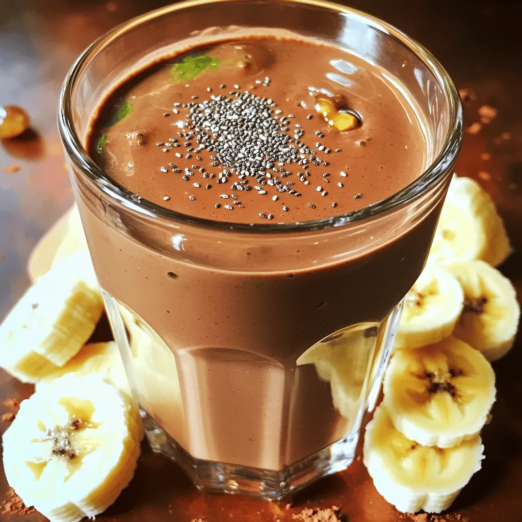- 2 ripe bananas (sliced and frozen) - 1 cup unsweetened almond milk (or milk of choice) - 2 tablespoons unsweetened cocoa powder - 1 tablespoon almond butter (or peanut butter) - 1 tablespoon chia seeds - 1 tablespoon honey or maple syrup (optional) - 1/2 teaspoon pure vanilla extract - A pinch of salt - 1/2 cup fresh spinach (optional) - Ice cubes (optional) The ingredients in this smoothie make it both tasty and healthy. Bananas add natural sweetness and creaminess. I prefer using ripe bananas for the best flavor. The unsweetened almond milk keeps it light yet creamy. Cocoa powder gives that rich chocolate taste we all love. Almond butter adds a nutty flavor. You can swap it for peanut butter if you like. Chia seeds pack in nutrients and a little crunch. If you want it sweeter, honey or maple syrup works great. I often skip this step to keep it less sugary. Pure vanilla extract adds depth. A pinch of salt enhances all the flavors. If you want more greens, add fresh spinach. It blends well and does not change the taste. Ice cubes help make the smoothie thicker and colder. This blend of ingredients gives you a nutrient-rich drink. For the full recipe, check out the Luscious Chocolate Banana Smoothie section. To start, grab your high-powered blender. Add the frozen banana slices first. They create a creamy base. Next, pour in one cup of unsweetened almond milk. This gives your smoothie a smooth texture. Now, sift in two tablespoons of unsweetened cocoa powder. This will add rich chocolate flavor. Spoon in one tablespoon of almond butter for extra creaminess. Now it's time to mix in some nutritious goodies. Sprinkle in one tablespoon of chia seeds. These tiny seeds add texture and healthy fats. If you want it sweeter, add one tablespoon of honey or maple syrup. This is optional, based on your taste. Don’t forget half a teaspoon of pure vanilla extract for depth. A pinch of salt will enhance all those flavors. For an extra nutrient boost, toss in half a cup of fresh spinach. It won’t change the taste but will pack in more vitamins. Blend all the ingredients on high speed. You want to achieve a creamy and smooth consistency. If you like your smoothie thicker, add a few ice cubes and blend again. Once blended, taste your smoothie. If you want it sweeter, mix in more honey or syrup. Pour your luscious smoothie into glasses. Enjoy the rich, chocolaty goodness right away! Using frozen bananas is key to a smooth and creamy texture. They chill the smoothie and add natural sweetness. Make sure to slice them before freezing. This step helps them blend easily. For the blending technique, start at a low speed. Gradually increase the speed until everything blends well. This method ensures you break down all the ingredients without lumps. You can switch nut butters based on your taste. Try peanut butter, cashew butter, or sunflower seed butter for a new flavor. For sweeteners, use agave nectar or stevia if you prefer. Add optional ingredients to boost nutrition. You can mix in flaxseeds, protein powder, or even oats. Each adds unique benefits without changing the chocolate banana taste. For garnishing, a slice of banana on top always looks inviting. You can also sprinkle cocoa powder or chia seeds for a nice touch. Use clear glasses to show off the rich color of the smoothie. Mason jars or fun cups can make it more playful. Enjoy your smoothie with style! {{image_4}} You can mix things up with this smoothie. Try adding berries like strawberries or blueberries. These add a sweet and tangy flavor. You can also use fresh mango for a tropical twist. Each fruit brings its own health benefits and unique taste. Switching nut butters can change the game, too. Almond butter gives a rich, nutty flavor. If you prefer, use peanut butter for a classic taste. Sunflower seed butter works well if you need a nut-free option. These choices let you explore flavors while keeping it healthy. If you want a dairy-free smoothie, use almond milk or coconut milk. Both give a creamy texture without any dairy. You can use oat milk as another alternative if you like. For a vegan option, skip honey and use maple syrup instead. This keeps your smoothie sweet and plant-based. You can also use agave nectar, which is a great substitute. Want to boost your protein? Try adding a scoop of your favorite protein powder. Vanilla protein works well with this smoothie. It blends in nicely and adds extra flavor. Greek yogurt is another option for creaminess. It thickens the smoothie and adds protein. If you want to keep it dairy-free, use a plant-based yogurt. These add-ons help you stay full and satisfied longer. For the luscious chocolate banana smoothie, check the [Full Recipe]. To keep your smoothie fresh, store any leftovers in the fridge. Use an airtight container to prevent air from getting in. Glass jars or BPA-free plastic containers work well. If you want to enjoy your smoothie later, pour it into a container, seal it tightly, and chill it. Drink it within 24 hours for the best taste. Freezing smoothie packs is a smart way to save time. Start by slicing your ripe bananas and measuring out the other ingredients. Place them into freezer bags. You can use one bag for each smoothie. When you're ready to blend, take out a bag. Add your almond milk, and blend the ingredients straight from the freezer. This method keeps your smoothie cold and creamy. The best time to drink your smoothie is within a day. After that, the taste and texture can change. Look for signs your smoothie has gone bad. If it smells sour or has an odd texture, it’s time to toss it. Always trust your senses! Enjoy your Healthy Chocolate Banana Smoothie while it’s fresh for the best flavor and nutrients. This smoothie is packed with healthy goodies. Bananas give you potassium and fiber. They help your heart and keep you full. Almond milk adds calcium without extra fat. Cocoa powder is rich in antioxidants, which help fight free radicals. Chia seeds offer omega-3 fatty acids and protein. They keep you feeling satisfied longer. Almond butter adds healthy fats and protein. Spinach boosts vitamins and minerals without changing the taste. Together, these ingredients create a balanced snack or meal. Yes, you can! If you don't have a blender, try using a food processor. Just chop the banana slices small first. You can also mash the bananas with a fork. Mix the other ingredients in a bowl. Use a whisk or spoon to blend until smooth. It may take a bit longer, but it works! Absolutely! You can make this smoothie ahead of time. Just store it in a jar or container. Keep it in the fridge for up to two days. If you're preparing for the week, freeze the ingredients. Place them in bags and blend when ready. To thicken your smoothie, use frozen bananas. They add creaminess without extra liquid. You can also add ice cubes before blending. If you want even more thickness, try adding Greek yogurt. Chia seeds will also help as they expand when soaked. For the complete details on making this delicious smoothie, check out the [Full Recipe]. This blog provided a clear guide to making a Healthy Chocolate Banana Smoothie. You learned the best ingredients to use, step-by-step instructions, and useful tips for a smooth, tasty drink. You can customize it based on your taste and enjoy its health benefits. Remember to store leftovers properly or freeze smoothie packs for quick prep. Now, you can make this delicious smoothie your way. Enjoy every sip!