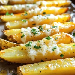 - 4 large russet potatoes, cut into thin strips - 4 tablespoons extra virgin olive oil - 4 cloves garlic, finely minced - 1 cup freshly grated Parmesan cheese - 2 teaspoons blend of dried Italian herbs (oregano, thyme, basil) - Sea salt and freshly cracked black pepper to taste - Fresh parsley, finely chopped (for garnish) You can use other potatoes like Yukon gold or sweet potatoes. They add a different flavor and texture. For dairy-free options, try vegan cheese. It melts well and gives a nice taste. You will need these tools to make fries: - Baking sheet and parchment paper - Mixing bowl and spatula - Knife and cutting board These ingredients and tools make the process easy and fun. You can find the full recipe to guide you through the steps. To make baked garlic Parmesan fries, start by cutting the potatoes into thin strips. I like to use russet potatoes for their starchy goodness. Aim for about a quarter-inch thickness. This size helps them cook evenly and get crispy. Soaking the potato strips in cold water is key. This step helps remove excess starch. It also contributes to that perfect crunch. Soak them for at least 30 minutes. After soaking, drain and pat them dry with a towel. This helps the fries crisp up in the oven. Next, it’s time to coat the potatoes. In a large mixing bowl, add the potato strips and pour in the olive oil. Use your hands or a spatula to mix well. Each strip should be coated with oil. Now, add the minced garlic, dried Italian herbs, sea salt, and black pepper. Toss everything together again. Make sure the garlic and herbs spread evenly over all the fries. This step ensures each bite is packed with flavor. Preheat your oven to 425°F (220°C). This temperature is perfect for baking fries. It helps them get crispy on the outside while staying soft inside. Spread the fries on a baking sheet lined with parchment paper. Make sure they’re in a single layer without overlapping. This spacing allows hot air to circulate around each fry. Bake them for 25-30 minutes. Halfway through, flip the fries over. This helps them cook evenly and get that golden-brown color. When they’re crispy, take them out and sprinkle the grated Parmesan cheese on top. Pop them back in the oven for 5 more minutes to melt the cheese. Once you see that gooey cheese, let the fries cool for a few minutes. This will keep you from burning your mouth. Enjoy your delicious baked garlic Parmesan fries! For the full recipe, check out the details above. To get fries that are crispy and golden, start by drying your potatoes. After cutting them into thin strips, soak them in cold water for 30 minutes. This helps remove excess starch. After soaking, pat the potatoes dry with a clean towel. This step is key for crispiness. Using the right baking sheet also matters. Choose a heavy, rimmed baking sheet. It helps distribute heat evenly. Lining it with parchment paper makes cleanup easy and keeps the fries from sticking. For extra flavor, try adding spices like paprika or cayenne pepper. They give your fries a tasty kick. You can also mix in some garlic powder for more depth. Feel free to experiment with spices that you enjoy! When it comes to dipping sauces, marinara is a classic choice. It pairs well with the cheesy flavor. You can also serve ranch or garlic aioli for something creamy and rich. Serving fries in a big bowl or on a platter can make them look special. Drizzle some extra olive oil over the top for sheen. You can also sprinkle some grated cheese or fresh herbs for color. To make your fries even more appealing, use a colorful plate. A bright dish contrasts nicely with the golden fries. Serve with small bowls of dipping sauces on the side. This invites everyone to dig in and enjoy! For the complete recipe, check out the Full Recipe. {{image_4}} You can change the herbs based on the season. In spring, use fresh basil or parsley. In summer, try adding dill or cilantro for a bright touch. Fall calls for sage or rosemary, while winter can handle thyme and oregano. You can also add seasonal toppings. Roasted garlic adds a deep flavor, and chili flakes give a spicy kick. Mix and match to find your favorite combination. You can use different cheeses to change the flavor. For a bolder taste, try using aged cheddar or feta. If you prefer something creamier, go for mozzarella. For those avoiding dairy, there are vegan cheese options. Look for brands that melt well, like cashew or almond-based cheeses. These choices keep the dish tasty while meeting dietary needs. Add more flavor by including different vegetables. Bell peppers, zucchini, or even mushrooms can enhance your fries. You can also mix in proteins. Chicken or shrimp can turn your fries into a full meal. Just cook the protein first, then toss it with the fries before serving. The result is a hearty, delicious dish that satisfies any craving. You can find the Full Recipe to get started on these tasty variations. After you make these tasty fries, you might have some left. To keep them fresh, let them cool first. Once cool, place the fries in an airtight container. Store them in the fridge for up to three days. If you want to save them longer, you can freeze the fries. Use a freezer-safe bag and remove all air. They can last up to three months in the freezer. When you want to eat them, you can reheat as needed. To enjoy your fries again, you want them crispy, not soggy. The best way to reheat fries is in the oven. Preheat your oven to 400°F (200°C). Spread the fries on a baking sheet in a single layer. Heat them for about 10 to 12 minutes. Flip them halfway through to warm evenly. You can also use an air fryer for a faster option. Set the air fryer to 375°F (190°C) for about 5 to 7 minutes. This keeps your fries crispy and delicious! For the full recipe, check out the earlier section. Bake your Baked Garlic Parmesan Fries for about 25-30 minutes. This time gives them a crispy texture. I like to flip them halfway through to ensure even cooking. Look for a golden-brown color. You want that perfect crunch! Yes, you can use frozen fries. Just modify the baking time. Frozen fries often take longer to cook. Check the package for guidance. You can follow the same seasonings and toppings. They may not be as crispy, but they still taste great. To make these fries gluten-free, stick with fresh potatoes. Use olive oil and cheese, as they are gluten-free. Always check your cheese label to ensure it is gluten-free as well. This way, you can enjoy tasty fries without worry! You now have all the tools to make perfect Baked Garlic Parmesan Fries. We've covered the essential ingredients, step-by-step cooking methods, and clever tips for crispy results. Experiment with different herbs and cheeses to find your favorite twist. Remember to store leftovers properly to maintain quality. With these skills, you can impress family and friends. Enjoy your delicious fries and feel proud of your cooking!