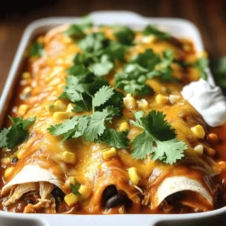 - 2 cups shredded cooked chicken - 1 cup enchilada sauce - 8 small corn tortillas - 1/2 cup black beans, rinsed and drained - 1/2 cup sweet corn, frozen or canned - 1 cup grated cheese - 1 small onion, finely chopped - 2 cloves garlic, minced - 1 teaspoon ground cumin - 1 teaspoon chili powder - Fresh cilantro, chopped, for garnish - Sour cream for serving (optional) For this easy chicken enchiladas recipe, you can use simple ingredients. The shredded cooked chicken is the star here. You can use rotisserie chicken to save time. Enchilada sauce adds rich flavor. You can buy this at the store or make your own. Corn tortillas are a must for wrapping the filling. You will also want to add some optional ingredients. Black beans and sweet corn give the dish extra texture. Grated cheese makes it creamy and delicious. Seasoning is key to making these enchiladas shine. Onion and garlic give a great base flavor. Ground cumin and chili powder add warmth and depth. Fresh cilantro sprinkled on top makes everything look bright. Don't forget a dollop of sour cream for creaminess! Check out the Full Recipe for more details on making these tasty enchiladas! 1. Preheat the Oven: First, preheat your oven to 375°F (190°C). This step is key for cooking the enchiladas evenly and getting a nice golden top. 2. Prepare the Filling: In a big bowl, mix together the shredded chicken, black beans, sweet corn, half the enchilada sauce, half the cheese, onion, garlic, cumin, chili powder, and a pinch of salt and pepper. Stir well until everything is combined. 1. Warming and Rolling Tortillas: To make the corn tortillas soft, warm them up. You can place them in a dry skillet for one minute on each side or microwave them for about 20 seconds. This makes rolling easier. 2. Filling and Placing in Baking Dish: Take one tortilla and lay it flat. Spoon about 2-3 tablespoons of the chicken mixture in the center. Roll it up tightly and place it seam-side down in a greased baking dish. Repeat this for all tortillas and filling. 1. Covering and Baking the Enchiladas: Once all the rolled enchiladas are in the dish, pour the rest of the enchilada sauce on top. Make sure they are covered well. Then sprinkle the remaining cheese over everything. Cover the dish with aluminum foil and bake for 20 minutes. 2. Final Baking Without Foil: After 20 minutes, carefully remove the foil. Bake for another 10 minutes. Look for the cheese to be bubbly and golden brown. This method helps you create a delicious meal with a beautiful presentation. For the complete preparation steps, check out the Full Recipe. How to prevent tortillas from cracking To keep your tortillas soft, warm them gently. You can use a dry skillet over medium heat or microwave them briefly. This makes them easy to roll without breaking. Ensuring even flavor distribution Mix your filling well before rolling. This way, each bite has the same great taste. Use a good blend of chicken, beans, and spices for balanced flavor in every bite. Ideal side dishes Chicken enchiladas pair well with rice and beans. A fresh salad adds crunch, while guacamole gives a creamy touch. Consider serving with chips and salsa for a fun appetizer. Presentation tips for a lovely platter Serve your enchiladas on a colorful platter. Add slices of avocado on the side and sprinkle fresh cilantro on top. This makes the dish look vibrant and inviting. Overstuffing the tortillas It can be tempting to fill your tortillas too much. Avoid this mistake to prevent tearing. A few tablespoons of filling per tortilla is just right. Not heating the sauce and fillings Always warm your sauce and filling mix. This helps the enchiladas cook evenly and stay moist. Plus, it enhances the flavors, making each bite even better. For more details, check out the Full Recipe for easy chicken enchiladas! {{image_4}} You can change up the protein in your enchiladas. Beef, pork, or beans work great. Shredded beef gives a rich flavor, while pork adds a nice twist. If you prefer a meatless option, use more veggies. Bell peppers, zucchini, and mushrooms add color and nutrients. You can choose between homemade and store-bought enchilada sauce. Homemade sauce lets you control the flavors. You can add tomatoes, spices, or even a hint of lime. Store-bought sauce is quick and easy. If you like heat, try spicy variations. Add jalapeños or chipotle for a kick. You can make enchiladas in a slow cooker. Just layer your ingredients and let them cook low and slow. This method keeps the chicken juicy and flavors bold. If you want to make a big batch, enchiladas freeze well. Assemble them ahead of time, freeze, and bake later. This is perfect for busy nights. Check the Full Recipe for more details. To keep your chicken enchiladas fresh, use airtight containers. Glass or plastic containers work well. Ensure the enchiladas cool down before sealing them. This helps prevent moisture buildup. Place them in the fridge within two hours of serving. Store them for up to three days. To reheat your enchiladas, use the oven for the best results. Preheat it to 350°F (175°C). Cover the dish with foil to keep them moist. Heat for about 15-20 minutes. You can also use a microwave, but this may dry them out. For long-term storage, you can freeze the enchiladas. Wrap them tightly in plastic wrap and then in foil. They can last for up to three months in the freezer. Refrigerated leftovers should be eaten within three days. If you notice any signs of spoilage, like a sour smell or mold, throw them out. Always trust your senses. Keeping food safe is key to enjoying your meals! To make enchiladas from scratch, start with fresh tortillas. You can easily make these at home. Use masa harina, water, and a bit of salt. Roll the dough into balls, then flatten them. Cook each tortilla in a hot skillet until soft. For the filling, combine cooked chicken, beans, cheese, and spices. Mix well and fill each tortilla. Roll them up and place them in a baking dish. Yes, you can prepare enchiladas ahead of time. After filling and rolling them, cover the dish tightly. Store it in the fridge overnight. This way, the flavors blend nicely. When ready to bake, simply add the sauce and cheese. Then, bake according to the recipe. To make enchiladas spicier, add hot sauce or diced jalapeños to the filling. You can also use a spicier enchilada sauce. A sprinkle of cayenne pepper or chipotle powder adds heat too. Adjust the spice to your taste for a kick you’ll love. Chicken enchiladas pair well with many sides. Consider serving them with rice or beans. A fresh salad adds crunch and balance. You can also serve guacamole or chips for a fun twist. Add some pickled onions for a tangy bite. Enjoy the mix of flavors! You learned how to create delicious chicken enchiladas with simple steps. Begin with key ingredients like chicken and enchilada sauce. Personalize your dish by adding beans or cheese. Follow the step-by-step instructions for perfect assembly and baking. Use tips to avoid common mistakes and enhance your flavors. In the end, you can enjoy this meal as a quick dinner or a special occasion dish. With practice, you'll become an enchilada pro. Enjoy the process, and savor your tasty results!