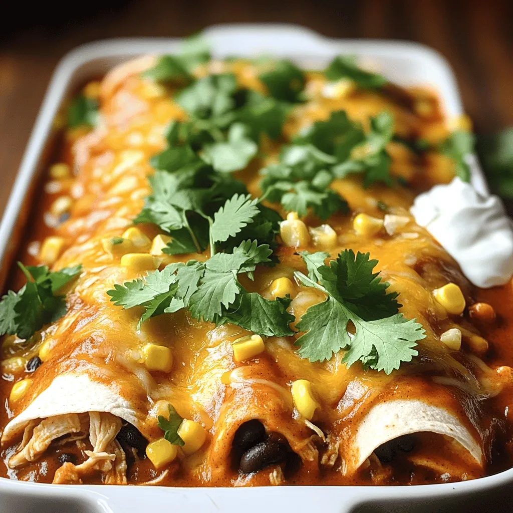 - 2 cups shredded cooked chicken - 1 cup enchilada sauce - 8 small corn tortillas - 1/2 cup black beans, rinsed and drained - 1/2 cup sweet corn, frozen or canned - 1 cup grated cheese - 1 small onion, finely chopped - 2 cloves garlic, minced - 1 teaspoon ground cumin - 1 teaspoon chili powder - Fresh cilantro, chopped, for garnish - Sour cream for serving (optional) For this easy chicken enchiladas recipe, you can use simple ingredients. The shredded cooked chicken is the star here. You can use rotisserie chicken to save time. Enchilada sauce adds rich flavor. You can buy this at the store or make your own. Corn tortillas are a must for wrapping the filling. You will also want to add some optional ingredients. Black beans and sweet corn give the dish extra texture. Grated cheese makes it creamy and delicious. Seasoning is key to making these enchiladas shine. Onion and garlic give a great base flavor. Ground cumin and chili powder add warmth and depth. Fresh cilantro sprinkled on top makes everything look bright. Don't forget a dollop of sour cream for creaminess! Check out the Full Recipe for more details on making these tasty enchiladas! 1. Preheat the Oven: First, preheat your oven to 375°F (190°C). This step is key for cooking the enchiladas evenly and getting a nice golden top. 2. Prepare the Filling: In a big bowl, mix together the shredded chicken, black beans, sweet corn, half the enchilada sauce, half the cheese, onion, garlic, cumin, chili powder, and a pinch of salt and pepper. Stir well until everything is combined. 1. Warming and Rolling Tortillas: To make the corn tortillas soft, warm them up. You can place them in a dry skillet for one minute on each side or microwave them for about 20 seconds. This makes rolling easier. 2. Filling and Placing in Baking Dish: Take one tortilla and lay it flat. Spoon about 2-3 tablespoons of the chicken mixture in the center. Roll it up tightly and place it seam-side down in a greased baking dish. Repeat this for all tortillas and filling. 1. Covering and Baking the Enchiladas: Once all the rolled enchiladas are in the dish, pour the rest of the enchilada sauce on top. Make sure they are covered well. Then sprinkle the remaining cheese over everything. Cover the dish with aluminum foil and bake for 20 minutes. 2. Final Baking Without Foil: After 20 minutes, carefully remove the foil. Bake for another 10 minutes. Look for the cheese to be bubbly and golden brown. This method helps you create a delicious meal with a beautiful presentation. For the complete preparation steps, check out the Full Recipe. How to prevent tortillas from cracking To keep your tortillas soft, warm them gently. You can use a dry skillet over medium heat or microwave them briefly. This makes them easy to roll without breaking. Ensuring even flavor distribution Mix your filling well before rolling. This way, each bite has the same great taste. Use a good blend of chicken, beans, and spices for balanced flavor in every bite. Ideal side dishes Chicken enchiladas pair well with rice and beans. A fresh salad adds crunch, while guacamole gives a creamy touch. Consider serving with chips and salsa for a fun appetizer. Presentation tips for a lovely platter Serve your enchiladas on a colorful platter. Add slices of avocado on the side and sprinkle fresh cilantro on top. This makes the dish look vibrant and inviting. Overstuffing the tortillas It can be tempting to fill your tortillas too much. Avoid this mistake to prevent tearing. A few tablespoons of filling per tortilla is just right. Not heating the sauce and fillings Always warm your sauce and filling mix. This helps the enchiladas cook evenly and stay moist. Plus, it enhances the flavors, making each bite even better. For more details, check out the Full Recipe for easy chicken enchiladas! {{image_4}} You can change up the protein in your enchiladas. Beef, pork, or beans work great. Shredded beef gives a rich flavor, while pork adds a nice twist. If you prefer a meatless option, use more veggies. Bell peppers, zucchini, and mushrooms add color and nutrients. You can choose between homemade and store-bought enchilada sauce. Homemade sauce lets you control the flavors. You can add tomatoes, spices, or even a hint of lime. Store-bought sauce is quick and easy. If you like heat, try spicy variations. Add jalapeños or chipotle for a kick. You can make enchiladas in a slow cooker. Just layer your ingredients and let them cook low and slow. This method keeps the chicken juicy and flavors bold. If you want to make a big batch, enchiladas freeze well. Assemble them ahead of time, freeze, and bake later. This is perfect for busy nights. Check the Full Recipe for more details. To keep your chicken enchiladas fresh, use airtight containers. Glass or plastic containers work well. Ensure the enchiladas cool down before sealing them. This helps prevent moisture buildup. Place them in the fridge within two hours of serving. Store them for up to three days. To reheat your enchiladas, use the oven for the best results. Preheat it to 350°F (175°C). Cover the dish with foil to keep them moist. Heat for about 15-20 minutes. You can also use a microwave, but this may dry them out. For long-term storage, you can freeze the enchiladas. Wrap them tightly in plastic wrap and then in foil. They can last for up to three months in the freezer. Refrigerated leftovers should be eaten within three days. If you notice any signs of spoilage, like a sour smell or mold, throw them out. Always trust your senses. Keeping food safe is key to enjoying your meals! To make enchiladas from scratch, start with fresh tortillas. You can easily make these at home. Use masa harina, water, and a bit of salt. Roll the dough into balls, then flatten them. Cook each tortilla in a hot skillet until soft. For the filling, combine cooked chicken, beans, cheese, and spices. Mix well and fill each tortilla. Roll them up and place them in a baking dish. Yes, you can prepare enchiladas ahead of time. After filling and rolling them, cover the dish tightly. Store it in the fridge overnight. This way, the flavors blend nicely. When ready to bake, simply add the sauce and cheese. Then, bake according to the recipe. To make enchiladas spicier, add hot sauce or diced jalapeños to the filling. You can also use a spicier enchilada sauce. A sprinkle of cayenne pepper or chipotle powder adds heat too. Adjust the spice to your taste for a kick you’ll love. Chicken enchiladas pair well with many sides. Consider serving them with rice or beans. A fresh salad adds crunch and balance. You can also serve guacamole or chips for a fun twist. Add some pickled onions for a tangy bite. Enjoy the mix of flavors! You learned how to create delicious chicken enchiladas with simple steps. Begin with key ingredients like chicken and enchilada sauce. Personalize your dish by adding beans or cheese. Follow the step-by-step instructions for perfect assembly and baking. Use tips to avoid common mistakes and enhance your flavors. In the end, you can enjoy this meal as a quick dinner or a special occasion dish. With practice, you'll become an enchilada pro. Enjoy the process, and savor your tasty results!