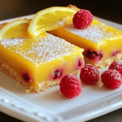 Here is a detailed list of what you need for these tasty Raspberry Lemonade Bars: - 1 cup all-purpose flour - 1/4 cup powdered sugar - 1/2 cup unsalted butter, softened to room temperature - 1/4 teaspoon salt - 2 large eggs - 1 cup granulated sugar - 1/4 cup freshly squeezed lemon juice (about 2 medium lemons) - Zest of 1 lemon - 1 cup fresh raspberries (or thawed frozen raspberries, gently drained) - 1 teaspoon baking powder - Extra powdered sugar for dusting Each ingredient plays a key role in creating the perfect balance of sweet and tart. The all-purpose flour gives structure to the crust. The butter adds richness and flavor. Using unsalted butter lets you control the saltiness. The powdered sugar sweetens the crust without making it too dense. Lemon juice and zest bring bright, zesty notes that lift the bars. Eggs help bind the filling, making it smooth and creamy. Fresh raspberries add a burst of flavor. They offer a soft texture that contrasts nicely with the crust. Baking powder ensures the filling rises slightly, creating a lovely texture. Don't forget the extra powdered sugar for dusting! It adds a lovely touch and a bit of sweetness. For the full recipe, follow the steps closely to achieve delicious results. - Preheat the oven to 350°F (175°C). - Prepare an 8x8-inch baking pan with grease or parchment paper. Start by setting your oven to 350°F. This temperature helps the bars bake evenly. Next, take your baking pan and grease it lightly. You can also line it with parchment paper. This step makes it easy to remove the bars later. - Combine flour, powdered sugar, and salt. - Mix in softened butter to form a crumbly texture. - Press into the bottom of the baking pan. In a large bowl, mix the flour, powdered sugar, and salt. Then add the softened butter. Use your hands or a pastry cutter to blend until it looks like coarse crumbs. Now, press this mixture into the bottom of your prepared pan. This forms a nice crust. - Whisk together eggs, granulated sugar, lemon juice, lemon zest, and baking powder. - Fold in fresh raspberries gently. In another bowl, whisk the eggs, granulated sugar, lemon juice, lemon zest, and baking powder. Make sure it is smooth and well mixed. Now, gently fold in the fresh raspberries. Be careful not to crush them too much; you want nice pieces in the filling. - Bake the crust, then pour filling over the baked crust. - Return the pan to bake until firm. Bake the crust for about 15-20 minutes, until it turns light golden. Once done, pour the prepared filling over the crust. Return the pan to the oven and bake for another 20-25 minutes. The bars should look set and firm when finished. - Let cool completely in the pan. - Dust with powdered sugar and cut into bars. After baking, take the pan out and let it cool completely on a wire rack. This helps the filling set up nicely. Once cool, dust the top with powdered sugar. Cut into bars of your desired size. Enjoy your Raspberry Lemonade Bars! For the complete recipe, check out the Full Recipe section. To make a smooth filling for your Raspberry Lemonade Bars, start with room temperature eggs. This helps them blend better. Whisk the eggs well to incorporate air. This step adds lightness to your filling. Be careful when mixing in the raspberries. If you overmix, you can crush them too much. Gently fold them into the filling. This will keep some whole berries in the bars. Those bursts of raspberry will make each bite special. Serve these bars chilled or at room temperature. Chilling them helps the flavors meld. For a fancy touch, add a slice of lemon on top of each bar. A few fresh raspberries also look nice. Using a pretty plate can make your dessert shine. Ovens can be different. If you have a convection oven, reduce the baking time by a few minutes. Keep an eye on the bars as they bake. To tell when the bars are done, look for a slight jiggle in the center. It should not be liquidy but firm when touched. This means your bars are ready to cool. {{image_4}} You can change the flavor of your raspberry lemonade bars by using different fruits. Here are some ideas: - Strawberries: Swap out the raspberries for fresh strawberries. They add a sweet touch. - Blackberries: Blackberries bring a rich, deep flavor. They pair well with lemon. - Peaches: Try fresh peaches for a summery twist. Their sweetness balances the tartness of lemon. You can also explore other citrus options. Consider these: - Lime: Lime juice gives a zesty kick. Mix it with your raspberries for a fun taste. - Orange: Orange zest and juice offer a sweet, bright flavor. They work well with berries. - Grapefruit: For a unique twist, use grapefruit. Its slight bitterness complements the sweetness. If you need gluten-free bars, you can easily adapt this recipe. Here are some substitutes for all-purpose flour: - Almond flour: Almond flour adds a nutty flavor. Use it in the same amount as all-purpose flour. - Coconut flour: Coconut flour is another option. However, use only half the amount, as it absorbs more liquid. - Gluten-free all-purpose blend: Many brands offer this blend. Just replace the flour one-to-one. When baking gluten-free, keep these tips in mind: - Check for cross-contamination: Ensure your ingredients are certified gluten-free. - Add a binder: Consider adding xanthan gum or psyllium husk. This helps with texture and structure. To make your raspberry lemonade bars vegan, you can find easy egg substitutes. Here are some popular options: - Flaxseed meal: Mix one tablespoon of flaxseed meal with three tablespoons of water. Let it sit for a few minutes until it thickens. - Chia seeds: Use the same method as flaxseeds. Chia seeds are a great binding agent. - Applesauce: Replace each egg with a quarter cup of unsweetened applesauce. This keeps the bars moist. You can also switch to dairy-free butter options. Consider these: - Coconut oil: Solid coconut oil works well in baking. Just melt it before use. - Vegan butter: Many brands make tasty vegan butter. Use it just like regular butter in the recipe. These variations let you enjoy raspberry lemonade bars while meeting different dietary needs. You can find the full recipe to get started! To keep your raspberry lemonade bars fresh, store them in an airtight container. This helps prevent them from drying out. Place a piece of parchment paper between layers if you stack them. You can keep them at room temperature for up to 3 days. For longer storage, move them to the fridge, where they last up to a week. A glass or plastic container with a tight lid works best. You can freeze these bars for later enjoyment. Freeze them whole or cut them into squares. If you freeze them whole, wrap the pan tightly in plastic wrap. For cut bars, place them in a single layer on a baking sheet first. Once frozen, transfer them to a freezer-safe container. They will keep well for up to 3 months. When you’re ready to enjoy them, thaw in the fridge overnight. For a quicker option, leave them at room temperature for about 2 hours. This helps maintain their soft texture and flavor. For the best results, avoid using a microwave to thaw. You can tell when your bars are done by looking for a few signs. First, the edges should be lightly golden. Second, the center will look set. You can also gently press the top with your finger. If it feels slightly firm, it’s ready. If it jiggles too much, it needs more time. Always trust your oven’s timer, but keep an eye on these signs. Yes, you can use frozen raspberries! They will work well in this recipe. However, frozen berries may change the texture a bit. They tend to be softer than fresh ones. This could lead to a more gooey filling. To use them, just thaw and gently drain before adding to the mix. The flavor will still be bright and delicious. If you want to skip the eggs, there are great alternatives. You can use flaxseed meal mixed with water. Combine 1 tablespoon of flaxseed meal with 2.5 tablespoons of water for one egg. Another option is unsweetened applesauce. Use 1/4 cup for each egg. Both options keep your bars moist and tasty, making it easy for different diets. You can store your Raspberry Lemonade Bars for up to five days. Keep them in an airtight container at room temperature. If you want to keep them longer, you can freeze them. Just wrap them well in plastic wrap and then place in a freezer bag. They will last for about three months in the freezer. Raspberry Lemonade Bars are delightful treats that blend flavor and texture perfectly. We explored the key ingredients, like fresh raspberries and lemon juice, and covered each step from prepping to cooling. I shared tips for perfecting your bars, along with variations for different diets. Remember, with the right ingredients and methods, you can create a batch that everyone will love. Enjoy experimenting and sharing these bars with family and friends for a refreshing dessert experience!
