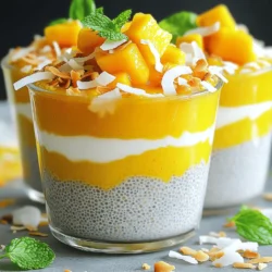 - Coconut milk options: You can choose between canned and carton coconut milk. Canned coconut milk is thick and creamy. It adds a rich texture to your pudding. Carton coconut milk is lighter and has less fat. It works well if you prefer a lighter dish. - Ripe mango considerations: Use ripe mango for the best flavor. Look for mangos that feel soft but not mushy. A ripe mango will add natural sweetness and a vibrant color to your pudding. - Importance of quality chia seeds: Quality chia seeds make a big difference. They should be fresh and whole. Look for seeds that are shiny and have no off smells. Fresh seeds absorb liquid well and create the perfect pudding texture. - Sweeteners: You can use maple syrup or honey to sweeten your pudding. Maple syrup is plant-based and adds a unique flavor. Honey is also sweet and can enhance the dish with its floral notes. - Flavor enhancers: Add pure vanilla extract to boost flavor. A pinch of fine sea salt brings out the sweetness, too. These simple additions can elevate your pudding. - Toppings and garnishes: Toasted coconut flakes add crunch and flavor. Fresh mint leaves not only look pretty but also add a refreshing taste. These garnishes enhance both flavor and presentation. For the complete recipe, check out the Full Recipe section! 1. First, gather your ingredients. You need coconut milk, mango, chia seeds, maple syrup, vanilla, and a pinch of salt. 2. In a large bowl, mix the coconut milk, mango puree, maple syrup, vanilla, and salt. Stir until smooth. 3. Now, add the chia seeds. Sprinkle them in slowly while stirring. This helps them blend well and not clump together. 1. Cover the bowl with plastic wrap or a lid. Place it in the refrigerator. 2. Let it chill for at least 4 hours, but overnight is best. This helps the chia seeds absorb the liquid. 3. For a perfect texture, stir the pudding after chilling. This breaks up any clumps that may form. 1. When ready to serve, take out the pudding and scoop it into bowls or clear glasses. 2. For a stunning look, top each serving with more mango puree, toasted coconut, and fresh mint leaves. 3. Serve it cold, and enjoy the delightful mix of flavors and textures. For the full recipe, refer to the earlier section. To prevent chia seeds from clumping, add them slowly to the mix. Stir as you go. This ensures they distribute evenly. If you add them too fast, they may stick together and form lumps. For the right consistency, let the pudding chill for at least four hours. If you want a thicker pudding, let it sit overnight. If it’s too thick, stir in a bit more coconut milk. This is an easy fix. Adjusting sweetness is key. Taste the mix before it sets. You can add more maple syrup or honey if it needs it. Everyone's sweet tooth is different, so don’t hesitate to customize. You can also incorporate other fruits or spices. Try adding a pinch of cinnamon or nutmeg for warmth. Mix in fresh berries or sliced bananas for extra texture and flavor. This makes your pudding even more fun to eat! Making this pudding ahead is a breeze. You can prepare it up to three days in advance. Just store it in the fridge in a sealed container. This is great for busy mornings or snack time. For special occasions, you can customize the pudding easily. Add festive fruits for a holiday party. For a summer picnic, garnish with mint and fresh tropical fruits. This keeps the dish fresh and exciting. For the full recipe, check the details above! {{image_4}} You can change the flavors of your Coconut Mango Chia Pudding by using other fruits. Passion fruit adds a sweet and tangy twist. Pineapple brings a tropical vibe that pairs well with coconut. You can also mix fruits for a fun flavor explosion. Additionally, try different milk alternatives. Almond milk gives a nutty taste, while oat milk adds creaminess. Each choice will change the pudding's flavor and make it unique. This pudding is very flexible for different diets. For a vegan option, use maple syrup instead of honey. Both sweeteners work well, but maple syrup is plant-based. If you need gluten-free options, you're in luck! All the ingredients in the recipe are naturally gluten-free. You can enjoy this treat without any worries about gluten. Seasonal fruits can give your pudding a fresh feel. In summer, add berries for a burst of color and flavor. In fall, try using sliced apples or pears with a sprinkle of cinnamon. During the holidays, you can make festive adaptations. Consider adding pumpkin puree for a holiday treat that everyone will love. These twists keep the dish exciting and relevant throughout the year. To keep your leftover Coconut Mango Chia Pudding fresh, store it in an airtight container. Glass jars work great for this. Make sure to seal them well. Place the container in the fridge right after serving. This helps avoid any spoilage. Your pudding should last up to five days in the refrigerator. Freezing chia pudding is an option, but it can change the texture. If you want to freeze it, use a freezer-safe container. Leave some space at the top for the pudding to expand. To thaw, move it to the fridge overnight. Stir well after thawing for the best texture. Coconut Mango Chia Pudding can stay fresh in the fridge for about five days. After that, it may start to spoil. Look for signs like a sour smell or changes in texture. If you see any mold, it's best to toss it out. Always trust your senses when it comes to food safety. Chia seeds come from a small plant called Salvia hispanica. They are tiny black or white seeds. They pack a big nutritional punch. One ounce of chia seeds has about 140 calories. They contain 11 grams of fiber, 4 grams of protein, and healthy fats. They also provide calcium, iron, magnesium, and antioxidants. Eating chia seeds can help improve digestion. Their high fiber content helps you feel full. Chia seeds can also help lower blood pressure. They may support heart health and reduce inflammation. This makes them a great addition to your diet. Yes, you can swap coconut milk for other options. Almond milk, oat milk, or soy milk work well. Each milk brings a different taste and texture. Almond milk is light and nutty. Oat milk has a creamier feel. Soy milk packs extra protein. When you change the milk, it may change the flavor too. For a rich taste, use canned coconut milk. For a lighter pudding, choose carton coconut milk. The pudding needs at least four hours to set. Chilling helps the chia seeds absorb the liquid. This makes the pudding thick and creamy. For best results, leave it in the fridge overnight. Here's a tip: Check the pudding after an hour. If you see clumps, stir it well. This ensures a smooth texture. The longer it sits, the better it gets! Chia pudding is simple and fun to make. We discussed key ingredients like coconut milk, ripe mango, and quality chia seeds. You learned step-by-step instructions for mixing and chilling. Tips helped avoid common mistakes, enhance flavor, and customize for any occasion. Variations like seasonal fruits or dietary changes keep things fresh. Remember, chia pudding can be a healthy and tasty treat. Enjoy experimenting with flavors and textures. Happy pudding-making!