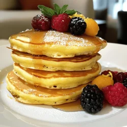 - 1 cup ricotta cheese - 3 large eggs - 1/2 cup milk - 1/4 cup granulated sugar - Zest of 1 vibrant lemon - 2 tablespoons fresh lemon juice - 1 teaspoon pure vanilla extract - 1 cup all-purpose flour - 1 tablespoon baking powder - 1/4 teaspoon salt - Butter or oil for cooking - Maple syrup and fresh berries for serving When I create lemon ricotta pancakes, I always start with high-quality ingredients. The ricotta cheese is key. It gives the pancakes their rich and creamy texture. I prefer using whole milk ricotta for the best results. Fresh lemon zest brings a bright, zesty flavor. It wakes up the dish and makes every bite delightful. Using fresh lemon juice is also important. It enhances the flavor and keeps the pancakes light. I often squeeze the lemons right before using them. This ensures the juice is fresh and flavorful. For the flour, I use all-purpose flour since it gives the right structure. Baking powder helps the pancakes rise and stay fluffy. A pinch of salt rounds out the flavors, making them all pop. Cooking with butter or oil is a personal choice. I love the rich taste of butter, but oil works well too. Lastly, I like to serve these pancakes with maple syrup and fresh berries. They add sweetness and a pop of color to the plate. - Calories per serving: Approx. 250 - Macros: Protein 9g, Carbs 37g, Fats 9g - Vitamin content: High in Vitamin C from lemon and calcium from ricotta The nutritional information gives you a good idea of what you're eating. Each serving has about 250 calories, making it a satisfying breakfast or brunch option. With 9 grams of protein, these pancakes help keep you full. The carbs mainly come from flour and sugar, providing energy to start the day. - Best types of ricotta cheese: Look for whole milk or fresh ricotta. Avoid low-fat versions as they lack richness. - Fresh vs. dried lemon zest: Fresh zest has a stronger flavor. Dried zest can be used, but it won't be as bright. - Importance of fresh ingredients: Fresh ingredients make a big difference. They enhance flavor and improve texture. Always choose the best for great results. 1. Combine wet ingredients: Start by taking a large mixing bowl. Add 1 cup of ricotta cheese, 3 large eggs, and 1/2 cup of milk. Toss in 1/4 cup of granulated sugar, the zest of 1 vibrant lemon, 2 tablespoons of fresh lemon juice, and 1 teaspoon of pure vanilla extract. Use a whisk to mix until the mixture is smooth. 2. Mix dry ingredients: In a different bowl, sift together 1 cup of all-purpose flour, 1 tablespoon of baking powder, and 1/4 teaspoon of salt. This step makes sure the baking powder spreads evenly. 1. Preheating the skillet: Place a non-stick skillet or griddle over medium heat. Add a small pat of butter or a drizzle of oil to coat the surface. This prevents the pancakes from sticking. 2. Cooking time tips: Pour about 1/4 cup of batter onto the hot skillet for each pancake. Cook until you see bubbles on the surface and the edges look set, which takes about 2-3 minutes. Carefully flip the pancakes with a spatula. Cook for another 2-3 minutes until they turn a nice golden brown. 1. How to serve pancakes: Once the pancakes are cooked, place them on a plate. Keep them warm while you finish cooking the rest. Serve the pancakes hot, topped with silky maple syrup and a colorful mix of fresh berries. 2. Presentation ideas: For a lovely presentation, stack the pancakes high on a serving plate. Dust with powdered sugar and add extra lemon zest and a sprig of fresh mint for a pop of color. This makes your dish as beautiful as it is tasty. For the full recipe, refer to the earlier section. To get fluffy pancakes, don't over-mix the batter. Over-mixing makes the pancakes dense. Gently fold the flour into the wet mix. A few lumps are okay; they help the pancakes rise. Also, the right cooking temperature matters. Use medium heat for even cooking. If the skillet is too hot, the outside cooks fast, but the inside stays raw. If it’s too low, the pancakes turn dry. Many cooks overcook or undercook their pancakes. Overcooked pancakes become tough and dry. Under-cooked ones are gooey and unappealing. Keep an eye on the bubbles forming; they signal when to flip. Watch your ingredient ratios too. Too much flour makes the pancakes heavy. Too little results in a runny batter that won't hold shape. Stick to the Full Recipe for the best balance. To add more fun, try mix-ins like blueberries or chocolate chips. They bring extra sweetness and texture. You can also use spices like cinnamon or nutmeg for warm notes. A hint of vanilla pairs nicely with lemon, enhancing the flavor further. Experiment to find your favorite combinations! {{image_4}} You can easily change the taste of your lemon ricotta pancakes. Try adding fruits or nuts. Blueberries, raspberries, or chopped pecans add great flavor. You can mix them into the batter before cooking. This makes each bite a surprise! You can also switch up the citrus. Instead of lemon, try orange zest or juice. This change gives a sweet twist to the pancakes. You can even mix lemon and orange for a bright flavor. If you need a gluten-free option, use almond flour or a gluten-free blend. This will keep your pancakes fluffy and tasty. Just make sure to adjust the liquids in the batter. For those who want a dairy-free version, replace the ricotta with tofu or coconut yogurt. Use a plant-based milk like almond milk. This keeps your pancakes creamy without dairy. You can get creative with how you serve these pancakes. Maple syrup is classic, but you can try honey or agave. Drizzle your syrup over warm pancakes for a sweet touch. For toppings, fresh berries work well. You can also add whipped cream, yogurt, or even a dollop of lemon curd. Get adventurous! Each topping changes the dish. For the full recipe, check out the complete instructions above. To store leftover lemon ricotta pancakes, place them in an airtight container. Make sure they cool down before sealing to avoid moisture. Store them in the fridge for up to three days. If you want to enjoy them later, freezing is a great option. To freeze pancakes, stack them with parchment paper between each layer. This keeps them from sticking together. Wrap the stack tightly in plastic wrap and then place it in a freezer-safe bag. They can stay fresh for up to two months. When you're ready to enjoy them, reheat in the toaster or microwave. Leftover pancakes can be a fun base for new meals. Try cutting them into strips and adding them to a breakfast burrito. You can also layer them in a parfait with yogurt and fruit. Another idea is to use them in a sweet bread pudding. The options are endless! Keep that creativity flowing. For the complete recipe, check out the Full Recipe section. Lemon ricotta pancakes stand out because of their unique texture and flavor. The ricotta cheese adds a creamy richness, making them fluffy and light. The lemon zest and juice bring a fresh, bright taste that wakes up your palate. This combination creates a lovely balance between sweet and tangy. You will find that each bite feels like a little celebration. Yes, you can prepare the pancake batter in advance. Mix the wet and dry ingredients separately and store them in the fridge. When you’re ready to cook, simply combine the two. This method saves time on busy mornings. Just remember to give the batter a gentle stir before you cook. This keeps your pancakes light and fluffy. You can serve lemon ricotta pancakes with many tasty sides. A drizzle of maple syrup adds sweetness. Fresh berries like strawberries, blueberries, or raspberries brighten the dish. You might also try whipped cream for extra creaminess. For a fun twist, serve them with yogurt or a fruit compote. These toppings complement the pancakes' lemon flavor well. To check if your pancakes are done, look for a few signs. Bubbles will form on the surface, and the edges will start to set. When you flip them, they should be a golden brown color. The pancakes should feel firm but spring back slightly when you press them. This way, you know they are perfectly cooked and ready to eat. Lemon ricotta pancakes bring a unique twist to your breakfast. You learned about key ingredients, cooking steps, and tips for fluffy pancakes. Quality matters, so use fresh ingredients. Remember, variations and toppings can enhance your dish. Store extras wisely for later enjoyment. These pancakes are easy to prepare and fun to customize. Try them out, impress your family, and savor each bite. Enjoy the delightful flavors that make breakfast special!