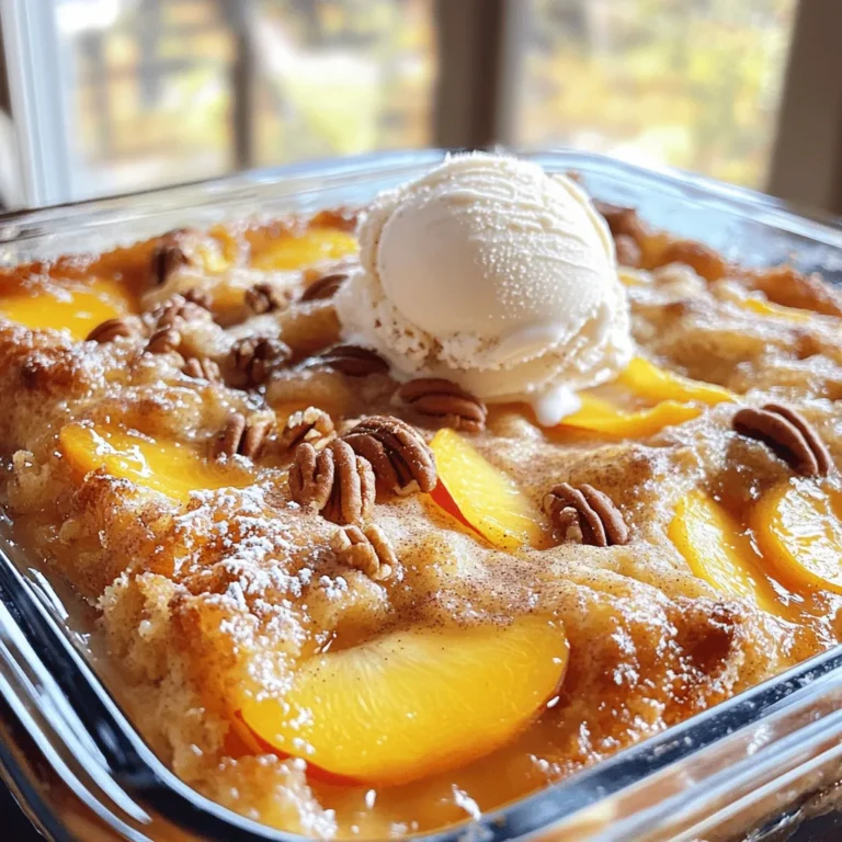 Let’s talk about what you need for this simple and tasty Peach Cobbler Dump Cake. The ingredients are easy to find and will make your dessert shine. - 2 cans (15 oz each) sliced peaches in syrup, thoroughly drained - 1 box yellow cake mix (15.25 oz) - 1 stick of unsalted butter (1/2 cup), melted - 1 teaspoon ground cinnamon - 1/2 teaspoon pure vanilla extract - 1/4 cup brown sugar, packed - 1 cup chopped pecans (optional) - Serving suggestions: vanilla ice cream or fresh whipped cream These ingredients blend perfectly. The peaches bring sweetness, while the cake mix offers a nice base. Melting butter adds richness. Ground cinnamon and vanilla give depth to flavor. Brown sugar adds a caramel-like sweetness, and pecans (if you like) give a crunchy twist. For serving, top with a scoop of vanilla ice cream or a dollop of fresh whipped cream. This creates a creamy balance to the warm cake. For the full recipe, check out the Peach Paradise Dump Cake . Enjoy making this easy dessert! Start by preheating your oven to 350°F (175°C). This step gets your oven ready for baking. A hot oven helps the cake rise well. Next, take a 9x13 inch baking dish. Lightly grease it with butter or non-stick spray. Then, place the drained peach slices evenly at the bottom. Make sure they cover the dish. Now, gather your ingredients. You will need: - 2 cans (15 oz each) sliced peaches in syrup, thoroughly drained - 1 box yellow cake mix (15.25 oz) - 1 stick of unsalted butter (1/2 cup), melted - 1 teaspoon ground cinnamon - 1/2 teaspoon pure vanilla extract - 1/4 cup brown sugar, packed - 1 cup chopped pecans (optional) In a medium bowl, mix the yellow cake mix, ground cinnamon, and brown sugar. Stir it well so the spices blend. Next, sprinkle this mixture over the peach layer. Make sure to cover the peaches fully. Pour the melted butter evenly over the cake mix layer. This will create a nice, rich crust. If you want extra crunch, add the chopped pecans on top. Place the dish in the oven and bake for 45-50 minutes. Look for a golden brown top and bubbly edges to know it's ready. After baking, take the dump cake out of the oven. Let it cool for about 10 minutes. This cooling time helps the cake set. For serving, dish out warm slices and top each with vanilla ice cream or whipped cream for a delicious treat. Enjoy your Peach Cobbler Dump Cake! To get the best texture, let your dump cake cool for about 10 minutes before serving. This cooling time helps it set up nicely. If you want a crispier top, bake it a bit longer. Keep an eye on it to avoid burning. The top should be golden brown and the edges bubbly. Want to boost the flavor? Add a pinch of nutmeg along with the cinnamon. This gives your cake a warm, cozy taste. You can also mix in some fresh lemon juice to brighten the flavors. For a fun twist, try adding some almond extract instead of vanilla. It pairs well with peaches and adds depth. Every oven is different. Start checking your cake at 45 minutes, but it might need up to 50 minutes. If the top looks too brown, cover it with foil to finish baking. The key is to wait until the top is golden and the edges are bubbling. This means it’s ready to enjoy! For the full recipe, check out [Full Recipe]. {{image_4}} You can switch up the peaches for other fruits. Use cherries, blueberries, or apples. Each fruit adds its own flavor. Blueberries give a sweet and tart taste, while cherries add a juicy burst. Apples bring a slight crunch and a hint of spice. You can mix fruits too. A blend of peaches and blueberries works great. Just keep the same amounts as in the full recipe. If you need a gluten-free version, use a gluten-free cake mix. Many brands offer tasty options. Check labels to ensure they are certified gluten-free. You can also make your own mix. Combine almond flour, coconut flour, and baking powder. This way, you get a soft and tasty cake without gluten. If you have nut allergies, skip the pecans. The cake will still taste great without them. You can sprinkle some oats for texture instead. Oats add a nice chewiness and are safe for most diets. If you want a crunch, consider using crushed cookies or graham crackers. They will add a sweet crunch without nuts. To store leftover peach cobbler dump cake, let it cool first. Place it in an airtight container. This helps keep it fresh. You can also cover it tightly with plastic wrap. Store it in the fridge for up to three days. The flavors will blend nicely while it chills. If you want to save some for later, freezing is a great option. Cut the dump cake into slices. Wrap each slice in plastic wrap. Then, place all the wrapped slices in a freezer bag. Remove as much air as possible. You can freeze it for up to three months. When you're ready to enjoy, just thaw it in the fridge overnight. To reheat leftover dump cake, place it in the microwave. Heat it for about 30 seconds to one minute. Check to make sure it's warm all the way through. You can also reheat it in the oven. Preheat the oven to 350°F (175°C). Place the cake in an oven-safe dish and cover it with foil. Bake for about 10-15 minutes. Enjoy it warm with a scoop of ice cream or whipped cream! A dump cake is a simple dessert. You mix fruits and cake mix in one dish. It bakes into a sweet, cake-like treat. The fun part? You just "dump" the ingredients in layers! This makes it quick and easy, perfect for busy days. Yes, you can use fresh peaches! Just peel and slice them. You need about 4 cups of sliced peaches. Make sure they are ripe for the best flavor. Fresh peaches add a bright taste. They can make your dump cake even better! Your dump cake is done when the top is golden brown. Look for bubbly edges around the sides. A toothpick test works too! If it comes out clean, it’s ready to enjoy. Let it cool for 10 minutes before serving for the best texture. You can prepare the dump cake ahead of time. Just cover it and store it in the fridge. Bake it the next day for a warm treat. If you do bake it early, store leftovers well. Reheat them in the oven for the best taste. Serve Peach Cobbler Dump Cake warm. It pairs perfectly with vanilla ice cream. A scoop of whipped cream also works great. For a fancy touch, sprinkle a little cinnamon on top. This adds flavor and looks nice for guests. For the full recipe, check the details above! This blog post showcased a simple and tasty peach dump cake recipe. You learned about the main ingredients, step-by-step instructions, and helpful tips. Variations allow for creativity with fruits and dietary needs. In summary, this dessert is easy to make and perfect for any occasion. Whether you serve it warm or cold, it satisfies cravings deliciously. Enjoy making it and sharing with others!
