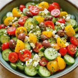 - 1 large cucumber, diced - 2 cups cherry tomatoes, halved - 1 cup red bell pepper, diced - 1 cup Kalamata olives, pitted and halved - 1 small red onion, finely chopped - 1 cup feta cheese, crumbled - 1/4 cup extra virgin olive oil - 2 tablespoons red wine vinegar (or lemon juice) - 1 teaspoon dried oregano - Salt and pepper to taste - Fresh parsley, chopped Let’s talk about the ingredients in a chopped Greek salad. The base of this salad is fresh and colorful. I always start with a large cucumber. I dice it into bite-sized pieces for a nice crunch. Next, I add two cups of cherry tomatoes. Halving them gives a sweet burst of flavor. I then choose a red bell pepper for its sweetness. One cup, diced, adds great color and taste. Kalamata olives bring a briny touch. I use one cup, pitted and halved, for the perfect bite. A small red onion, finely chopped, adds sharpness. The feta cheese is the star. I crumble one cup into the mix for richness and creaminess. Now for the dressing! I whisk together 1/4 cup of extra virgin olive oil and 2 tablespoons of red wine vinegar. If you prefer, fresh lemon juice works well too. A teaspoon of dried oregano gives it that classic Greek flavor. I add salt and pepper to taste. For a pop of green, I love to sprinkle fresh parsley on top. It adds a fragrant finish and makes the salad look beautiful. This chopped Greek salad is fresh and full of vibrant flavors. For the full recipe, check out the details above. Enjoy! - Combine diced cucumber, halved tomatoes, diced bell pepper, chopped onion, and olives in a large bowl. - Mix ingredients gently to create a colorful and fresh base. - Fold in the crumbled feta cheese carefully. - Ensure not to mash the cheese for better texture. - Whisk together olive oil, vinegar (or lemon juice), oregano, salt, and pepper in a separate bowl. - Emulsify the dressing for optimal flavor distribution. - Drizzle the dressing over the salad mix. - Toss gently to coat all ingredients evenly. - Allow the salad to rest for 10-15 minutes for flavors to meld. - Sprinkle freshly chopped parsley before serving for added freshness. This method brings out the best in each ingredient, creating a vibrant salad. If you want to dive deeper into the full experience, check the Full Recipe to explore more tips and variations. Enjoy every bite of this delightful dish! - Use a sharp knife for clean cuts on vegetables. - Consider using a mandoline for uniformly sliced veggies. Chopping fresh vegetables can be fun. A sharp knife makes it easy. You get clean cuts that look nice. A mandoline is great for slicing, too. It gives you even pieces quickly. This helps your salad look professional. - Let the salad sit for longer for deeper taste integration. - Adjust seasoning according to personal preference. To make your salad taste amazing, let it rest. This allows the flavors to mix well. Try waiting at least 10 minutes before serving. Taste it, and add more salt or pepper if needed. Everyone likes different flavors, so adjust as you like. - Serve in a large bowl for family-style dining. - Garnish with extra feta and a drizzle of olive oil for appeal. For a great look, use a large bowl. It invites everyone to dig in. You can also add more feta on top. A drizzle of olive oil makes it shine. This makes your salad not just tasty, but also pretty! Enjoy making this chopped Greek salad. For the complete instructions, check the full recipe. {{image_4}} When you make Chopped Greek Salad, you can try different twists to keep it exciting. Here are some fun variations to consider. - Include chickpeas or grilled chicken for protein: Chickpeas add a nice crunch and protein. Grilled chicken makes the salad more filling. - Swap olives for capers for a tangy twist: If you want a zesty kick, use capers instead of olives. They bring a bold flavor that can surprise your taste buds. - Use seasonal vegetables like zucchini or bell peppers: Adjust the salad based on what’s fresh. Zucchini or vibrant bell peppers can give it a new look and taste. - Experiment with herbs like dill or mint for fresh flavor: Try adding fresh herbs. Dill or mint can brighten the salad and enhance its taste. - Omit feta or substitute with vegan feta: If you are vegan, leave out the feta. Vegan feta can still provide that creamy texture. - Enhance with avocado for creaminess: Add sliced or diced avocado. It gives a creamy touch and makes the salad heartier. These variations let you enjoy Chopped Greek Salad in many ways. You can find the Full Recipe above to start your culinary adventure! Store leftovers in an airtight container for up to 3-4 days. I find it best if you consume the salad fresh. If you must refrigerate it, keep the dressing on the side. This will help maintain the crispness of the veggies. I do not recommend freezing this salad. Freezing changes the texture of the veggies. For the best taste and feel, prepare this salad fresh as needed. If you have leftovers, you can refresh the flavor. Toss in some fresh veggies or a bit more dressing. You can also serve it on top of grilled meats or in wraps. This way, you can enjoy the salad’s bright flavors even after storing it. To make your Chopped Greek Salad taste fresher, use high-quality ingredients. Fresh veggies and cheese enhance the salad's bright flavors. After mixing, let the salad rest for a few minutes. This helps the flavors blend and creates a more vibrant taste. You can prepare Chopped Greek Salad a few hours before serving. However, it is best when made fresh. If you need to prepare it early, store the dressing separately. Mix it in just before serving to keep the salad crisp. Chopped Greek Salad pairs well with grilled meats, like chicken or lamb. It also complements pita bread and dips. You can serve it as a side dish at barbecues or picnics. This makes it a versatile choice for any meal. Yes, Chopped Greek Salad is gluten-free. Just ensure that all dressing components are gluten-free. Most ingredients in the salad do not contain gluten. This makes it a safe option for those with gluten sensitivities. To keep your salad crunchy, avoid adding too much dressing. Excess dressing can make the veggies soggy. Store the salad without dressing until you're ready to serve. This way, it will maintain its fresh and crunchy texture. For more on making this delightful dish, check out the Full Recipe. Chopped Greek Salad is easy to make and full of flavor. Using fresh ingredients like cucumbers, tomatoes, and feta gives it life. With simple steps and some helpful tips, you can prepare this salad in no time. Try it your way by adding proteins or changing up the veggies. Remember, it's best fresh, but you can store leftovers for later. Enjoy your colorful and tasty salad as a side or main dish—it's the perfect way to eat healthy and delicious!