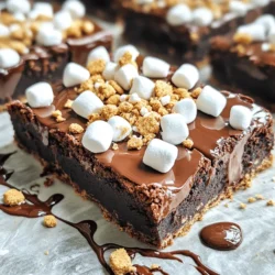 To create the best S'mores Brownie Bars, gather these simple ingredients: - 1 cup unsalted butter, melted - 2 cups granulated sugar - 1 cup dark brown sugar, packed - 4 large eggs - 1 teaspoon pure vanilla extract - 1 1/2 cups all-purpose flour - 1 cup unsweetened cocoa powder - 1/2 teaspoon baking powder - 1/2 teaspoon fine sea salt - 1 cup semi-sweet chocolate chips - 1 cup mini marshmallows - 1 cup finely crushed graham crackers - Additional mini marshmallows and chocolate pieces for topping These ingredients come together to make a rich, gooey treat with the perfect balance of flavors. Each ingredient plays a role. The butter adds moisture, while the sugars give it sweetness. The eggs bind everything together, creating a chewy texture. Cocoa powder packs in that deep chocolate flavor, and the marshmallows and graham crackers bring the classic s’mores taste. Using high-quality chocolate chips will enhance the flavor of your bars. I always recommend semi-sweet for that perfect blend of sweet and rich. The mini marshmallows give you those delightful bites of gooeyness that everyone loves. For the best results, make sure your butter is fully melted and your eggs are at room temperature. This helps the ingredients mix well and creates a smooth batter. Follow the Full Recipe for precise measurements and instructions to ensure your S'mores Brownie Bars turn out perfectly delicious! - Preheat your oven to 350°F (175°C). - Prepare a 9x13-inch baking pan. You can grease it lightly or line it with parchment paper for easy removal later. - In a large bowl, combine 1 cup of melted butter, 2 cups of granulated sugar, 1 cup of dark brown sugar, 4 large eggs, and 1 teaspoon of pure vanilla extract. Mix until smooth. - In a separate bowl, sift together 1 1/2 cups of all-purpose flour, 1 cup of unsweetened cocoa powder, 1/2 teaspoon of baking powder, and 1/2 teaspoon of fine sea salt. Gradually add this dry mix to the wet ingredients. Stir gently until just combined. - Pour half of the brownie batter into the prepared pan. Spread it evenly using a spatula. - Sprinkle 1 cup of mini marshmallows over this first layer. Then add the rest of the brownie batter on top. Use the spatula to cover the marshmallows gently. - For extra gooeyness, top with more mini marshmallows and chocolate pieces. - Place the pan in the oven and bake for 25-30 minutes. To check for doneness, insert a toothpick into the center. It should come out with a few moist crumbs. Be careful not to overbake! Follow these steps, and you will create S'mores Brownie Bars that are a chocolate lover's dream. For the complete recipe, refer to the full recipe section. To make your brownies fudgy, avoid overmixing. When you mix too much, they become tough. Gently fold in the dry ingredients until just combined. This keeps your brownies soft. Check for doneness correctly. Insert a toothpick into the center. If it comes out with a few moist crumbs, they are ready. If it’s clean, you may have overbaked them. Serve the brownie bars while still warm. Drizzle warm chocolate sauce on top for a rich flavor. A sprinkle of crushed graham crackers adds a nice crunch. For a fun touch, add a dollop of whipped cream beside the bars. Mismeasuring ingredients can ruin your brownies. Always use the correct measuring cups and spoons. A little too much flour can make them dry. Not cooling properly before cutting is another mistake. Let the brownies cool completely in the pan. If you cut them too soon, they will fall apart. Enjoy every delicious bite of your S'mores Brownie Bars with these tips! {{image_4}} To make your S'mores Brownie Bars gluten-free, swap the all-purpose flour for a gluten-free blend. Look for blends that contain xanthan gum for the best results. You can also use almond flour for a nutty twist. Just remember to adjust the liquid slightly since almond flour absorbs more moisture. Get creative with your S'mores Brownie Bars! You can add nuts like walnuts or pecans for crunch. Dried fruits like cherries or cranberries can add a sweet touch. If you love chocolate, try mixing in white or milk chocolate chips along with the semi-sweet ones. This adds depth to the flavor and makes each bite special. Change up the flavors with the seasons! In the fall, add pumpkin spice to the batter for a warm flavor. During the holidays, try mixing in peppermint extract or crushed candy canes. These small changes can make your S'mores Brownie Bars feel fresh and exciting all year round. Store your s’mores brownie bars at room temperature. Use an airtight container to keep them fresh. If you have a warm kitchen, you might want to refrigerate them. But, chilling can change their texture. If you want the best taste, let them sit out for a while before serving. To freeze your brownie bars, cut them into squares. Wrap each piece in plastic wrap. Then, place them in a freezer bag. This keeps them fresh for up to three months. When you want one, let it thaw in the fridge overnight. If you're in a hurry, you can leave it out at room temperature. These brownie bars stay fresh for about one week at room temperature. If you store them in the fridge, they can last up to two weeks. For the best taste, eat them within the first few days. After that, they may start to dry out. For the full recipe, check back to make these delicious treats! Yes, you can use different types of chocolate. You can swap semi-sweet chocolate chips for milk chocolate or dark chocolate. Each type brings its own flavor. For a richer taste, use dark chocolate. If you prefer sweeter bars, try milk chocolate. You can even mix different chocolates for a unique blend. To check if the brownies are done, insert a toothpick into the center. If it comes out with a few moist crumbs, your brownies are ready. If the toothpick is clean, they might be overbaked. Keep an eye on the time, but remember that every oven is different. Yes, you can make these bars ahead of time! Bake the bars and let them cool. Once cool, wrap them tightly in plastic wrap. They can stay fresh at room temperature for up to three days. You can also refrigerate them for a week. Just remember to warm them slightly before serving for that gooey texture. Got leftover graham crackers or chocolate? You can crush the leftover graham crackers and sprinkle them on ice cream. Use leftover chocolate in your morning oatmeal or melted over fruit. You can even make s'mores with leftover ingredients. Just gather some marshmallows and chocolate for a quick treat! This blog post has covered everything you need for perfect brownie bars. We explored the key ingredients, step-by-step instructions, and helpful tips. You learned how to avoid common mistakes and make tasty variations. Final thoughts: With these tips, you can create delicious brownies with ease. Enjoy experimenting and making these treats your own. Happy baking!
