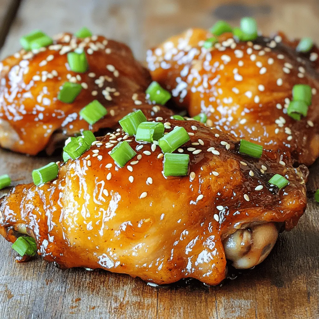 - 4 bone-in, skin-on chicken thighs - 1/4 cup honey - 1/4 cup low-sodium soy sauce - 2 cloves garlic, finely minced - 1 tablespoon fresh ginger, grated - 1 tablespoon rice vinegar - 1 teaspoon toasted sesame oil - 1/2 teaspoon freshly ground black pepper - 1/4 teaspoon crushed red pepper flakes (optional) - Garnishes: 2 green onions, sesame seeds Choosing the right ingredients makes all the difference. First, I always pick bone-in, skin-on chicken thighs. They hold moisture well and add flavor. Honey gives sweetness, while soy sauce adds saltiness. Garlic and ginger bring a warm kick. Together, these create a rich marinade. The rice vinegar adds a slight tang, balancing the sweetness. Toasted sesame oil enhances the flavor with a nutty taste. Black pepper brings just the right amount of spice. If you want extra heat, add crushed red pepper flakes. For garnishes, I love using sliced green onions and sesame seeds. They add color and crunch to the dish. This combination makes your Honey Soy Glazed Chicken not only tasty but also beautiful. When you gather these ingredients, you set the stage for a delicious meal. For the full recipe, check out the next section! First, gather all your marinade ingredients. You will need honey, soy sauce, minced garlic, grated ginger, rice vinegar, sesame oil, black pepper, and crushed red pepper flakes. In a large bowl, whisk these ingredients together until mixed well. Next, take your chicken thighs and put them in a zip-top bag or a shallow dish. Pour the marinade over the chicken, making sure it is fully coated. Seal the bag or cover the dish and place it in the fridge. Let it marinate for at least one hour. For the best flavor, marinate overnight. When you're ready to cook, preheat your oven to 400°F (200°C). This will help the chicken cook evenly. Take the marinated chicken out of the fridge and let any excess marinade drip off. Arrange the chicken thighs skin-side up on a baking sheet. I like to line the sheet with aluminum foil or parchment paper for easy cleanup. Bake the chicken for about 35 to 40 minutes. You know it's done when the internal temperature reaches 165°F (75°C) and the skin is crispy. If you want, baste the chicken with the reserved marinade for extra flavor in the last 10 minutes. While the chicken bakes, you can make a tasty sauce from the leftover marinade. In a small saucepan, bring the reserved marinade to a boil. After it boils, reduce the heat and let it simmer for 5 to 10 minutes. Stir it occasionally to help it thicken. Once done, drizzle the sauce over the baked chicken for added flavor and shine. This step is optional but highly recommended for an extra layer of taste. - Overnight marination for deeper flavor: Marinating your chicken overnight makes a big difference. The flavors soak in well. You get a more intense taste that excites your palate. - Adding citrus for enhanced brightness: Consider adding some lemon or lime juice. The citrus brightens the dish. It balances the sweetness of honey and the saltiness of soy sauce. - Use aluminum foil or parchment for easy cleanup: Line your baking sheet with aluminum foil. This makes cleanup a breeze. Just toss the foil away after cooking. - Basting the chicken for extra moisture: Use a spoon to baste the chicken. Pour some reserved marinade over it during the last 10 minutes. This keeps the chicken juicy and adds flavor. - Pairing with sides like steamed rice: Serve your honey soy glazed chicken over a bed of steamed rice. The rice absorbs the delicious sauce. It’s a perfect match! - Presentation tips for a beautiful dish: For a stunning look, serve the chicken on a rustic wooden board. Drizzle extra sauce around the plate. Sprinkle sesame seeds for an elegant touch. {{image_4}} You can swap chicken for tofu or shrimp. Tofu works well with the honey soy glaze. Make sure to press the tofu to remove excess water. For shrimp, choose medium to large shrimp for best results. Adjust cooking times based on your protein choice. Shrimp cooks fast; about six to eight minutes is all you need. Tofu may need a bit longer to crisp up. To boost flavors, add spices or herbs. Five-spice powder gives a nice twist. You can also try fresh herbs like cilantro or basil. Different types of vinegar can change the taste too. Rice vinegar is mild, while apple cider vinegar adds a tangy kick. Experiment until you find your favorite mix. Incorporate Asian influences by adding sesame or scallions. Toasted sesame seeds add crunch and flavor. For a Western twist, mix in barbecue elements. A dash of your favorite barbecue sauce can give a smoky flavor. This makes the dish unique and exciting. Don't be afraid to get creative! To keep your honey soy glazed chicken fresh, store it in the fridge. Place it in an airtight container. This helps maintain its juicy flavor. Eat it within three to four days for the best quality. You can freeze cooked honey soy glazed chicken for later use. First, let it cool to room temperature. Then, wrap each piece tightly in plastic wrap. Place the wrapped chicken in a freezer bag. This will help keep the chicken fresh for up to three months. When you're ready to eat, take it out to thaw in the fridge overnight. This helps retain the best texture. When reheating, keep the chicken moist. The best way is to use the oven. Preheat it to 350°F (175°C). Place the chicken on a baking sheet and cover it with foil. This prevents it from drying out. Heat for about 15–20 minutes until warm. If you want to avoid sogginess, skip the microwave. The oven gives you that nice, crispy skin again. The best way to cook honey soy glazed chicken is to bake it. Baking gives the chicken a crispy skin while keeping it juicy inside. Here’s how to do it right: - Preheat your oven to 400°F (200°C). - Marinate the chicken thighs well before cooking. This adds a lot of flavor. - Arrange them skin-side up on a lined baking sheet. - Bake for 35-40 minutes until the internal temperature reaches 165°F (75°C). - Baste with leftover marinade for extra taste during the last few minutes. This method gives you a tender and flavorful chicken that shines on your plate. Yes, you can make honey soy glazed chicken in advance. Here are some tips: - Marinate the chicken a day ahead. It deepens the flavor. - You can also bake it ahead of time and store it in the fridge. - Reheat in the oven at 350°F (175°C) until warmed through. This makes meal prep easy and saves time on busy days. Many sides pair nicely with honey soy glazed chicken. Here are some popular choices: - Steamed rice is a classic. It soaks up the glaze well. - Stir-fried vegetables add color and crunch. - A fresh cucumber salad provides a cool contrast. - Roasted sweet potatoes offer a sweet balance to the dish. These sides complement the chicken and make a complete meal. You can store honey soy glazed chicken safely in the fridge. Follow these guidelines: - Keep it in an airtight container. - It lasts about 3-4 days in the refrigerator. - If you freeze it, it can last up to 3 months. Always check for freshness before eating. Enjoy your delicious meal! In this post, we explored making honey soy glazed chicken with simple steps. We covered essential ingredients, marinating techniques, and baking tips. You learned how to enhance flavors and serve this dish beautifully. Remember to store leftovers properly to keep them tasty. Try different proteins or regional twists for variety. Enjoy cooking and experimenting—you can make this dish your own!