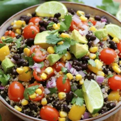 The main ingredients make the salad tasty and colorful. Here’s what you need: - 1 cup quinoa, thoroughly rinsed - 2 cups vegetable broth or water - 1 can (15 oz) black beans, drained and rinsed - 1 cup corn kernels (can use fresh or frozen) - 1 bell pepper (choose red or yellow), diced - 1 cup cherry tomatoes, halved - 1 ripe avocado, diced - 1/4 cup red onion, finely chopped - 1/4 cup fresh cilantro, chopped These ingredients give the salad a strong flavor and great texture. You’ll enjoy the crunch from the bell pepper and the creaminess from the avocado. Want to make your salad even better? Here are some fun add-ins: - Chopped jalapeños for heat - Sliced olives for a briny taste - Diced cucumber for crispness - Grated cheese for creaminess - Chopped green onions for a fresh bite Feel free to mix and match these options. They can add new tastes and textures to your salad. The dressing brings all the flavors together. You will need: - Juice from 2 fresh limes - 2 tablespoons extra virgin olive oil - 1 teaspoon ground cumin - 1 teaspoon chili powder - Salt and pepper to taste This zesty dressing pairs well with the salad. If you want a twist, try these alternatives: - Use lemon juice instead of lime for a different zing. - Swap out olive oil for avocado oil for a richer taste. - Add a dash of hot sauce for extra spice. With these ingredients, you can create a vibrant Tex Mex Quinoa Salad that’s both healthy and delicious. For the complete recipe, check out the [Full Recipe]. Start by rinsing your quinoa in cold water. This step helps remove any bitterness. In a medium pot, combine 1 cup of rinsed quinoa with 2 cups of vegetable broth or water. Heat this on medium-high until it boils. Once it starts boiling, turn the heat down to low. Cover the pot and let it simmer for about 15 to 20 minutes. The quinoa will be ready when it's soft and has absorbed all the liquid. Fluff it gently with a fork and let it cool for a few minutes. While the quinoa cools, grab a large mixing bowl. Add 1 can of drained black beans, 1 cup of corn kernels, and a diced bell pepper. Cherry tomatoes add a nice touch, so toss in 1 cup of halved ones. Don't forget to add 1 ripe diced avocado, 1/4 cup of finely chopped red onion, and 1/4 cup of fresh chopped cilantro. Mix these ingredients gently to combine the flavors. In a small bowl, prepare the dressing. Squeeze the juice from 2 limes into the bowl. Add 2 tablespoons of extra virgin olive oil, 1 teaspoon of ground cumin, and 1 teaspoon of chili powder. Season with salt and pepper. Whisk everything together until it's well blended. This dressing will add a zesty kick to your salad. Now, it’s time to bring it all together. Add the cooled quinoa into the large bowl with the salad ingredients. Drizzle the dressing over the top. Gently toss everything to coat all the ingredients evenly. Taste your salad and tweak the seasoning if needed. You might want to add more lime juice or salt. Serve the salad right away, or chill it for 30 minutes to let the flavors mix well. Enjoy this fresh and tasty Tex Mex quinoa salad! You can find the Full Recipe to make it even easier. To cook quinoa well, start with rinsing it. This step removes any bitter taste. Use two cups of vegetable broth or water for each cup of quinoa. Bring it to a boil in a medium pot. Once boiling, lower the heat and cover it. Let it simmer for about 15 to 20 minutes. When finished, the quinoa should be fluffy and all the liquid absorbed. Let it cool before adding it to the salad. When chopping veggies, keep your knife sharp. A sharp knife makes clean cuts. Cut the bell pepper into small cubes for even bites. For the cherry tomatoes, slice them in half to release some juices. Dice the red onion finely, so it blends well in the salad. Always keep your fingers tucked in while cutting. This helps you avoid cuts and keeps your hands safe. Herbs and spices can take your salad to new heights. Fresh cilantro adds a bright taste that pairs well with the lime. Cumin and chili powder give it a warm, spicy kick. Feel free to adjust these spices to match your taste. A little more lime juice can also boost the flavor. Experimenting with different herbs can lead to unique tastes. Consider adding fresh basil or parsley for a twist. For the best results, taste as you go and adjust as needed. {{image_4}} This Tex Mex Quinoa Salad is naturally gluten-free. Quinoa is a great base since it does not contain gluten. You can also use fresh ingredients like bell peppers and tomatoes, ensuring they are free from gluten. This means you can enjoy this dish without worry. Always check labels when you buy canned goods. Some may have hidden gluten. Want to boost the protein? Add grilled chicken, shrimp, or tofu. Each option gives a unique taste. Consider diced grilled chicken for a classic touch. Shrimp adds a seafood vibe. Tofu is perfect for a vegetarian option. You could also mix in some cheese, like feta or cotija, for extra flavor. Use seasonal veggies to keep things fresh. In summer, try adding fresh corn or zucchini. In fall, roasted butternut squash adds warmth. Winter is great for using hearty greens like spinach or kale. Each season offers a chance to change the salad's taste. This keeps your meals exciting and helps you use what is fresh and local. For the full recipe, check the section above! After enjoying your Tex Mex quinoa salad, store any leftovers in the fridge. First, let the salad cool to room temperature. Then, place it in an airtight container. This keeps the salad fresh and ready for your next meal. You can enjoy it cold or at room temperature. Use glass or BPA-free plastic containers for storing your salad. Glass containers are great because they do not stain or hold odors. Make sure the container has a tight lid to keep air out. This helps prevent the salad from getting soggy. If you want to keep the avocado fresh, store it separately. Add it just before serving for the best taste. You can reheat the quinoa salad, but it’s best served cold. If you prefer warm salad, gently heat it in a skillet over low heat. Stir it often to avoid burning. You can also add a splash of lime juice to enhance the flavor. If you have avocado in the salad, skip reheating to keep it fresh and creamy. For a quick meal, enjoy the salad straight from the fridge. It’s still delicious! Yes, you can make Tex Mex Quinoa Salad ahead of time. It tastes great when chilled. I often prepare it a day in advance. This lets the flavors blend well. Just store it in an airtight container in the fridge. Before serving, give it a good stir. If you need a substitute for avocado, try using Greek yogurt. It adds creaminess and tang. You could also use diced mango for a sweet twist. If you want crunch, try adding diced cucumber. Each option changes the flavor and texture a bit. Tex Mex Quinoa Salad can last up to three days in the fridge. It stays fresh if kept in a sealed container. After that, the veggies may lose their crunch. If you notice any changes in smell or color, it’s best to toss it out. You can serve Tex Mex Quinoa Salad in many ways. It works great as a side dish at barbecues. You can also serve it as a main dish with grilled chicken or shrimp on top. For a fun twist, try using it as a filling for tacos or wraps. This blog post covered how to make a tasty Tex Mex Quinoa Salad. We explored the key ingredients, cooking steps, and various tips to enhance flavor. I shared ways to store leftovers and answered common questions. The salad is simple, healthy, and can please any crowd. Don’t hesitate to try new flavors or variations. Enjoy making your Tex Mex Quinoa Salad with fresh ingredients!