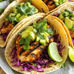 - 1 lb boneless, skinless chicken thighs - 2 tablespoons chili powder - 1 teaspoon ground cumin - 1 teaspoon smoked paprika - Juice and zest of 1 lime - 2 cloves garlic, minced - 1 cup red cabbage, finely shredded - 1 ripe avocado, sliced - 8 small corn tortillas - 2 tablespoons extra virgin olive oil - Fresh cilantro, chopped - Salt and freshly ground black pepper, to taste - Lime wedges for serving When I make these tacos, I focus on fresh and simple ingredients. The chicken thighs are key. They stay juicy and flavorful when cooked. The chili powder gives a nice kick. Ground cumin adds warmth, while smoked paprika brings depth. The lime juice and zest brighten everything up. The garlic adds a punch that you will love. I like to shred red cabbage for crunch. Sliced avocado makes it creamy and rich. For the tortillas, I prefer soft corn ones. They hold up well and have great taste. Drizzling olive oil on everything adds richness, while salt and pepper enhance all the flavors. Don't forget the lime wedges! They let you customize the tartness of your tacos. If you want the full recipe, just check the details provided. Start by grabbing a medium bowl. In it, whisk together the following: - 2 tablespoons chili powder - 1 teaspoon ground cumin - 1 teaspoon smoked paprika - Juice and zest of 1 lime - 2 cloves garlic, minced - 2 tablespoons extra virgin olive oil - Salt and freshly ground black pepper, to taste You want to mix until all the spices blend well. This marinade packs flavor into the chicken thighs. Now, take the chicken thighs and coat them in this tasty mix. Make sure every piece is covered well. After coating, cover the bowl with plastic wrap. Place the bowl in the refrigerator. Let the chicken marinate for at least 30 minutes. This step is key! It allows the flavors to soak in. You can even marinate for up to 2 hours if you want a stronger taste. Next, preheat your grill or grill pan over medium-high heat. When it’s hot, remove the marinated chicken from the fridge. Let any extra marinade drip off. Place the chicken on the grill. Cook it for about 6-7 minutes per side. You want to reach an internal temperature of 165°F. This ensures the chicken is safe to eat. Once it’s cooked, transfer it to a cutting board and let it rest for about 5 minutes. This lets the juices settle. After resting, slice the chicken into strips. While the chicken rests, take your corn tortillas. Warm them on the grill for about 20 seconds on each side. This makes them soft and improves their flavor. Now it’s time to build your tacos! Place a few strips of grilled chicken on each tortilla. Then, add shredded red cabbage, avocado slices, and fresh cilantro on top. This adds a nice crunch and creaminess. Serve the tacos with lime wedges on the side. A splash of lime juice adds a bright flavor. Enjoy your Chili Lime Chicken Tacos! For the full recipe, check out the details above! To get those perfect grill marks, heat your grill or grill pan to medium-high. This helps sear the chicken well. Grill the chicken thighs for 6-7 minutes on each side. Look for nice char lines before flipping. Use a meat thermometer to check the internal temperature. It should reach 165°F (75°C) for safety. This method ensures juicy, flavorful chicken every time. Want to mix things up? Consider adding a few optional ingredients. Try diced jalapeños for heat or mango for sweetness. You can also add a touch of honey to the marinade for a sweet twist. Fresh lime juice brightens the flavors. Even a sprinkle of feta cheese can add creaminess. These small changes can elevate your tacos beyond the ordinary. Preparing in advance makes cooking easier. You can marinate the chicken up to 2 hours before grilling. This allows flavors to deepen. If you want to prep even earlier, marinate overnight. Store the marinated chicken in the fridge. Just be sure to use it within a day or two for best results. Warming up tortillas can be done just before you serve. This keeps them fresh and pliable. {{image_4}} You can swap chicken for shrimp or tofu. Shrimp cooks fast and tastes great with chili lime. Just marinate it like the chicken. Grill for about 2-3 minutes per side until pink and firm. Tofu is a great plant-based choice. Use firm tofu, press it to remove water, and slice it into cubes. Marinate the same way. Grill until crispy on the outside. Want more heat? Add diced jalapeños or a splash of hot sauce to the marinade. You can also sprinkle chili flakes on top of the tacos. For milder tacos, reduce the chili powder or use sweet paprika instead. You can even add a dollop of sour cream to cool things down. Toppings can make your tacos shine. Here are some fun ideas: - Fresh diced tomatoes - Shredded cheese - Pickled onions - Sliced radishes - Corn salsa - A drizzle of creamy avocado sauce - Hot sauce for those who love spice Feel free to mix and match toppings to fit your taste. Enjoy the flavors and make it your own! For the complete recipe, check out the Full Recipe. To keep your tacos fresh, store them in the fridge. Wrap each taco in foil or plastic wrap. Place them in an airtight container. This helps keep the tortillas soft and the chicken juicy. They should stay good for 3-4 days. If you have extra chicken, store it separately from the tortillas. This helps prevent sogginess. When reheating, keep the chicken moist. Use a skillet over medium heat. Add a splash of water to create steam. Cover it with a lid to warm evenly. Heat for about 4-5 minutes until hot. For tortillas, warm them in a dry skillet over low heat. Just 20 seconds on each side is enough. This brings back their original texture. You can freeze the chicken for later use. Place it in a freezer-safe bag. Remove as much air as possible to avoid freezer burn. You can also freeze tortillas. Stack them with parchment paper in between. Wrap the stack in plastic wrap. This will keep them fresh for up to 3 months. When ready to use, thaw overnight in the fridge. You can use chicken breasts instead of thighs. They are leaner but still tasty. If you want a different meat, try pork or beef. For plant-based options, use firm tofu or tempeh. These options soak up the marinade well and grill nicely. Yes! Use corn tortillas instead of flour ones. Make sure to check the label for gluten-free options. You can also use lettuce wraps for a fresh twist. They provide a crisp texture and are very healthy. Great choices include rice, beans, or a fresh salad. Black beans add protein and flavor. You can also serve corn on the side for a sweet crunch. For drinks, try a cold limeade or a light beer to balance the spice. Add more chili powder or cayenne pepper to the marinade. Sliced jalapeños on top also add heat. You can also serve with a spicy salsa or hot sauce for extra kick. Adjust heat to your liking for the perfect bite! For the full recipe, check out the details above. Chili lime chicken tacos are easy and tasty. You learned about the main ingredients, steps to prepare them, and how to store leftovers. You can customize your tacos with different proteins and toppings. Fresh flavors like lime and avocado make these tacos great. Don’t forget to follow the tips for perfect grilling! Enjoy making and sharing these delicious meals. Now, it’s your turn to try them out!