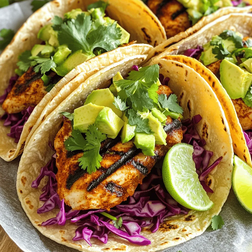 - 1 lb boneless, skinless chicken thighs - 2 tablespoons chili powder - 1 teaspoon ground cumin - 1 teaspoon smoked paprika - Juice and zest of 1 lime - 2 cloves garlic, minced - 1 cup red cabbage, finely shredded - 1 ripe avocado, sliced - 8 small corn tortillas - 2 tablespoons extra virgin olive oil - Fresh cilantro, chopped - Salt and freshly ground black pepper, to taste - Lime wedges for serving When I make these tacos, I focus on fresh and simple ingredients. The chicken thighs are key. They stay juicy and flavorful when cooked. The chili powder gives a nice kick. Ground cumin adds warmth, while smoked paprika brings depth. The lime juice and zest brighten everything up. The garlic adds a punch that you will love. I like to shred red cabbage for crunch. Sliced avocado makes it creamy and rich. For the tortillas, I prefer soft corn ones. They hold up well and have great taste. Drizzling olive oil on everything adds richness, while salt and pepper enhance all the flavors. Don't forget the lime wedges! They let you customize the tartness of your tacos. If you want the full recipe, just check the details provided. Start by grabbing a medium bowl. In it, whisk together the following: - 2 tablespoons chili powder - 1 teaspoon ground cumin - 1 teaspoon smoked paprika - Juice and zest of 1 lime - 2 cloves garlic, minced - 2 tablespoons extra virgin olive oil - Salt and freshly ground black pepper, to taste You want to mix until all the spices blend well. This marinade packs flavor into the chicken thighs. Now, take the chicken thighs and coat them in this tasty mix. Make sure every piece is covered well. After coating, cover the bowl with plastic wrap. Place the bowl in the refrigerator. Let the chicken marinate for at least 30 minutes. This step is key! It allows the flavors to soak in. You can even marinate for up to 2 hours if you want a stronger taste. Next, preheat your grill or grill pan over medium-high heat. When it’s hot, remove the marinated chicken from the fridge. Let any extra marinade drip off. Place the chicken on the grill. Cook it for about 6-7 minutes per side. You want to reach an internal temperature of 165°F. This ensures the chicken is safe to eat. Once it’s cooked, transfer it to a cutting board and let it rest for about 5 minutes. This lets the juices settle. After resting, slice the chicken into strips. While the chicken rests, take your corn tortillas. Warm them on the grill for about 20 seconds on each side. This makes them soft and improves their flavor. Now it’s time to build your tacos! Place a few strips of grilled chicken on each tortilla. Then, add shredded red cabbage, avocado slices, and fresh cilantro on top. This adds a nice crunch and creaminess. Serve the tacos with lime wedges on the side. A splash of lime juice adds a bright flavor. Enjoy your Chili Lime Chicken Tacos! For the full recipe, check out the details above! To get those perfect grill marks, heat your grill or grill pan to medium-high. This helps sear the chicken well. Grill the chicken thighs for 6-7 minutes on each side. Look for nice char lines before flipping. Use a meat thermometer to check the internal temperature. It should reach 165°F (75°C) for safety. This method ensures juicy, flavorful chicken every time. Want to mix things up? Consider adding a few optional ingredients. Try diced jalapeños for heat or mango for sweetness. You can also add a touch of honey to the marinade for a sweet twist. Fresh lime juice brightens the flavors. Even a sprinkle of feta cheese can add creaminess. These small changes can elevate your tacos beyond the ordinary. Preparing in advance makes cooking easier. You can marinate the chicken up to 2 hours before grilling. This allows flavors to deepen. If you want to prep even earlier, marinate overnight. Store the marinated chicken in the fridge. Just be sure to use it within a day or two for best results. Warming up tortillas can be done just before you serve. This keeps them fresh and pliable. {{image_4}} You can swap chicken for shrimp or tofu. Shrimp cooks fast and tastes great with chili lime. Just marinate it like the chicken. Grill for about 2-3 minutes per side until pink and firm. Tofu is a great plant-based choice. Use firm tofu, press it to remove water, and slice it into cubes. Marinate the same way. Grill until crispy on the outside. Want more heat? Add diced jalapeños or a splash of hot sauce to the marinade. You can also sprinkle chili flakes on top of the tacos. For milder tacos, reduce the chili powder or use sweet paprika instead. You can even add a dollop of sour cream to cool things down. Toppings can make your tacos shine. Here are some fun ideas: - Fresh diced tomatoes - Shredded cheese - Pickled onions - Sliced radishes - Corn salsa - A drizzle of creamy avocado sauce - Hot sauce for those who love spice Feel free to mix and match toppings to fit your taste. Enjoy the flavors and make it your own! For the complete recipe, check out the Full Recipe. To keep your tacos fresh, store them in the fridge. Wrap each taco in foil or plastic wrap. Place them in an airtight container. This helps keep the tortillas soft and the chicken juicy. They should stay good for 3-4 days. If you have extra chicken, store it separately from the tortillas. This helps prevent sogginess. When reheating, keep the chicken moist. Use a skillet over medium heat. Add a splash of water to create steam. Cover it with a lid to warm evenly. Heat for about 4-5 minutes until hot. For tortillas, warm them in a dry skillet over low heat. Just 20 seconds on each side is enough. This brings back their original texture. You can freeze the chicken for later use. Place it in a freezer-safe bag. Remove as much air as possible to avoid freezer burn. You can also freeze tortillas. Stack them with parchment paper in between. Wrap the stack in plastic wrap. This will keep them fresh for up to 3 months. When ready to use, thaw overnight in the fridge. You can use chicken breasts instead of thighs. They are leaner but still tasty. If you want a different meat, try pork or beef. For plant-based options, use firm tofu or tempeh. These options soak up the marinade well and grill nicely. Yes! Use corn tortillas instead of flour ones. Make sure to check the label for gluten-free options. You can also use lettuce wraps for a fresh twist. They provide a crisp texture and are very healthy. Great choices include rice, beans, or a fresh salad. Black beans add protein and flavor. You can also serve corn on the side for a sweet crunch. For drinks, try a cold limeade or a light beer to balance the spice. Add more chili powder or cayenne pepper to the marinade. Sliced jalapeños on top also add heat. You can also serve with a spicy salsa or hot sauce for extra kick. Adjust heat to your liking for the perfect bite! For the full recipe, check out the details above. Chili lime chicken tacos are easy and tasty. You learned about the main ingredients, steps to prepare them, and how to store leftovers. You can customize your tacos with different proteins and toppings. Fresh flavors like lime and avocado make these tacos great. Don’t forget to follow the tips for perfect grilling! Enjoy making and sharing these delicious meals. Now, it’s your turn to try them out!