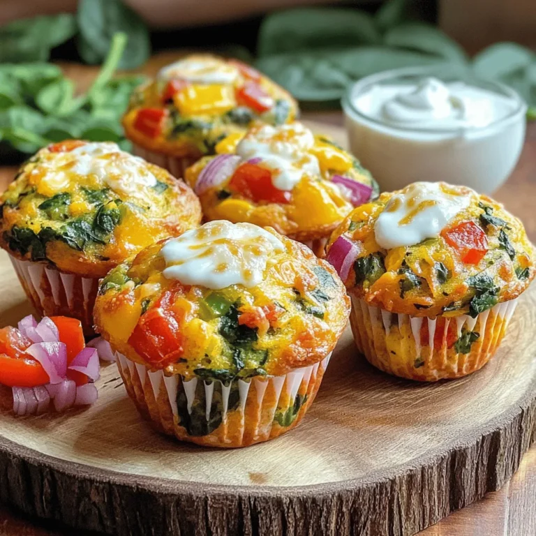 - 6 large eggs - 1 cup fresh spinach, finely chopped - 1/2 bell pepper, diced (any color) - 1/4 cup red onion, minced - 1/2 cup cherry tomatoes, halved - 1/4 cup shredded cheese (cheddar or feta) - Salt and freshly ground black pepper to taste - 1 teaspoon garlic powder - 1 teaspoon olive oil (for greasing the muffin tin) - Additional veggies (e.g., mushrooms, zucchini) - Cooked meats (e.g., bacon, sausage) - Keto-friendly substitutions - Vegetarian options Egg muffins are simple to make and packed with flavor. You can mix and match ingredients based on what you have. Want a veggie boost? Toss in extra spinach or some mushrooms. Feel like a protein punch? Add in some cooked sausage or bacon. If you follow a special diet, you can still enjoy these muffins. For keto, use cheese and skip the bread. For vegetarians, just stick to the veggies and cheese. These muffins fit any breakfast table. They are tasty, healthy, and easy to prep. Check out the Full Recipe for more details! 1. Preheat your oven to 350°F (175°C). This helps the muffins cook evenly. 2. Lightly coat a standard muffin tin with one teaspoon of olive oil. This keeps the muffins from sticking. 3. Crack all six large eggs into a large mixing bowl. Whisk them until blended. You want a smooth mix with no clumps. 4. Add your veggies: one cup of chopped spinach, half a diced bell pepper, and a quarter cup of minced red onion. Toss them in gently. 5. Toss in half a cup of halved cherry tomatoes, a quarter cup of shredded cheese, one teaspoon of garlic powder, and salt and pepper to taste. Mix everything well. 1. Carefully pour the egg and veggie mix into your greased muffin tin. Fill each cup about three-quarters full. This allows room for rising. 2. Place the muffin tin in the preheated oven. Bake for 18 to 20 minutes. Watch for the muffins to rise and set. 3. To check if they are done, insert a toothpick into the center. If it comes out clean, they are ready. 1. Once baked, take the muffin tin out of the oven. Let the muffins cool for a few minutes to firm up. 2. To remove them, use a small knife to run around the edges of each muffin. This will help loosen them from the tin. 3. Gently pop the muffins out and place them on a wire rack. You can also serve them warm straight from the tin. Enjoy these veggie-packed egg muffins as a quick breakfast or snack! For the complete recipe, check the Full Recipe section. To achieve the right texture, I mix eggs well. This helps the muffins rise. You want them fluffy, not dense. Use fresh eggs for the best flavor. Add a pinch of salt and pepper to enhance taste. Adjusting seasoning is key. If you like bold flavors, add more garlic powder or cheese. Proper greasing is important. I use olive oil to coat the muffin tin. Make sure each cup is slick. You can also use non-stick spray if you prefer. After baking, let the muffins cool for a few minutes. This helps them firm up and makes removal easier. Gently run a small knife around the edges. This will help you pop them out cleanly. Baking time can change based on your oven type. Most ovens take 18-20 minutes. If your oven runs hot, check them a bit earlier. Look for a puffed top and a clean toothpick when they’re done. Doneness is key to avoid soggy centers. If you see browning on top, they are perfect! For the full recipe, check out this [Full Recipe]. {{image_4}} You can easily switch up the flavors in your egg muffins. Adding fresh herbs like basil or parsley makes them bright and tasty. You can also try different types of cheese. Cheddar gives a sharp bite, while feta adds a creamy, tangy flavor. These small changes can make your muffins feel new each time. If you want to try something different, use an air fryer. It cooks the egg muffins quickly and gives them a nice texture. Just set the air fryer to 300°F (150°C) and cook for about 12-15 minutes. You can also use silicone molds instead of a muffin tin. They make it easy to pop out the muffins without sticking. Just make sure to grease them lightly. Pair your egg muffins with a tasty dip or sauce. A fresh salsa or creamy Greek yogurt works great. They also taste good with sides like fruit, toast, or a small salad. These options bring more color and flavor to your breakfast plate. For the full recipe, check [Full Recipe]. To keep your easy egg muffins fresh, store them properly. Place leftover muffins in an airtight container. This keeps them from drying out. You can store them in the fridge for up to five days. If you want to keep them longer, freezing is a great option. Wrap each muffin in plastic wrap, then place them in a freezer bag. This way, they stay fresh for up to three months. When you're ready to enjoy your muffins again, reheating is simple. For the microwave, place a muffin on a plate and cover it with a damp paper towel. Heat it for about 30 seconds. If it's not warm enough, heat for another 10 seconds. If you prefer, you can use the oven. Preheat it to 350°F (175°C). Place the muffins on a baking sheet and heat for about 10 minutes. This keeps them from getting soggy. In the fridge, egg muffins last about five days when stored correctly. Always check for spoilage. Signs include an off smell or a change in texture. If you see any mold, it’s best to toss them out. Enjoy your veggie-packed egg muffins fresh for the best taste! For the full recipe, check the previous section. Egg muffins cook for about 18-20 minutes at 350°F (175°C). Baking time can vary by oven. To check for doneness, insert a toothpick in the center. If it comes out clean, the muffins are ready. Yes, you can make egg muffins ahead of time. They store well in the fridge for up to four days. For longer storage, freeze them in airtight containers. Thaw in the fridge overnight before reheating. Egg muffins are quite healthy. They are high in protein and packed with veggies. This mix boosts vitamins and minerals in your diet. You can also make them low-carb by using fewer starchy veggies. They fit many diets, so feel free to customize! Egg muffins are a simple, tasty, and healthy choice. You learned about key ingredients, various cooking methods, and how to store them. With tips for making them perfect, you can customize flavors to fit your tastes. Remember to explore options like air frying for a fun twist. Enjoy these muffins as a quick meal or a snack. You can now make them your own, ensuring deliciousness every time. Keep experimenting, and have fun cooking!