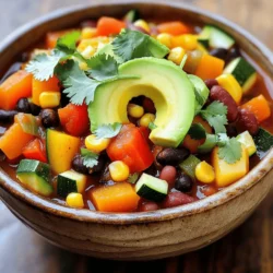 To make a delicious vegetarian chili, you need fresh and healthy ingredients. Here’s what you’ll need: - 1 tablespoon olive oil - 1 medium onion, finely diced - 2 cloves garlic, minced - 1 bell pepper (any color), diced - 2 medium carrots, peeled and diced - 2 stalks celery, diced - 1 medium zucchini, diced - 1 can (15 oz) black beans, drained and rinsed - 1 can (15 oz) kidney beans, drained and rinsed - 1 can (15 oz) diced tomatoes, including juice - 1 cup corn kernels (fresh, frozen, or canned) - 2 tablespoons chili powder - 1 teaspoon ground cumin - 1 teaspoon smoked paprika - Salt and black pepper to taste - 2 cups vegetable broth - Chopped fresh cilantro and diced avocado, for garnish These ingredients create a rich and hearty flavor that you will love. You can add extra ingredients to boost the taste and health benefits. Consider using: - Chopped jalapeños for heat - Sweet potatoes for sweetness - Spinach or kale for greens - Quinoa for added protein - Lime juice for a zesty kick Each of these can add a new layer of flavor to your chili. Do you need to swap out some ingredients? Here are some easy alternatives: - Use coconut oil instead of olive oil. - Substitute any beans you like, such as pinto or navy beans. - Use fresh tomatoes instead of canned if you prefer. - If you don’t have chili powder, mix cumin, paprika, and a hint of cayenne. These swaps help you customize your chili to fit your taste. For the full recipe, check out the previous section. Start by gathering all your fresh ingredients. This makes cooking easy and fun. First, wash the vegetables well. Then, finely dice the onion and mince the garlic. You want these to be small so they blend well in the chili. Next, chop the bell pepper, carrots, and celery into bite-sized pieces. Finally, dice the zucchini, which will add a nice texture to your chili. In a large pot, heat one tablespoon of olive oil over medium heat. Once the oil is hot, add the diced onion. Sauté the onion for about three to four minutes until it is soft and shiny. Stir in the minced garlic and cook for another minute. This step fills your kitchen with a lovely aroma. Now, add the bell pepper, carrots, and celery. Cook these for about five to seven minutes, stirring often. You want them to soften but not lose their crunch. After the vegetables are ready, toss in the diced zucchini. Cook for another two to three minutes. Now it’s time to add the fun stuff! Stir in the black beans, kidney beans, diced tomatoes (with their juice), and corn. Mix in the chili powder, ground cumin, and smoked paprika. This combination brings out bold flavors. Next, pour in two cups of vegetable broth. Increase the heat until it boils. Once boiling, reduce the heat and let it simmer for 25 to 30 minutes. Stir occasionally to keep it from sticking. Finally, taste and add salt and black pepper as needed. For a full recipe, check the detailed instructions above. To boost flavor, I like to add fresh herbs. Fresh cilantro or parsley makes a big difference. You can also add lime juice for a bright zest. A splash of soy sauce or a dash of hot sauce adds depth and heat. Try to taste as you cook, adjusting spices to your liking. If you want a thicker chili, simmer it longer. This lets the flavors meld and the sauce to thicken. For a brothier consistency, reduce the cooking time a bit. Just keep an eye on it! The more you cook it, the softer the beans and veggies will become. For a great look, serve the chili in colorful bowls. Top with fresh cilantro and avocado slices. You can also add a dollop of sour cream or yogurt. Pair it with crusty bread or rice for a full meal. Make it a feast by adding a side salad for crunch. Check the Full Recipe for more ideas! {{image_4}} You can switch up the beans to make your vegetarian chili unique. Try using pinto beans or chickpeas. They add a nice texture and flavor. You can mix different beans for variety, too. Each type offers its own taste and nutrition. This way, you can create a chili that suits your taste. Grains can give your chili a hearty feel. Consider adding quinoa, barley, or brown rice. These grains cook well and soak up flavors. They also add fiber, which is great for your health. Adding grains can turn your chili into a filling meal. You can mix in cooked grains just before serving. Adjusting the spice level makes your chili more personal. If you like it spicy, add jalapeños or cayenne pepper. For a milder taste, skip the hot spices. You can also swap chili powder for smoked paprika for a different flavor. Experimenting with spices keeps the dish exciting. Customize it to fit your family’s taste. For the full recipe, check out the Hearty Rainbow Vegetarian Chili . After you enjoy your hearty rainbow vegetarian chili, store leftovers in an airtight container. Let the chili cool to room temperature before sealing. This helps keep it fresh and tasty. Place the container in the fridge. It should stay good for about 3 to 5 days. To reheat your chili, pour it into a pot. Heat it on medium until warm, stirring often. You can also warm it in the microwave. Place it in a microwave-safe bowl, cover it loosely, and heat for 1 to 2 minutes. Stir halfway through to ensure even warming. If you want to keep your chili longer, freezing is a great option. Use freezer-safe bags or containers. Leave some space at the top, as liquids expand when frozen. Label the bags with the date. Your vegetarian chili can last up to 3 months in the freezer. When ready to eat, thaw it in the fridge overnight before reheating. Enjoy the full recipe to learn how to make this delicious dish! Yes, you can make this chili in a slow cooker. Just follow these steps: - Sauté the onion and garlic in a pan first. - Add all ingredients to the slow cooker. - Cook on low for 6-8 hours or high for 3-4 hours. This method keeps the flavors rich and deep. To add heat to your chili, try these options: - Include diced jalapeños or serrano peppers. - Add a teaspoon of cayenne pepper. - Use hot chili powder instead of regular. - Stir in some hot sauce before serving. These changes will give your chili a nice kick. Vegetarian chili is packed with nutrition. Here are some benefits: - High in fiber from beans and veggies. - Rich in vitamins and minerals from fresh produce. - Low in saturated fat, making it heart-healthy. - Plant-based protein helps keep you full. This dish is both healthy and satisfying. Homemade vegetarian chili lasts about 4-5 days in the fridge. - Store it in an airtight container. - Let it cool before placing it in the fridge. For longer storage, freeze it for up to 3 months. This way, you can enjoy it later! For more details, check the Full Recipe. You learned how to make a tasty vegetarian chili with key ingredients and steps. You can customize it with optional items and substitutions for more flavor. Remember to enhance the taste with my tips and serve it well. Try different beans or spices to make it unique. Store leftovers right and follow reheating tips for great results. With this knowledge, you'll impress everyone with your chili. Enjoy cooking and sharing your delicious dish!
