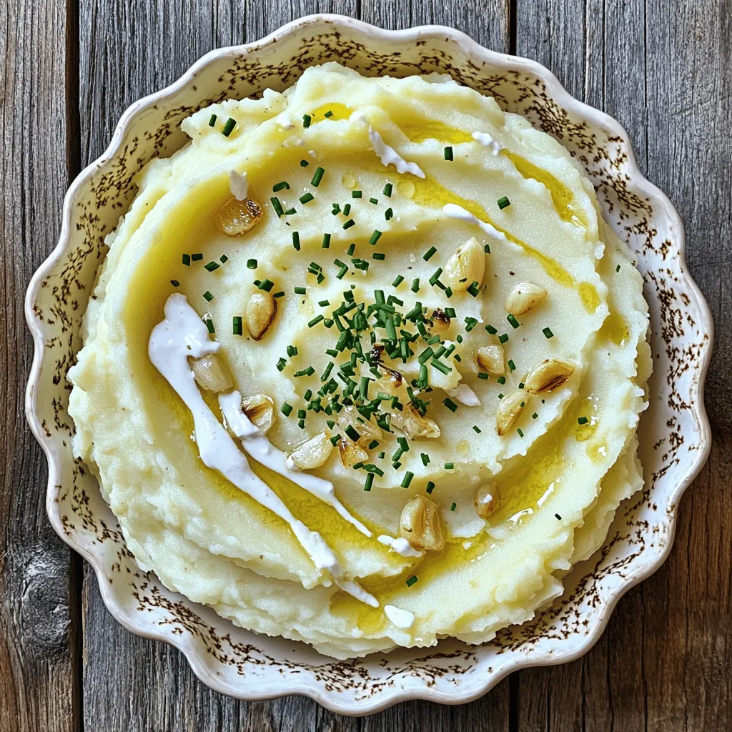 To make creamy garlic mashed potatoes, you will need the following simple ingredients: - 2 pounds Yukon Gold potatoes - 4 cloves of garlic - 1/2 cup heavy cream - 1/4 cup unsalted butter - Salt and pepper - Optional: 1/4 cup grated Parmesan cheese - Fresh chives for garnish Each ingredient plays a key role in creating that rich, creamy texture. Yukon Gold potatoes are my favorite because they are smooth and buttery. Garlic adds a nice flavor that really shines through. Heavy cream and butter bring the dish to life, making it rich and creamy. You can add Parmesan cheese for extra depth, but it’s great even without it. Fresh chives give a fresh touch and make the dish look beautiful. I encourage you to try these ingredients for a delightful side dish. You’ll find that they come together to create a comforting and satisfying experience. For the full recipe, check out the complete instructions to guide you through the cooking process! Start with 2 pounds of Yukon Gold potatoes. These potatoes are smooth and creamy, making them perfect for mashing. Peel and cut them into 1-inch cubes. This size helps them cook evenly. Place the cubed potatoes in a large pot. Add 4 peeled garlic cloves for a rich flavor. Cover the potatoes and garlic with cold water. This keeps them from browning. Next, season the water with a good pinch of salt. Salt improves the taste of the potatoes. Place the pot on the stove and bring the water to a boil over medium-high heat. Once the water boils, reduce the heat to a gentle simmer. Let the potatoes and garlic cook for about 15-20 minutes. You want them fork-tender. This means a fork should easily pierce the potatoes. After that, carefully drain the cooked potatoes and garlic into a colander. This step lets the steam escape, removing extra moisture. Return the drained potatoes and garlic to the pot. Over low heat, start mashing the potatoes and garlic together. Use a potato masher or a fork. Aim for a smooth and creamy texture. You want it to be velvety, not chunky. Now, add 1/4 cup of softened unsalted butter. Follow this with 1/2 cup of heavy cream. Stir well until all the ingredients mix together. The mixture should look rich and creamy. Season your mashed potatoes with salt and freshly ground black pepper to taste. This enhances the flavors. If you want extra richness, fold in 1/4 cup of grated Parmesan cheese. Make sure it melts into the warm potatoes. Once everything is well combined, remove the pot from heat. Transfer the creamy garlic mashed potatoes into a serving dish. For a nice touch, sprinkle chopped fresh chives on top before serving. Enjoy your delightful side dish! For the full recipe, click here. For creamy garlic mashed potatoes, the right potatoes are key. I recommend using Yukon Gold potatoes. They are smooth and buttery. They make your mash rich and flavorful. Also, use room temperature ingredients. Softened butter blends in better. Heavy cream mixes smoothly, making it easy to achieve that dreamy texture. One common mistake is not seasoning the water. Always add salt to the boiling water. This helps flavor the potatoes as they cook. Another mistake is over-mashing the potatoes. You want a smooth texture, but too much mashing can make them gluey. Stop when they are creamy and fluffy. For the full recipe, check out the detailed instructions to create this delightful side dish. {{image_4}} You can easily change the flavor of your creamy garlic mashed potatoes. One great way is to use roasted garlic instead of raw garlic. Roasting garlic makes it sweet and soft, giving your potatoes a richer taste. Just wrap the garlic in foil and roast it until golden. Then, mash it with your potatoes for a warm flavor. You can also add herbs like rosemary or thyme. These herbs bring a fresh taste and aroma to your dish. Chop them finely and mix them in while you mash the potatoes. This small change can elevate your dish into a gourmet experience. If you want a vegan or dairy-free option, it’s simple! Instead of heavy cream and butter, use plant-based milk and vegan butter. Almond milk or coconut milk works well. These swaps keep the creamy texture while making it suitable for everyone. For those watching carbs, try using cauliflower instead of potatoes. Steam and mash the cauliflower, and mix in garlic for a tasty low-carb side. This option still gives a creamy feel but with fewer carbs. For more ideas, check the Full Recipe! After enjoying my creamy garlic mashed potatoes, store any leftovers in airtight containers. This keeps them fresh and prevents them from drying out. Make sure to let them cool down to room temperature before sealing the container. This helps avoid condensation, which can make the potatoes watery. You can keep them in the fridge for up to three days. To reheat your mashed potatoes, use a stovetop or microwave for the best results. If using the stovetop, place the potatoes in a pan over low heat. Add a splash of heavy cream or milk to help regain their creaminess. Stir gently until warm. If you prefer the microwave, heat them in short bursts. Stir after each interval to ensure even heating. This helps keep your mashed potatoes smooth and delicious. For an extra touch, add a bit of butter while reheating to enhance the flavor. Enjoy your creamy garlic mashed potatoes again! You can find the full recipe [here](#). For creamy mashed potatoes, I recommend Yukon Gold potatoes. They have a rich, buttery taste and a smooth texture. They mash well and absorb flavors nicely. Russet potatoes are also good. They are fluffy and give a light consistency. However, they can be a bit drier. Try Yukon Gold for the best balance of flavor and creaminess. Yes, you can make these mashed potatoes ahead of time. Prepare them and let them cool. Store them in an airtight container in the fridge. When you are ready to serve, reheat gently. Add a splash of heavy cream to bring back the creamy texture. Stir well to warm them up without burning. If your mashed potatoes turn out gluey, don’t worry. This often happens from over-mashing. To fix this, you can add a bit more cream or butter. This will help soften the texture. If they are still too thick, you can mix in some warm broth. Always mash gently to avoid this issue next time. For the complete steps and all details, check the [Full Recipe](#). Mashed potatoes are simple to make and tasty. We reviewed key ingredients like Yukon Gold potatoes, garlic, and cream. I shared a step-by-step guide on mashing and seasoning to achieve a creamy texture. I also gave tips for avoiding mistakes and exploring variations for different tastes. Enjoy creamy mashed potatoes with the perfect balance of flavors. Store extras properly and reheat wisely for the same deliciousness. You can impress anyone with this dish. Happy cooking!