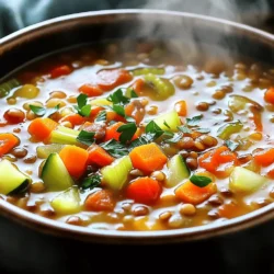 To make a hearty lentil vegetable soup, gather these simple ingredients: - 1 cup green or brown lentils, thoroughly rinsed - 1 tablespoon extra virgin olive oil - 1 medium-sized onion, finely diced - 2 garlic cloves, minced - 3 medium carrots, diced into small pieces - 2 celery stalks, diced - 1 red bell pepper, diced - 1 medium zucchini, diced - 1 can (14 oz) diced tomatoes with juices - 6 cups vegetable broth (low-sodium recommended) - 1 teaspoon dried thyme - 1 teaspoon ground cumin - 1 bay leaf - Salt and freshly ground black pepper to taste - Fresh parsley, chopped, for garnish When measuring, be precise for the best results. Rinse lentils well to remove dust. Dice vegetables evenly for consistent cooking. Use a heavy-bottomed pot to prevent burning. Heat olive oil first, then add the onion. Sauté until soft but not brown. This step builds flavor. You can easily adapt this soup. For a vegan version, use vegetable broth. If you need gluten-free, ensure your broth is gluten-free. For a heartier option, add cooked chicken or turkey. If you're avoiding nightshades, skip the tomatoes and bell pepper. Instead, add more carrots or spinach for extra nutrients. For the full recipe, check out the Hearty Lentil Veggie Delight. To make hearty lentil vegetable soup, start with a large pot. Heat one tablespoon of olive oil over medium heat. Add one finely diced onion. Sauté it for about five minutes until soft. Next, add two minced garlic cloves. After that, toss in three diced carrots and two diced celery stalks. Stir often for another five minutes. This helps the veggies cook evenly and brings out their flavor. Now, add one diced red bell pepper and one diced zucchini. Cook for three to four more minutes. You want the veggies to soften a bit. After that, add one cup of rinsed lentils. Then, pour in one can of diced tomatoes, along with six cups of vegetable broth. Add one teaspoon of dried thyme, one teaspoon of ground cumin, and one bay leaf. Season with salt and pepper to taste. Stir everything well. Increase the heat to bring the soup to a boil. Once it boils, reduce the heat to low. Cover the pot and let it simmer for 30 to 35 minutes. The lentils should be tender, and the soup will thicken slightly. When it’s done, take out the bay leaf. Taste the soup and add more salt or pepper if you want. Serve the soup hot, garnished with chopped parsley for a fresh touch. Cooking time is key. Keep an eye on the soup while it simmers. If the soup is too thick, add a bit more broth. If it’s too thin, let it simmer a little longer. Using low-sodium broth helps control salt. This way, you can adjust the flavor to your liking. Remember to taste the soup before serving to ensure the seasoning is just right. - Sautéing: Look for soft, translucent onions and bright colors from the veggies. - Simmering: The soup should bubble gently. This means the flavors are merging well. - Final Texture: The lentils should be soft but not mushy. You want a nice, hearty feel. Check out the Full Recipe for more details on making this delicious soup! To get the right texture in your lentil soup, start with quality lentils. Rinse them well to remove any dirt. Use green or brown lentils for a firmer bite. Cook them until they are tender but not mushy. This usually takes about 30-35 minutes. Keep an eye on the soup as it cooks. Stir it occasionally to prevent sticking. To boost the flavor, use fresh herbs like thyme and parsley. Sautéing onions and garlic first brings out their sweetness. Add spices like cumin for warmth. A splash of lemon juice at the end can brighten the dish. Don’t forget to taste your soup as it cooks. Adjust the salt and pepper to your liking. You can make this soup ahead of time. It tastes even better the next day. Let it cool, then store it in an airtight container. Keep it in the fridge for up to five days. To reheat, pour it into a pot over low heat. Stir it gently until it warms through. You can also use the microwave. Just heat it in short intervals and stir in between. For best results, add a splash of broth or water if it thickens too much. For the complete recipe, check out the full recipe section. {{image_4}} You can boost the protein in your lentil vegetable soup with some easy additions. Try adding cooked chicken, turkey, or even tofu. These options mix well and give you a hearty meal. If you want a vegetarian choice, chickpeas work great too. Just toss them in during the last few minutes of cooking. This keeps them firm and tasty. Herbs and spices can change your soup's taste in fun ways. For a fresh twist, add basil or cilantro. If you prefer a warm flavor, consider smoked paprika or a pinch of cayenne. You can also add a splash of lemon juice for brightness. Experimenting with these flavors makes your soup unique each time. Seasonal vegetables can change your soup's profile and keep it interesting. In spring, try adding peas or asparagus. In summer, zucchini and corn are fresh and sweet. For fall, think about pumpkin or sweet potatoes. Winter brings hearty veggies like kale or root vegetables. Swapping veggies keeps your soup exciting and fresh year-round. For the full recipe, check out the Hearty Lentil Veggie Delight. To keep your lentil vegetable soup fresh, store it in an airtight container. Let the soup cool to room temperature before sealing it. This method helps prevent bacteria growth. Place the container in your fridge. This soup stays good for up to five days. You can freeze the soup for longer storage. First, let it cool completely. Then, pour it into freezer-safe bags or containers, leaving space for expansion. Seal tightly to avoid freezer burn. You can freeze it for up to three months. Remember to label the bags with the date. When ready to enjoy your soup, take it out of the fridge or freezer. If frozen, thaw it overnight in the fridge. For reheating, pour the soup into a pot. Heat it over medium heat, stirring often. If it seems too thick, add a splash of vegetable broth or water. Enjoy your hearty meal warm! Yes, you can use different types of lentils in this soup. Green and brown lentils work best. They hold their shape well and cook evenly. Red lentils can also be used. They cook faster and become mushy, adding a creamy texture. Experimenting with lentils can change the soup’s flavor and look. Lentil vegetable soup lasts about 4 to 5 days in the fridge. Make sure to store it in a sealed container. To keep it fresh, let it cool before sealing. If you notice any off smells or changes in color, it’s best to discard it. Yes, you can make this soup in both a slow cooker and an Instant Pot. For a slow cooker, add all ingredients and cook on low for 6-8 hours. For an Instant Pot, use the sauté function for veggies first, then add all other ingredients. Cook on high pressure for about 15 minutes. It’s an easy and quick way to enjoy this dish. Lentil vegetable soup is packed with nutrients. Lentils are a great source of protein and fiber. They help you feel full and support digestion. The vegetables add vitamins and minerals. Carrots are high in beta-carotene, while tomatoes provide antioxidants. This soup is low in fat and rich in flavor, making it a healthy choice. For the full recipe, check out the Hearty Lentil Veggie Delight section! This blog post covers all you need for lentil vegetable soup. We explored ingredients, including substitutes for different diets. You learned the cooking steps with timing tips and visuals. I shared tricks for perfect texture and flavor, plus ways to make ahead. We looked at variations to suit your taste and offered storage advice. In closing, you can create a meal that’s tasty and healthy. Remember, cooking should be fun and flexible! Enjoy your soup-making journey!