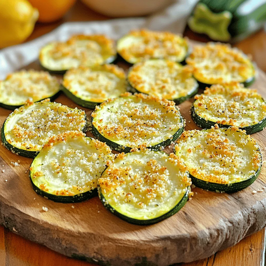 - 2 medium zucchinis - 1 cup freshly grated Parmesan cheese - 1 cup panko breadcrumbs - 1 teaspoon garlic powder - 1 teaspoon onion powder - 1 teaspoon Italian seasoning - Salt and pepper - 2 large eggs - Olive oil spray These simple ingredients make up the base of Parmesan zucchini crisps. Zucchini is the star here, and it provides a light, crisp texture. The freshly grated Parmesan cheese adds a rich, salty flavor that enhances each bite. Panko breadcrumbs give an extra crunch, making the crisps addictive. Parmesan zucchini crisps are not just tasty; they are also healthy. Each serving has about 150 calories, with a good mix of protein and fiber. Zucchini is low in calories but high in vitamins A and C. It also has potassium, which helps keep your heart healthy. Parmesan cheese gives you calcium and protein, making this snack satisfying. If you need gluten-free options, use gluten-free breadcrumbs instead of panko. You can also swap Parmesan cheese for nutritional yeast for a dairy-free version. This keeps the flavor, but gives a different texture. Feel free to get creative with your ingredients. Each change can lead to a new taste experience! - Preheat the oven to 425°F (220°C). - Prepare the baking sheet with parchment paper. Start by preheating your oven. This step helps the crisps cook evenly. Next, line your baking sheet with parchment paper. This helps the crisps not stick and makes cleanup easy. - Mix dry ingredients in one bowl. - Beat eggs in a separate bowl. In a shallow bowl, mix your dry ingredients. Combine the Parmesan cheese, panko breadcrumbs, garlic powder, onion powder, Italian seasoning, salt, and pepper. This mix gives the crisps a great flavor. In another bowl, beat the eggs until they look frothy. This mixture will help the coating stick to the zucchini. - Dip and coat instructions. - Baking time and flipping technique. Now, take a zucchini slice. First, dip it into the egg, letting any extra drip off. Then, coat it with the Parmesan mixture. Press gently to help it stick. Place the coated slices on your baking sheet. Arrange them in a single layer without overlapping. Once all slices are ready, lightly spritz them with olive oil spray. This step helps them get that perfect crispiness. Place the baking sheet in your preheated oven. Bake for 20-25 minutes until the tops are golden brown. Remember to flip the zucchini crisps halfway through. This ensures they cook evenly. After baking, let the zucchini crisps cool for a few minutes. This helps keep them crispy. Enjoy them with your favorite dip for a tasty snack. For the full recipe, check out the details above. To make your Parmesan zucchini crisps super crunchy, use panko breadcrumbs. They add a light, airy crunch that regular breadcrumbs can't match. When you coat your zucchini, use olive oil spray. This helps the crisps brown and stay crispy. A light mist works best, so don’t overdo it. Slice your zucchini into thin rounds, about 1/4 inch thick. This helps them cook evenly and become crispy. To avoid soggy crisps, be sure to remove excess moisture. You can pat the slices dry with a paper towel before coating them. This step is key for that perfect crunch. These crisps pair well with many dips. Try them with marinara sauce, ranch, or even a spicy aioli. You can also serve them as a fun topping on salads or in wraps. Get creative and enjoy the crunch! For the full recipe, check out the Cheesy Baked Zucchini Crisps. {{image_4}} You can easily change the taste of Parmesan zucchini crisps by adding spices or herbs. Try adding a pinch of cayenne pepper for some heat. Fresh herbs like thyme or rosemary can bring a bright flavor. You can also use smoked paprika for a deeper taste. Mixing different cheese types can also make a big difference. Instead of just Parmesan, try mixing in some sharp cheddar or mozzarella. Each cheese offers a unique flavor and texture. Baking your zucchini crisps is a great way to keep them healthy. This method uses less oil than frying, which cuts down on fat. You can still achieve a crisp finish by following the baking instructions closely. You can also swap zucchini with other vegetables. Try using eggplant, sweet potatoes, or even carrots. Each veggie offers its own flavor and texture while still keeping it healthy. If you want a different snack, make zucchini chips instead. Slice the zucchini thinner for an extra-crispy chip. You can also sprinkle some sea salt and enjoy them as a light snack. Incorporating the crisps into salads adds a fun crunch. Toss them on top of a fresh garden salad for added flavor. They can also work well in pasta dishes for extra texture. For the full recipe, check out the Cheesy Baked Zucchini Crisps. To keep your Parmesan zucchini crisps fresh, store them in an airtight container. This method helps maintain their crispiness. I recommend using glass or plastic containers with secure lids. Place a paper towel at the bottom to absorb any moisture. This will help keep the crisps crunchy. Store them in the fridge for up to three days. When reheating, I suggest using the oven. Preheat it to 350°F (175°C). Lay the crisps on a baking sheet. Heat for about 5-10 minutes. This method helps restore their crunch. Avoid using the microwave, as it often makes them soggy. If you must use the microwave, do so for a very short time. Yes, you can freeze zucchini crisps! First, let them cool completely. Arrange them in a single layer on a baking sheet. Freeze them for about 1-2 hours. Once frozen, transfer the crisps to a freezer-safe bag. Squeeze out any air before sealing. They can last up to two months. When ready to eat, bake them directly from the freezer. This keeps them tasty and crunchy. What are Parmesan Zucchini Crisps? Parmesan Zucchini Crisps are thin slices of zucchini, baked until crispy. They get a crunchy texture from a coating of Parmesan cheese and panko breadcrumbs. This snack is healthy and full of flavor. You can enjoy them on their own or with a dip. How do you prevent soggy crisps? To keep your crisps crunchy, start by slicing the zucchini thinly. This helps them bake evenly. Next, remove excess moisture. You can do this by patting the slices with a paper towel. Also, make sure to coat them well and space them out on the baking sheet. This allows hot air to circulate around each slice. Can this recipe be made vegan? Yes, you can make a vegan version. Replace eggs with a mixture of flaxseed meal and water or a store-bought egg substitute. You can also use nutritional yeast instead of Parmesan cheese for that cheesy flavor. How to adjust seasonings to taste? Feel free to experiment with seasonings. If you love heat, add some red pepper flakes. For a fresh twist, try herbs like basil or dill. Adjust the salt and pepper to make it just right for your taste buds. What kitchen tools do I need? You will need a sharp knife for slicing, a shallow bowl for the egg wash, and another for the dry mix. A baking sheet lined with parchment paper is essential for easy cleanup. Are there recommended baking sheets or trays? I recommend using a non-stick baking sheet or a perforated tray. A perforated tray allows hot air to circulate, giving you crispier results. Make sure to line it with parchment for easy removal. For the full recipe, check out the Cheesy Baked Zucchini Crisps section above! This guide covered everything you need to make perfect Parmesan Zucchini Crisps. We discussed the key ingredients and their benefits, substitution options, and step-by-step baking tips. Remember, crispiness comes from good technique and the right ingredients. Enjoy your tasty snack with dips or in salads as you explore new flavors. With these tips and variations, you can make this dish your own. Happy cooking!