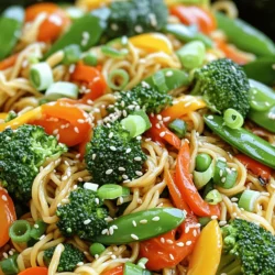 To make a delicious Easy Vegetable Lo Mein, gather these key ingredients: - 8 oz lo mein noodles - 2 tablespoons sesame oil - 1 cup broccoli florets - 1 small bell pepper, thinly sliced (any vibrant color) - 1 cup snap peas, trimmed and washed - 1 carrot, peeled and julienned - 2 green onions, finely chopped - 3 cloves garlic, minced - 2 tablespoons soy sauce - 1 tablespoon hoisin sauce - 1 teaspoon fresh ginger, grated - Sesame seeds for garnish These ingredients create a colorful and tasty dish. The lo mein noodles serve as a great base. Fresh vegetables add nutrients and crunch. The sauces give it a rich, savory flavor. For the best flavor, I recommend these vegetable combos: - Broccoli, bell peppers, and snap peas - Carrots and green onions These veggies work well together. Broccoli adds a nice bite, while bell peppers give sweetness. Snap peas are crisp, and carrots add color. Green onions bring a fresh taste. To make your dish pop, try these garnishes: - Sesame seeds - Extra green onions for topping Garnishes add a nice touch. Sesame seeds give a nutty crunch, and green onions add color and taste. They make your Easy Vegetable Lo Mein look and taste even better. For the complete recipe, check out the Full Recipe section above. Enjoy cooking! To cook the lo mein noodles, start with a large pot of water. Bring the water to a boil. Add 8 ounces of lo mein noodles. Cook them according to the package instructions until they are al dente. This usually takes about 3-5 minutes. After cooking, drain the noodles. Rinse them under cold water. This step stops the cooking process and keeps them firm. Set the noodles aside until you are ready to use them. Garlic and ginger are key to making this dish flavorful. Heat 2 tablespoons of sesame oil in a large skillet or wok over medium heat. Add 3 cloves of minced garlic and 1 teaspoon of grated fresh ginger. Sauté for about 30 seconds. Stir constantly until they smell great and turn golden. Be careful not to burn them, as this can ruin the taste. This step adds depth to your vegetable lo mein. Now, it's time to add the vegetables. Start with 1 cup of broccoli florets and 1 small bell pepper, thinly sliced. Stir-fry these for about 3-4 minutes. You want them to be soft but still bright in color. Next, add 1 cup of trimmed snap peas and 1 julienned carrot. Stir-fry for another 2-3 minutes. Toss everything well. The veggies should be tender-crisp. This ensures you keep the nutrients and crunch in your dish. Once cooked, you will mix in the noodles and sauces for a delicious meal. For full details on the recipe, check the Full Recipe section above. To get the best lo mein noodles, follow these tips: - Use a large pot: This helps the noodles cook evenly. - Boil water: Make sure the water is at a rolling boil before adding noodles. - Cook al dente: Check the package for cooking time. Stop cooking when they are firm but not hard. - Rinse with cold water: This stops the cooking process and keeps them from sticking. These steps help ensure your noodles are just right for a perfect dish. To boost the flavor of your lo mein, consider these adjustments: - Soy sauce: Use low-sodium soy sauce for a lighter taste. - Hoisin sauce: This adds sweetness. Adjust the amount based on your taste. - Add chili sauce: If you like heat, add a dash of chili sauce. - Fresh herbs: Try adding fresh cilantro or basil for extra aroma. Mixing these seasonings well helps create a rich flavor profile. To make cooking faster, use these smart methods: - Prep ingredients first: Chop all your veggies before starting to cook. - Use a wok: A wok heats quickly and cooks food fast. - Cook in batches: If you have a lot of veggies, stir-fry them in two batches. - Make sauce ahead: Mixing your sauce in advance saves time during cooking. These tips help you make delicious vegetable lo mein without stress. Try the Full Recipe for a step-by-step guide! {{image_4}} You can add protein to your vegetable lo mein for a heartier meal. Chicken, tofu, or shrimp all work well. If you choose chicken, cook it in small pieces before adding the vegetables. For tofu, press it to remove water, then cube and sauté until golden. Shrimp cooks quickly, so add it right before the noodles. Each option brings a new taste and texture. Switching up the sauce can change the whole dish. Try teriyaki, oyster sauce, or even sriracha for some heat. You can mix soy sauce with a bit of rice vinegar for a tangy kick. Experimenting with these options can help you find your favorite flavor. Each sauce adds unique notes that enhance your lo mein experience. If you need gluten-free options, use rice noodles instead of lo mein noodles. Make sure your sauces are gluten-free, too. For a vegan option, just stick to vegetables and tofu. Skip any meat and use vegetable broth for added flavor. These changes will keep your dish delicious while meeting dietary needs. To keep your vegetable lo mein fresh, place it in an airtight container. Make sure it cools down first. Store it in the fridge for up to three days. If you want to keep it longer, consider freezing it. When reheating, add a splash of water or broth. This keeps the noodles moist and tasty. Use a skillet over medium heat for best results. Stir the noodles often until they are heated through. This method helps maintain flavor and texture. To freeze vegetable lo mein, let it cool completely. Portion it into freezer-safe bags or containers. Remove as much air as possible to prevent freezer burn. It can last for up to three months in the freezer. When ready to eat, thaw it overnight in the fridge. Reheat on the stove for the best taste. This process helps keep the noodles and veggies from becoming mushy. For the full recipe, check the original instructions above. Easy Vegetable Lo Mein lasts about 3 to 5 days in the fridge. Store it in an airtight container. Keeping it sealed helps maintain freshness. Make sure it cools down before storing. I recommend labeling the container with the date. This way, you will know when to eat it. Yes, you can use different noodles. Try rice noodles, spaghetti, or even egg noodles. Each type brings a unique texture and flavor. Just adjust the cooking time based on the noodle you choose. For instance, rice noodles cook faster. Soak them in hot water instead of boiling. You can use many types of vegetables in Lo Mein. Some good options are: - Bell peppers - Carrots - Broccoli - Snap peas - Mushrooms - Zucchini - Spinach Feel free to mix and match based on what you have. This recipe is flexible. You can use leftovers or seasonal veggies, too. Get creative and make it your own! This blog gave you the key to easy vegetable lo mein. We covered essential ingredients like fresh veggies and tasty sauces. Cooking lo mein noodles, sautéing garlic, and stir-frying gave flavor. I also shared tips for perfect texture and time-saving tricks. You can even customize with protein and sauces. In the end, you now have all the tools to create a delicious lo mein dish. Enjoy cooking and making it your own!