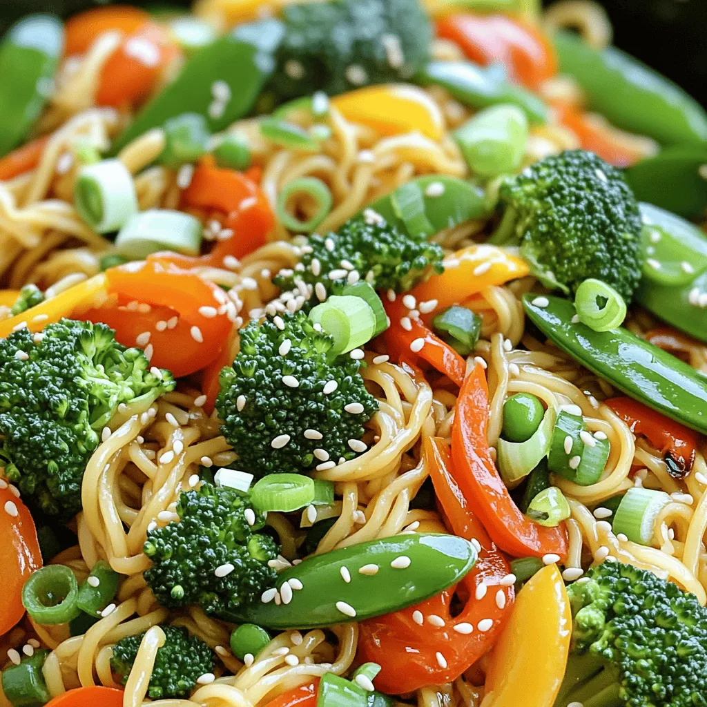 To make a delicious Easy Vegetable Lo Mein, gather these key ingredients: - 8 oz lo mein noodles - 2 tablespoons sesame oil - 1 cup broccoli florets - 1 small bell pepper, thinly sliced (any vibrant color) - 1 cup snap peas, trimmed and washed - 1 carrot, peeled and julienned - 2 green onions, finely chopped - 3 cloves garlic, minced - 2 tablespoons soy sauce - 1 tablespoon hoisin sauce - 1 teaspoon fresh ginger, grated - Sesame seeds for garnish These ingredients create a colorful and tasty dish. The lo mein noodles serve as a great base. Fresh vegetables add nutrients and crunch. The sauces give it a rich, savory flavor. For the best flavor, I recommend these vegetable combos: - Broccoli, bell peppers, and snap peas - Carrots and green onions These veggies work well together. Broccoli adds a nice bite, while bell peppers give sweetness. Snap peas are crisp, and carrots add color. Green onions bring a fresh taste. To make your dish pop, try these garnishes: - Sesame seeds - Extra green onions for topping Garnishes add a nice touch. Sesame seeds give a nutty crunch, and green onions add color and taste. They make your Easy Vegetable Lo Mein look and taste even better. For the complete recipe, check out the Full Recipe section above. Enjoy cooking! To cook the lo mein noodles, start with a large pot of water. Bring the water to a boil. Add 8 ounces of lo mein noodles. Cook them according to the package instructions until they are al dente. This usually takes about 3-5 minutes. After cooking, drain the noodles. Rinse them under cold water. This step stops the cooking process and keeps them firm. Set the noodles aside until you are ready to use them. Garlic and ginger are key to making this dish flavorful. Heat 2 tablespoons of sesame oil in a large skillet or wok over medium heat. Add 3 cloves of minced garlic and 1 teaspoon of grated fresh ginger. Sauté for about 30 seconds. Stir constantly until they smell great and turn golden. Be careful not to burn them, as this can ruin the taste. This step adds depth to your vegetable lo mein. Now, it's time to add the vegetables. Start with 1 cup of broccoli florets and 1 small bell pepper, thinly sliced. Stir-fry these for about 3-4 minutes. You want them to be soft but still bright in color. Next, add 1 cup of trimmed snap peas and 1 julienned carrot. Stir-fry for another 2-3 minutes. Toss everything well. The veggies should be tender-crisp. This ensures you keep the nutrients and crunch in your dish. Once cooked, you will mix in the noodles and sauces for a delicious meal. For full details on the recipe, check the Full Recipe section above. To get the best lo mein noodles, follow these tips: - Use a large pot: This helps the noodles cook evenly. - Boil water: Make sure the water is at a rolling boil before adding noodles. - Cook al dente: Check the package for cooking time. Stop cooking when they are firm but not hard. - Rinse with cold water: This stops the cooking process and keeps them from sticking. These steps help ensure your noodles are just right for a perfect dish. To boost the flavor of your lo mein, consider these adjustments: - Soy sauce: Use low-sodium soy sauce for a lighter taste. - Hoisin sauce: This adds sweetness. Adjust the amount based on your taste. - Add chili sauce: If you like heat, add a dash of chili sauce. - Fresh herbs: Try adding fresh cilantro or basil for extra aroma. Mixing these seasonings well helps create a rich flavor profile. To make cooking faster, use these smart methods: - Prep ingredients first: Chop all your veggies before starting to cook. - Use a wok: A wok heats quickly and cooks food fast. - Cook in batches: If you have a lot of veggies, stir-fry them in two batches. - Make sauce ahead: Mixing your sauce in advance saves time during cooking. These tips help you make delicious vegetable lo mein without stress. Try the Full Recipe for a step-by-step guide! {{image_4}} You can add protein to your vegetable lo mein for a heartier meal. Chicken, tofu, or shrimp all work well. If you choose chicken, cook it in small pieces before adding the vegetables. For tofu, press it to remove water, then cube and sauté until golden. Shrimp cooks quickly, so add it right before the noodles. Each option brings a new taste and texture. Switching up the sauce can change the whole dish. Try teriyaki, oyster sauce, or even sriracha for some heat. You can mix soy sauce with a bit of rice vinegar for a tangy kick. Experimenting with these options can help you find your favorite flavor. Each sauce adds unique notes that enhance your lo mein experience. If you need gluten-free options, use rice noodles instead of lo mein noodles. Make sure your sauces are gluten-free, too. For a vegan option, just stick to vegetables and tofu. Skip any meat and use vegetable broth for added flavor. These changes will keep your dish delicious while meeting dietary needs. To keep your vegetable lo mein fresh, place it in an airtight container. Make sure it cools down first. Store it in the fridge for up to three days. If you want to keep it longer, consider freezing it. When reheating, add a splash of water or broth. This keeps the noodles moist and tasty. Use a skillet over medium heat for best results. Stir the noodles often until they are heated through. This method helps maintain flavor and texture. To freeze vegetable lo mein, let it cool completely. Portion it into freezer-safe bags or containers. Remove as much air as possible to prevent freezer burn. It can last for up to three months in the freezer. When ready to eat, thaw it overnight in the fridge. Reheat on the stove for the best taste. This process helps keep the noodles and veggies from becoming mushy. For the full recipe, check the original instructions above. Easy Vegetable Lo Mein lasts about 3 to 5 days in the fridge. Store it in an airtight container. Keeping it sealed helps maintain freshness. Make sure it cools down before storing. I recommend labeling the container with the date. This way, you will know when to eat it. Yes, you can use different noodles. Try rice noodles, spaghetti, or even egg noodles. Each type brings a unique texture and flavor. Just adjust the cooking time based on the noodle you choose. For instance, rice noodles cook faster. Soak them in hot water instead of boiling. You can use many types of vegetables in Lo Mein. Some good options are: - Bell peppers - Carrots - Broccoli - Snap peas - Mushrooms - Zucchini - Spinach Feel free to mix and match based on what you have. This recipe is flexible. You can use leftovers or seasonal veggies, too. Get creative and make it your own! This blog gave you the key to easy vegetable lo mein. We covered essential ingredients like fresh veggies and tasty sauces. Cooking lo mein noodles, sautéing garlic, and stir-frying gave flavor. I also shared tips for perfect texture and time-saving tricks. You can even customize with protein and sauces. In the end, you now have all the tools to create a delicious lo mein dish. Enjoy cooking and making it your own!