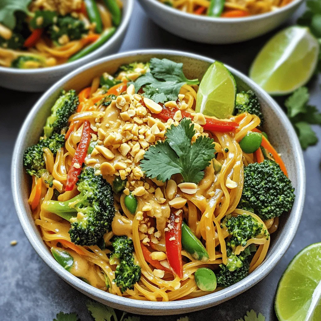 - 8 oz rice noodles - 1 cup broccoli florets - 1 red bell pepper, thinly sliced - 1 carrot, julienned - 1 cup snap peas, trimmed - 1/2 cup crushed peanuts (reserve some for garnish) - 3 green onions, chopped - 2 tablespoons sesame oil - 1 tablespoon rice vinegar - 1 tablespoon soy sauce (or tamari for a gluten-free option) - 1 tablespoon creamy peanut butter - 1 teaspoon sriracha (or more to taste) - 1 teaspoon fresh ginger, grated - 2 cloves garlic, minced - Fresh cilantro, for garnish - Lime wedges, for serving When making Thai Peanut Noodles, I love using fresh and colorful ingredients. They not only make the dish look great but also add tons of flavor. The rice noodles are the base. They soak up all the rich sauce. Broccoli florets give a nice crunch, while the red bell pepper adds sweetness. Carrots bring a pop of color, and snap peas add a fresh taste. Next, let's talk about the sauce. Creamy peanut butter is key. It makes the sauce rich and smooth. I also add soy sauce for saltiness and rice vinegar for a little tang. Sriracha brings heat, and fresh ginger and garlic pack in flavor. Finally, don’t forget the crushed peanuts on top! They add a lovely crunch. If you want the full details, check out the Full Recipe. It will guide you through every step to make this dish truly special. First, bring a large pot of water to a boil. Make sure it bubbles well. Add the rice noodles to the pot. Cook them for about 4-6 minutes. They should become soft but still firm. Once ready, drain the noodles. Rinse them under cold water to stop cooking. Set them aside for later. In a medium bowl, mix the sauce ingredients. Combine sesame oil, rice vinegar, soy sauce, and creamy peanut butter. Add sriracha, grated ginger, and minced garlic. Whisk until the sauce is smooth. Taste it and adjust the spice. Add more sriracha if you like it hotter. Heat a splash of oil in a large skillet over medium-high heat. Add the broccoli, red bell pepper, carrot, and snap peas. Cook these for about 3-4 minutes. Stir often to keep them crisp. You want them tender, but not mushy. Once your veggies are ready, add the drained noodles to the skillet. Pour the peanut sauce over everything. Toss everything together well so the sauce coats the noodles and veggies. Cook for another 2-3 minutes until it's all hot. Take the skillet off the heat. Stir in the crushed peanuts and chopped green onions. Serve the noodles hot. For a nice touch, garnish with fresh cilantro and add lime wedges on the side. This gives a bright, zesty flavor. Enjoy your flavorful Thai Peanut Noodles! For the full recipe, refer to the earlier section. - Timing for cooking noodles and vegetables: Start cooking the rice noodles first. They need about 4-6 minutes. While they cook, chop your veggies. This way, everything is ready at the same time. When the noodles are done, drain and rinse them quickly. This keeps them from getting mushy. - Adjusting for preferred spice levels: If you love heat, add more sriracha to your sauce. Taste it before mixing it with the noodles. You can always add more, but you can’t take it out! - Overcooking the noodles: Watch the clock! Overcooked noodles turn mushy. They should be al dente, which means firm to the bite. - Skipping the rinsing step: Rinsing the noodles helps remove excess starch. This keeps them from sticking together. Always rinse them under cold water right after cooking. - Suggestions for additional toppings: Try adding fresh bean sprouts or a sprinkle of sesame seeds. They add crunch and flavor. You can also use grilled chicken or shrimp for extra protein. - Pairing with side dishes: Serve these noodles with a fresh salad. A cucumber salad or Thai papaya salad complements the dish well. You could also serve them with spring rolls for a tasty combo! {{image_4}} For a tasty vegetarian or vegan meal, swap out meat for tofu or tempeh. Tofu absorbs flavors well, so marinate it in soy sauce or your favorite sauce. Cut tofu into small cubes and sauté until golden. Tempeh offers a nutty flavor. Slice it thin and sauté for a crisp texture. You can also try using almond or cashew butter instead of peanut butter for a twist. To make the dish gluten-free, choose tamari instead of soy sauce. Tamari has a rich taste and works well in this recipe. For noodles, stick to rice noodles, as they are naturally gluten-free. You can also use zucchini noodles for a low-carb option. Thai cuisine inspires these peanut noodles. The combination of peanut butter and soy sauce creates a rich taste. In other countries, you may find similar dishes with local flavors. In Indonesia, for example, they add sweet soy sauce for a different sweet note. In some Western countries, you might see additions like chicken or shrimp for protein. Each variation brings a unique twist to the classic peanut noodle dish. For the full recipe, check out the detailed steps above! Store leftover Thai Peanut Noodles in an airtight container. Glass or BPA-free plastic containers work best. Make sure to cool the noodles first before sealing them. This helps keep the texture and taste fresh. You can store them in the fridge for up to three days. To reheat, use a microwave or a skillet. If using a microwave, heat in 30-second intervals. Stir between each interval to warm evenly. If using a skillet, add a splash of water to keep them moist. Heat on low for about 5 minutes, stirring frequently. This keeps noodles from becoming sticky. You can freeze Thai Peanut Noodles for later use. Pack them in freezer-safe containers or bags. Remove as much air as possible to prevent freezer burn. They can last up to three months in the freezer. When ready to eat, thaw them overnight in the fridge. Reheat using the methods mentioned above. Thai Peanut Noodles stay good for about three to four days in the fridge. Store them in an airtight container to keep them fresh. If they start to dry out, add a splash of water before reheating. This helps bring back some moisture. Yes, you can make Thai Peanut Noodles ahead of time! Cook the noodles and veggies, then store them separately. Mix the sauce and keep it in the fridge. When you’re ready to eat, just combine everything. This way, your noodles stay fresh and tasty. You can serve Thai Peanut Noodles with many dishes! Try pairing them with: - Spring rolls - Thai salad - Grilled chicken - Fried tofu - Steamed rice These sides add variety and balance to your meal. The spice level depends on how much sriracha you add. You can make them mild by using less sriracha. If you love heat, feel free to add more! Taste the sauce first, then adjust to your liking. Absolutely! Feel free to swap out or add different veggies. Some great options are: - Bell peppers - Zucchini - Mushrooms - Spinach - Carrots Mix and match based on what you like or have at home. To make Thai Peanut Noodles vegan, use plant-based ingredients. Choose a vegan soy sauce or tamari. Make sure the peanut butter is free from animal products. All the fresh veggies are already vegan, so you’re good to go! Yes, if you want all the detailed steps, check out the Full Recipe. It covers everything from ingredients to cooking methods. This blog post covered making Thai peanut noodles from scratch. We explored the key ingredients and step-by-step instructions for cooking. I shared tips to perfect your noodles and how to avoid common mistakes. You can easily make vegetarian, vegan, or gluten-free versions too. Remember to store leftovers properly and reheat them gently. With this knowledge, you can enjoy a delicious dish any night. Dive in and make your own flavorful creation!