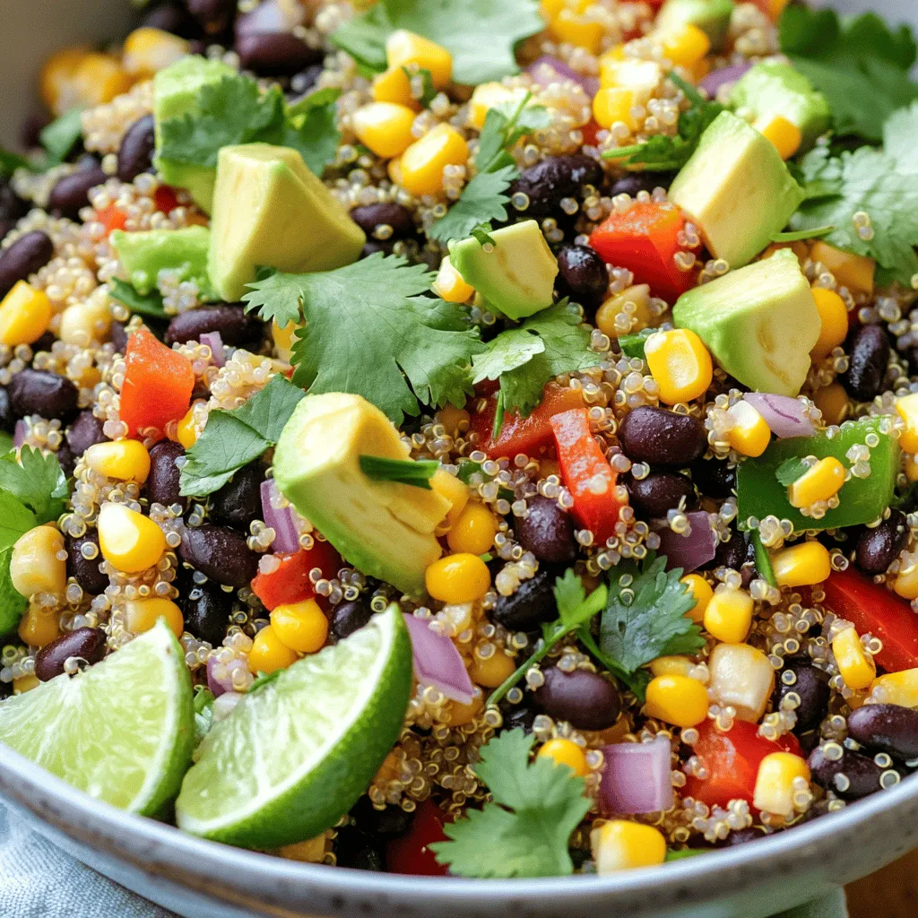 - Quinoa - Vegetable broth or water - Black beans - Corn kernels - Red bell pepper - Avocado - Red onion - Fresh cilantro - Lime juice - Extra-virgin olive oil - Ground cumin - Chili powder - Salt and pepper Quinoa Quinoa is a whole grain that is high in protein. It has all nine essential amino acids. This makes it a great choice for vegans. Quinoa also provides fiber, which helps digestion. Black beans Black beans are rich in protein and fiber. They are low in fat and help keep you full. They also provide iron, which is important for energy. Avocado Avocado is full of healthy fats. These fats support heart health. Plus, avocados contain potassium, which helps regulate blood pressure. Adding avocado to your salad gives it a creamy texture and rich flavor. This Southwest Quinoa Salad is not just tasty; it’s also packed with nutrition. You will love how easy it is to make this salad at home. For the full recipe, check out the details above! First, rinse the quinoa thoroughly under cold water. This removes any bitter coating called saponin. Use a fine-mesh strainer for the best results. Next, combine the rinsed quinoa with two cups of vegetable broth in a medium saucepan. Bring it to a vigorous boil over medium-high heat. Once it boils, reduce the heat to low and cover the pot. Let it simmer for about 15 minutes. After cooking, remove the pot from heat. Keep it covered and let it rest for another five minutes. This helps the quinoa become fluffy. Fluff it with a fork and let it cool to room temperature. While the quinoa cools, grab a large mixing bowl. Add one can of black beans, corn kernels, and a diced red bell pepper. You can use fresh, frozen, or canned corn. Then, chop a ripe avocado and add it last to prevent browning. Next, finely chop half a red onion and add it to the bowl. Finally, toss in a bunch of fresh cilantro, making sure to discard the stems. Gently mix all the vegetables together. For the dressing, take a small bowl and whisk together the juice of one lime, three tablespoons of olive oil, one teaspoon of ground cumin, and one teaspoon of chili powder. Add a pinch of salt and pepper to taste. Now, it’s time to mix everything. Once the quinoa has cooled, add it to the vegetable mix. Pour the dressing over the top. Gently toss all the ingredients together until well mixed. Taste the salad and adjust the seasoning. You might want to add more salt or pepper. For the full recipe, check out the Vibrant Southwest Quinoa Salad section. Enjoy this easy and flavorful meal! To cook quinoa perfectly, rinse it well. This removes a bitter coating called saponin. A common mistake is not using enough liquid. Use a ratio of 1 part quinoa to 2 parts broth. If you want a different method, try using a rice cooker. This ensures even cooking. To boost flavor, adjust your seasoning. Try adding more cumin or chili powder. For more heat, add diced jalapeños or a pinch of cayenne. The right spices can change the whole dish. Always taste your salad before serving. This lets you find the perfect balance. For a stunning look, serve in a large bowl. Layer the salad to show off colors. You can also use small jars for individual servings. Garnish with extra cilantro and lime wedges. This adds a fresh touch and makes it inviting. For the full recipe, check out the main article. {{image_4}} You can easily adapt this salad to fit your needs. If you want a vegan version, just use vegetable broth and skip any animal products. The recipe already uses plant-based ingredients, making it a great choice for everyone. For those who need gluten-free options, you can enjoy this salad too. Quinoa is naturally gluten-free, so this dish is safe for gluten-sensitive folks. Just double-check any canned ingredients, like beans and corn, for gluten-free labels. The Southwestern spice blend is key to this salad's taste. It includes ground cumin and chili powder, which add warmth and depth. You can also play with the spices. Try adding smoked paprika for a hint of smoke or cayenne for extra heat. Add extra ingredients to enhance flavors. Chopped jalapeños can give it a kick. A sprinkle of cheese, like feta or cotija, adds creaminess. For a zesty twist, mix in diced tomatoes or olives. Each addition creates a unique flavor profile. Seasonal changes can inspire new takes on this salad. In summer, add fresh fruits like peaches or mangoes. Their sweetness balances the savory flavors. You can also toss in fresh herbs like basil or mint for a refreshing touch. During winter, hearty vegetables can make the salad more filling. Roasted sweet potatoes or butternut squash add warmth and richness. You can even mix in roasted Brussels sprouts for a crunchy bite. Embrace the seasons, and your salad will always shine! To keep your Southwest Quinoa Salad fresh, place it in the fridge. Use an airtight container to keep out moisture. A glass or plastic container with a lid works best. This helps maintain the salad's crispness and flavor. This salad can last up to five days in the fridge. After that, it may start to lose quality. Look for signs of spoilage, like a sour smell or slimy texture. If you notice either, it's best to toss it out. For reheating, use the microwave or a skillet. Heat in short bursts and stir often to avoid hot spots. You can also eat it cold, which keeps the flavors bright. While I don’t recommend freezing this salad, you can freeze the cooked quinoa separately. This helps prevent mushiness when thawed. For the Full Recipe, check the instructions provided earlier. Yes, you can make this salad ahead of time. It tastes great after a few hours in the fridge. The flavors mix well and get better. Just wait to add the avocado until you serve to keep it fresh. If you want a substitute for quinoa, try rice or couscous. Both options work well. You can also use farro or barley for a different texture. Absolutely! This salad is great for meal prep. It stores well and stays fresh for days. Pack it in small containers for easy grab-and-go meals. To keep avocado fresh, add it just before serving. You can also squeeze lime juice on it. The acid helps slow down browning. Yes, adding protein is easy! You can use grilled chicken, shrimp, or tofu. Beans are a great protein choice too, and they fit right in. The spice level depends on how much chili powder you use. It provides a warm flavor, not too hot. If you like it spicier, add more to your taste. Enjoy the flavors! For the full recipe, check out the vibrant Southwest Quinoa Salad. This blog post explored making a delicious Southwest Quinoa Salad. We covered key ingredients, their health benefits, and how to prepare the salad step by step. I shared tips for perfect quinoa and flavor boosts, plus variations for different diets and seasons. In short, this salad is nutritious and versatile. With simple methods and easy storage tips, you can enjoy it anytime. Don’t hesitate to get creative with flavors and ingredients. Enjoy making this vibrant salad that’s sure to please!