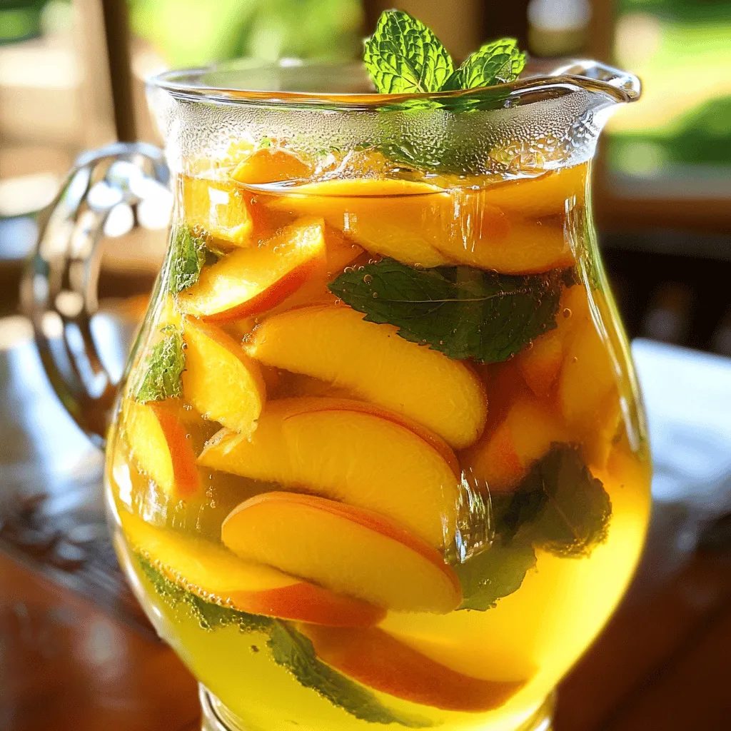 To make the perfect Ginger Peach Green Tea, gather these simple ingredients: - 2 cups of water - 1 tablespoon of freshly grated ginger - 2 ripe peaches, sliced into thin wedges - 2 teaspoons of green tea leaves or 2 green tea bags - 1-2 tablespoons of honey (to taste) - Fresh mint leaves for garnish (optional) These ingredients come together to create a refreshing drink. The ginger gives a warm spice, while the peaches add sweet brightness. The green tea provides a gentle caffeine boost. I love this combination! It's simple yet flavorful. You can adjust the sweetness with honey to match your taste. This recipe is adaptable, so feel free to play with it. For the full recipe, check out the detailed instructions. - Step 1: Boil the water Pour 2 cups of water into a medium saucepan. Heat it over medium heat until it boils. This step is vital for extracting flavors. - Step 2: Add ginger and peaches Once boiling, add 1 tablespoon of freshly grated ginger and 2 ripe peaches sliced into thin wedges. The ginger adds spice, and the peaches bring sweetness. - Step 3: Simmer to blend flavors Lower the heat and let the mixture simmer for about 5 minutes. This helps the flavors mix well, making the tea tasty. - Step 4: Steep the tea leaves Remove the saucepan from heat. Add 2 teaspoons of green tea leaves or 2 green tea bags. Cover the pan and let it steep for 3-5 minutes. Adjust the time based on how strong you like your tea. - Step 5: Strain the mixture Use a fine mesh strainer to pour the mixture into a large pitcher. Press down on the peaches and ginger to squeeze out extra flavor. - Step 6: Incorporate honey While the tea is still warm, stir in 1-2 tablespoons of honey. Mix well until it dissolves. This will add a lovely sweetness to your drink. - Step 7: Chill before serving Refrigerate the tea for at least 30 minutes. This step cools the drink and enhances its refreshing taste. For the complete recipe, refer to the [Full Recipe]. To make Ginger Peach Green Tea shine, start with the right sweetness. Honey is a great choice. You can adjust the amount based on how sweet you want your tea. Start with one tablespoon and taste. Add more if needed. Choosing the right tea is key too. Green tea works well because it has a light flavor. It blends nicely with ginger and peach. You can use loose leaves or tea bags, depending on your preference. Steeping time can change the taste. Steep the tea for three to five minutes. A shorter time gives a milder flavor, while a longer time makes it stronger. Find what you like best. Think about what to serve with your tea. It pairs well with light snacks like fruit or crackers. A cheese plate also complements its flavors nicely. For garnish, fresh mint leaves look lovely. They add color and a hint of freshness. Just a few sprigs on top will do. You can enjoy this tea hot or iced. Serve it warm on a chilly day. On hot days, pour it over ice for a refreshing drink. Either way, it’s a treat! For the full recipe, check out the instructions above. {{image_4}} Ginger peach green tea is not just a tasty drink; it offers many health perks. - Antioxidant properties of green tea: Green tea is packed with antioxidants called catechins. These compounds help fight free radicals in your body. They can lower the risk of chronic diseases and keep your heart healthy. - Health benefits of ginger: Ginger is known for its anti-inflammatory effects. It may ease nausea and help with digestion. Plus, ginger can boost your immune system. This means you can feel good while enjoying your tea! - Nutritional perks of peaches: Peaches add a sweet flavor and are rich in vitamins A and C. These vitamins are great for your skin and vision. Peaches also have fiber, which aids digestion. Drinking ginger peach green tea can be calming and soothing. - Stress relief and calming properties: Sipping this tea can help you relax. The warmth and flavor are comforting, making it a perfect drink after a long day. - Immune system support: The combination of ginger and green tea can strengthen your immune system. This helps your body fight off colds and other illnesses. - Digestive benefits of ginger: Ginger is a superstar for your stomach. It can reduce bloating and help with an upset stomach. Enjoying this tea can lead to better digestion. Try making your own Ginger Peach Green Tea using the [Full Recipe]. You’ll enjoy every sip while reaping these health benefits! You can make Ginger Peach Green Tea even more fun by adding new flavors. Here are some easy ideas: - Add citrus: Squeeze in some lemon or lime juice. This gives your tea a bright twist. - Try herbs: Fresh basil or rosemary can add a unique taste. Just toss a few leaves in while simmering. - Use sweeteners: If honey isn't your thing, try agave syrup or stevia. Both can sweeten your drink well. Feel free to mix and match these ideas. Each option brings a new taste to your tea. Switching up the tea base can change your drink a lot. Here are some fun options to try: - Herbal or rooibos tea: If you want a caffeine-free drink, use herbal or rooibos tea. Both have rich flavors that blend well with peach and ginger. - Add matcha: Matcha gives a nice green color and adds a fresh taste. Mix it in while you steep the tea. - Infuse with other fruits: You can toss in berries or watermelon for a fruity kick. This adds sweetness and makes your tea more colorful. Experimenting with these variations can make your Ginger Peach Green Tea unique each time you make it. Enjoy the journey of flavor! How can I make ginger peach green tea stronger? To boost the flavor, use more ginger. You can add an extra tablespoon of grated ginger. Also, steep the tea leaves longer, up to 7 minutes. This will give you a bolder taste. Can I use dried ginger instead of fresh? Yes, but fresh ginger tastes better. If you use dried ginger, use less, about 1 teaspoon. Dried ginger is stronger, so adjust to your taste. What are the best storage methods for leftover tea? Store the tea in a sealed container. Keep it in the fridge. It stays fresh for up to three days. Always stir before serving again. Where can I buy Ginger Peach Green Tea online? You can find it on many websites. Look for tea specialty stores or major retailers like Amazon. Check for reviews to find the best brand. What are the best times to drink this tea? Drink it any time of day! It works well as a morning boost or afternoon refreshment. Enjoy it hot or cold for a tasty treat. How long does homemade tea last in the refrigerator? Homemade ginger peach green tea lasts up to three days. After that, it may lose flavor. Always check for any signs of spoilage before drinking. Ginger Peach Green Tea is a refreshingly tasty drink you can easily make. We covered key ingredients, step-by-step instructions, and helpful tips. I shared health benefits and variations to try. You can enjoy this tea hot or iced, making it perfect for any season. By experimenting with flavors and ingredients, you can create your ideal drink. Enjoy the soothing effects while benefiting from the nutrients. I'm excited for you to try this delicious tea!