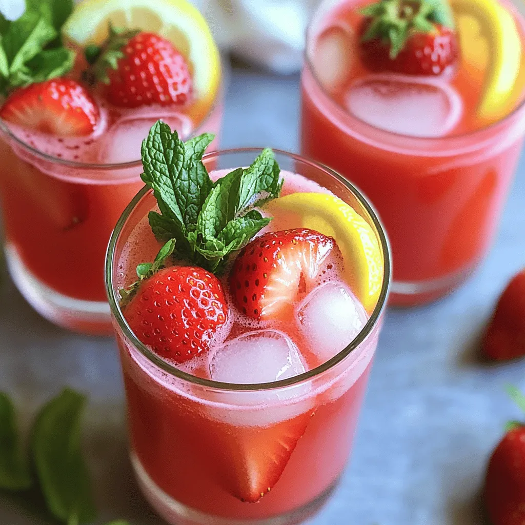 Fresh strawberries are the star of this drink. I use about 1 cup, hulled and sliced. They give your lemonade a sweet, fruity flavor. Always choose ripe and juicy strawberries for the best taste. Rose syrup adds a floral twist. You can buy it or make your own. You'll need 1/4 cup for this recipe. This syrup pairs well with the strawberries and lemon. Freshly squeezed lemon juice is key. It gives the lemonade its tangy kick. About 1/2 cup, or four medium lemons, works best. Always opt for fresh lemons for the best flavor. For sweetness, I use honey or agave syrup. About 1/4 cup is perfect. You can adjust this based on your taste. Honey adds depth, while agave is lighter. Water helps balance the flavors. I use 4 cups of cold water. It makes the drink refreshing and easy to sip. Mint leaves and ice cubes make your drink look nice. Add fresh mint for a pop of color. Ice cubes keep it cold and refreshing. These little touches make a big difference. Check out the Full Recipe to create your own Strawberry Rose Lemonade! Start by washing your strawberries. Remove the green tops and slice them. Place the sliced strawberries in a blender. Add the rose syrup to the blender, too. Blend until the strawberries become smooth. If you want a silky drink, strain the puree using a fine mesh sieve. This removes any seeds and makes it smooth. Grab a large pitcher and squeeze fresh lemons. You need about half a cup of lemon juice. Pour the lemon juice into the pitcher. Next, add four cups of cold water. Then, add honey or agave syrup for sweetness. Mix well with a long spoon until the syrup dissolves. This gives you a nice lemonade base. Now it’s time to add the strawberry puree. Pour it into the pitcher with the lemonade base. Stir gently to blend the colors together. Take a sip and taste the lemonade. If it’s not sweet enough, add more honey or agave syrup. Mix again until you reach your desired sweetness. Cover the pitcher with a lid or plastic wrap. Place it in the fridge for at least 30 minutes. This helps the flavors mix and taste better. The longer it chills, the more delicious it will be! When you’re ready to serve, fill glasses with ice cubes. Pour the chilled strawberry rose lemonade over the ice. Watch as the pretty pink color flows. For garnish, add fresh mint leaves to each glass. You can also place a lemon slice on the rim for a lovely touch. This drink not only tastes great but looks amazing too! For the full recipe, check out the detailed section above. To get the right sweetness, taste as you mix. Start with 1/4 cup of honey or agave syrup. Stir well, then taste. If it feels too tart, add more sweetener. Adjust in small amounts. Remember, everyone’s taste is different. What’s sweet for one may not be for another. You can add more fun flavors. Try a splash of orange juice for a citrus twist. A dash of vanilla can also add warmth. If you like spice, a pinch of ground ginger brightens the mix. Fresh basil leaves can give a savory note. Experiment and find your favorite blend! Serve your strawberry rose lemonade in clear glasses. This shows off its pretty pink color. Add ice before pouring to keep it cool. You can float whole strawberries or mint leaves on top. For a fancy look, place a lemon slice on the rim of each glass. These small touches make a big difference! For the complete recipe, check the full recipe. {{image_4}} You can add herbs to your Strawberry Rose Lemonade for a unique twist. Fresh basil or thyme pairs well with the sweet strawberries. Just muddle a few leaves in your pitcher before adding the other ingredients. This adds a savory touch and enhances the drink's aroma. Try mixing in different fruits for exciting flavors. Raspberries or blueberries can replace strawberries. For a tropical vibe, add pineapple or mango. Each fruit brings a new taste, making the drink fun to explore. Blend them in the same way as strawberries for a smooth finish. While honey or agave syrup works great, other sweeteners can change the taste. Maple syrup adds a rich and warm flavor. If you prefer a low-calorie option, consider stevia or monk fruit. Adjust the amount based on how sweet you want your drink. Each sweetener gives a unique twist to the Strawberry Rose Lemonade. For a detailed guide on making this refreshing drink, refer to the Full Recipe. After you enjoy your strawberry rose lemonade, store any leftovers in the fridge. Use a tightly sealed container to keep it fresh. This drink tastes best when cold. If you keep it in a pitcher, cover it with plastic wrap. This way, it won’t absorb any odors from the fridge. Generally, your strawberry rose lemonade will last about three to five days in the fridge. The flavors may fade after a couple of days. If it starts to taste flat, it’s time to toss it. Always check for any signs of spoilage before drinking. When you’re ready to enjoy the lemonade again, give it a good stir. If it has settled, the pretty pink color will need a little help. Pour it over fresh ice for a refreshing experience. You can also add new mint leaves or fresh strawberries for a fresh touch. This will make each serving feel special, even if it’s a leftover! Try to serve it in clear glasses to show off its lovely color. Yes, you can make this drink ahead. Prepare the lemonade and store it in the fridge. It will taste great for up to two days. Just add ice before serving for freshness. You can use flavored simple syrup or lavender syrup. These options add a nice twist. You could also try a splash of vanilla or almond extract for a different taste. Absolutely! The current recipe is naturally non-alcoholic. It focuses on fruity flavors and sweetness. Enjoy this drink anytime, as it’s perfect for all ages. To make it healthier, reduce the amount of honey or agave syrup. You can also use stevia or another low-calorie sweetener. Add more fresh mint for flavor without extra sugar. Serve the lemonade in clear pitchers for a lovely look. Use beautiful glasses to show off the pink color. Add extra strawberries and mint for decoration. You can also create a lemonade bar with different flavors for guests to mix. You can create a refreshing Strawberry Rose Lemonade with simple ingredients like fresh strawberries, rose syrup, and lemon juice. Follow the step-by-step guide to blend the puree, mix the base, and chill it perfectly. Use tips for sweetness and presentation to impress. Feel free to explore variations with herbs and alternative fruits. Lastly, store leftovers properly to enjoy later. This lemonade brings a delightful twist to your drink choices. Enjoy making it and sharing it with others. It’s a treat that can brighten any day!