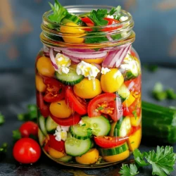 To make this fresh and colorful Mason Jar Greek Salad, gather these ingredients: - 1 cup fresh cherry tomatoes, halved - 1 medium cucumber, diced into bite-sized pieces - 1 large red bell pepper, diced - 1/2 medium red onion, thinly sliced - 1 cup Kalamata olives, pitted and halved - 1 cup feta cheese, crumbled - 1/4 cup high-quality extra-virgin olive oil - 2 tablespoons red wine vinegar - 1 teaspoon dried oregano - Salt and freshly ground black pepper to taste - Fresh parsley, chopped, for garnish Each ingredient in this salad not only adds flavor but also brings health benefits: - Cherry Tomatoes: These are packed with vitamins A and C. They help keep your skin healthy. - Cucumber: High in water, cucumbers keep you hydrated. They are low in calories, too. - Red Bell Pepper: This pepper is rich in antioxidants. It adds a sweet crunch to the salad. - Red Onion: Red onions have strong anti-inflammatory properties. They also add a nice bite. - Kalamata Olives: These olives are high in healthy fats. They add a briny flavor that complements the salad. - Feta Cheese: Feta provides calcium and protein. Its creamy texture balances the crunch of the veggies. - Extra-Virgin Olive Oil: This oil is rich in healthy fats and antioxidants. It adds a smooth richness to the dressing. - Red Wine Vinegar: This vinegar adds tang and helps with digestion. It brightens the whole dish. - Dried Oregano: Oregano adds a burst of flavor and has antibacterial properties. It’s a perfect herb for Greek dishes. - Parsley: Fresh parsley is full of vitamins. It adds a pop of color and freshness. You can easily swap ingredients to suit your taste or what you have on hand: - Cherry Tomatoes: Use grape tomatoes or diced larger tomatoes. - Cucumber: Substitute with zucchini or bell pepper for a different crunch. - Red Bell Pepper: Yellow or green bell peppers work well too. - Red Onion: Use green onions for a milder taste. - Kalamata Olives: Try green olives or capers for a different flavor. - Feta Cheese: Use goat cheese for a creamier texture or leave it out for a vegan option. - Extra-Virgin Olive Oil: Any good quality oil can work, like avocado oil. - Red Wine Vinegar: Use white wine vinegar or lemon juice for a fresh twist. - Dried Oregano: Fresh oregano can replace dried for a stronger flavor. - Parsley: Use cilantro or a sprinkle of microgreens for variety. These suggestions allow you to customize the salad while keeping it delicious and fresh! Start with fresh, colorful veggies. Wash them well to remove dirt. For the cucumber, slice it into bite-sized pieces. This makes it easy to eat. Dice the red bell pepper into small cubes. Thinly slice the red onion to add flavor. Halve the cherry tomatoes for a juicy burst. Finally, pit and halve the Kalamata olives. Crumble the feta cheese into smaller bits. This helps it mix better in the salad. Having all ingredients ready makes assembly easy and fun. Making the dressing is quick and simple. In a small bowl, combine high-quality extra-virgin olive oil and red wine vinegar. Add dried oregano for that classic Greek flavor. Season with a pinch of salt and freshly ground pepper. Whisk all the ingredients together until they mix well. The dressing should look smooth and creamy. This step is key to bringing all the flavors together. Layering is important for keeping the salad fresh. Start by pouring the dressing into the bottom of a clean mason jar. This keeps the greens crisp and the dressing from making them soggy. Next, add the cucumber cubes. Follow with the halved cherry tomatoes. Then, add the diced red bell pepper and the sliced red onion. After that, place the Kalamata olives on top. Finally, sprinkle the crumbled feta cheese to finish. This order helps each layer stay fresh. Seal the jar tightly to keep everything in place. When you’re ready to eat, shake the jar gently to mix the salad and dressing. Enjoy your fresh Mason Jar Greek Salad as a perfect meal! For the full recipe, check the main article. When you meal prep, make sure to cut and wash all your veggies. This saves time later. Use fresh ingredients for the best taste. I find that using a sharp knife helps me cut faster and more safely. Make the dressing ahead of time. Store it in a small jar. This way, you can pour it over the salad when you're ready to eat. Keeping the dressing separate keeps the salad crisp. To keep your salad fresh, layer it correctly in the mason jar. Start with the dressing at the bottom. This keeps the greens dry. Then, add the sturdier veggies like cucumbers and bell peppers next. Add softer ingredients like tomatoes and feta on top. Seal the jar tightly after you fill it. This helps to keep air out. Store it in the fridge for up to five days. Make sure to check the veggies for freshness before eating. You can change this salad in many ways! Want more protein? Add grilled chicken or chickpeas. Craving a spicy kick? Toss in some jalapeños or a splash of hot sauce. Try different cheeses, too. Goat cheese or mozzarella can add new flavors. You can even switch up the veggies based on what you have at home. Use zucchini or spinach if you like. For a sweet touch, add some diced avocados or a sprinkle of dried cranberries. The options are endless, so have fun creating your perfect Mason Jar Greek Salad! For the complete recipe, check the Full Recipe section. {{image_4}} You can easily add protein to your Mason Jar Greek Salad. Some great options include grilled chicken or shrimp. Just make sure they are cooked and cooled before adding. You can also use chickpeas or cannellini beans for a veggie boost. These add flavor and make your salad more filling. If you want a low-carb version, skip the feta cheese and use avocado instead. This keeps the salad creamy without carbs. For a vegan twist, replace the feta with tofu or a nut-based cheese. You can also add more veggies like zucchini or bell peppers for extra crunch. Seasonal ingredients can make your salad fresh and exciting. In spring, try adding asparagus or peas. In summer, consider sweet corn or radishes for a pop of flavor. Fall brings great options like roasted butternut squash or apples. Each season offers unique tastes that keep your salad interesting. For the full recipe, check out the Mason Jar Greek Salad Delight. To keep your Mason Jar Greek Salad fresh, start with a clean jar. Use a jar that is large enough to hold all your ingredients. Layer the ingredients from heaviest to lightest. Place the dressing at the bottom. This way, it will not wilt the greens. Next, add the cucumbers, tomatoes, bell peppers, onions, olives, and cheese. Make sure to seal the jar tightly. This helps keep air out and keeps the salad crisp. When stored properly, your Mason Jar Greek Salad can last up to five days in the fridge. The key is to keep the jar sealed and cold. You may see some changes in texture, but the flavors will still be great. If you notice any off smells or colors, it’s best to toss the salad. Always trust your senses when it comes to food safety. Mason Jar Greek Salad is best served cold, so reheating is not needed. If you want to warm it, remove only the feta and olives first. You can place the rest in a microwave for about 15 seconds. Afterward, add the feta and olives back in. This keeps the flavors fresh and the salad enjoyable. The Mason Jar Greek Salad can last up to five days in the fridge. The layers help keep the salad fresh. Always store it in a sealed jar. This keeps air out and maintains texture. Yes, you can prepare this salad in advance. It is perfect for meal prep. Just follow the assembly tips. Layer the ingredients as I mentioned in the recipe. The dressing goes at the bottom to keep everything fresh. The best way to serve this salad is straight from the jar. This gives it a fun, rustic look. Just shake the jar gently before serving. This mixes the dressing and ingredients well. For a formal touch, pour it into a bowl. Add some fresh parsley on top for color. Enjoy this fresh and flavorful delight! This blog post covered how to make a Mason Jar Greek Salad. We discussed each ingredient's benefits and offered swap ideas. I shared easy steps to prepare, dress, and layer your salad. Tips for meal prep and freshness help you enjoy your meal longer. I gave options for protein and made this salad friendly for different diets. Storing and serving guidelines ensure your salad stays fresh and tasty. With these ideas, you can mix and match to fit your taste. Enjoy your healthy meals with fun flavors!