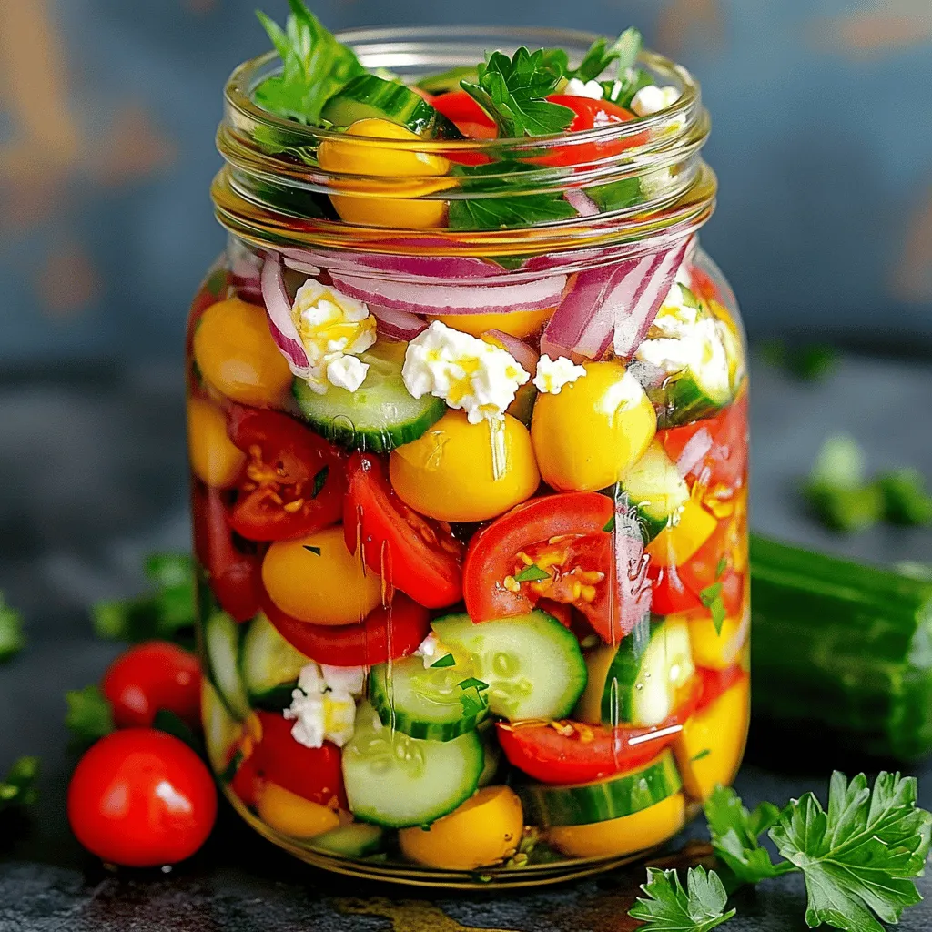 To make this fresh and colorful Mason Jar Greek Salad, gather these ingredients: - 1 cup fresh cherry tomatoes, halved - 1 medium cucumber, diced into bite-sized pieces - 1 large red bell pepper, diced - 1/2 medium red onion, thinly sliced - 1 cup Kalamata olives, pitted and halved - 1 cup feta cheese, crumbled - 1/4 cup high-quality extra-virgin olive oil - 2 tablespoons red wine vinegar - 1 teaspoon dried oregano - Salt and freshly ground black pepper to taste - Fresh parsley, chopped, for garnish Each ingredient in this salad not only adds flavor but also brings health benefits: - Cherry Tomatoes: These are packed with vitamins A and C. They help keep your skin healthy. - Cucumber: High in water, cucumbers keep you hydrated. They are low in calories, too. - Red Bell Pepper: This pepper is rich in antioxidants. It adds a sweet crunch to the salad. - Red Onion: Red onions have strong anti-inflammatory properties. They also add a nice bite. - Kalamata Olives: These olives are high in healthy fats. They add a briny flavor that complements the salad. - Feta Cheese: Feta provides calcium and protein. Its creamy texture balances the crunch of the veggies. - Extra-Virgin Olive Oil: This oil is rich in healthy fats and antioxidants. It adds a smooth richness to the dressing. - Red Wine Vinegar: This vinegar adds tang and helps with digestion. It brightens the whole dish. - Dried Oregano: Oregano adds a burst of flavor and has antibacterial properties. It’s a perfect herb for Greek dishes. - Parsley: Fresh parsley is full of vitamins. It adds a pop of color and freshness. You can easily swap ingredients to suit your taste or what you have on hand: - Cherry Tomatoes: Use grape tomatoes or diced larger tomatoes. - Cucumber: Substitute with zucchini or bell pepper for a different crunch. - Red Bell Pepper: Yellow or green bell peppers work well too. - Red Onion: Use green onions for a milder taste. - Kalamata Olives: Try green olives or capers for a different flavor. - Feta Cheese: Use goat cheese for a creamier texture or leave it out for a vegan option. - Extra-Virgin Olive Oil: Any good quality oil can work, like avocado oil. - Red Wine Vinegar: Use white wine vinegar or lemon juice for a fresh twist. - Dried Oregano: Fresh oregano can replace dried for a stronger flavor. - Parsley: Use cilantro or a sprinkle of microgreens for variety. These suggestions allow you to customize the salad while keeping it delicious and fresh! Start with fresh, colorful veggies. Wash them well to remove dirt. For the cucumber, slice it into bite-sized pieces. This makes it easy to eat. Dice the red bell pepper into small cubes. Thinly slice the red onion to add flavor. Halve the cherry tomatoes for a juicy burst. Finally, pit and halve the Kalamata olives. Crumble the feta cheese into smaller bits. This helps it mix better in the salad. Having all ingredients ready makes assembly easy and fun. Making the dressing is quick and simple. In a small bowl, combine high-quality extra-virgin olive oil and red wine vinegar. Add dried oregano for that classic Greek flavor. Season with a pinch of salt and freshly ground pepper. Whisk all the ingredients together until they mix well. The dressing should look smooth and creamy. This step is key to bringing all the flavors together. Layering is important for keeping the salad fresh. Start by pouring the dressing into the bottom of a clean mason jar. This keeps the greens crisp and the dressing from making them soggy. Next, add the cucumber cubes. Follow with the halved cherry tomatoes. Then, add the diced red bell pepper and the sliced red onion. After that, place the Kalamata olives on top. Finally, sprinkle the crumbled feta cheese to finish. This order helps each layer stay fresh. Seal the jar tightly to keep everything in place. When you’re ready to eat, shake the jar gently to mix the salad and dressing. Enjoy your fresh Mason Jar Greek Salad as a perfect meal! For the full recipe, check the main article. When you meal prep, make sure to cut and wash all your veggies. This saves time later. Use fresh ingredients for the best taste. I find that using a sharp knife helps me cut faster and more safely. Make the dressing ahead of time. Store it in a small jar. This way, you can pour it over the salad when you're ready to eat. Keeping the dressing separate keeps the salad crisp. To keep your salad fresh, layer it correctly in the mason jar. Start with the dressing at the bottom. This keeps the greens dry. Then, add the sturdier veggies like cucumbers and bell peppers next. Add softer ingredients like tomatoes and feta on top. Seal the jar tightly after you fill it. This helps to keep air out. Store it in the fridge for up to five days. Make sure to check the veggies for freshness before eating. You can change this salad in many ways! Want more protein? Add grilled chicken or chickpeas. Craving a spicy kick? Toss in some jalapeños or a splash of hot sauce. Try different cheeses, too. Goat cheese or mozzarella can add new flavors. You can even switch up the veggies based on what you have at home. Use zucchini or spinach if you like. For a sweet touch, add some diced avocados or a sprinkle of dried cranberries. The options are endless, so have fun creating your perfect Mason Jar Greek Salad! For the complete recipe, check the Full Recipe section. {{image_4}} You can easily add protein to your Mason Jar Greek Salad. Some great options include grilled chicken or shrimp. Just make sure they are cooked and cooled before adding. You can also use chickpeas or cannellini beans for a veggie boost. These add flavor and make your salad more filling. If you want a low-carb version, skip the feta cheese and use avocado instead. This keeps the salad creamy without carbs. For a vegan twist, replace the feta with tofu or a nut-based cheese. You can also add more veggies like zucchini or bell peppers for extra crunch. Seasonal ingredients can make your salad fresh and exciting. In spring, try adding asparagus or peas. In summer, consider sweet corn or radishes for a pop of flavor. Fall brings great options like roasted butternut squash or apples. Each season offers unique tastes that keep your salad interesting. For the full recipe, check out the Mason Jar Greek Salad Delight. To keep your Mason Jar Greek Salad fresh, start with a clean jar. Use a jar that is large enough to hold all your ingredients. Layer the ingredients from heaviest to lightest. Place the dressing at the bottom. This way, it will not wilt the greens. Next, add the cucumbers, tomatoes, bell peppers, onions, olives, and cheese. Make sure to seal the jar tightly. This helps keep air out and keeps the salad crisp. When stored properly, your Mason Jar Greek Salad can last up to five days in the fridge. The key is to keep the jar sealed and cold. You may see some changes in texture, but the flavors will still be great. If you notice any off smells or colors, it’s best to toss the salad. Always trust your senses when it comes to food safety. Mason Jar Greek Salad is best served cold, so reheating is not needed. If you want to warm it, remove only the feta and olives first. You can place the rest in a microwave for about 15 seconds. Afterward, add the feta and olives back in. This keeps the flavors fresh and the salad enjoyable. The Mason Jar Greek Salad can last up to five days in the fridge. The layers help keep the salad fresh. Always store it in a sealed jar. This keeps air out and maintains texture. Yes, you can prepare this salad in advance. It is perfect for meal prep. Just follow the assembly tips. Layer the ingredients as I mentioned in the recipe. The dressing goes at the bottom to keep everything fresh. The best way to serve this salad is straight from the jar. This gives it a fun, rustic look. Just shake the jar gently before serving. This mixes the dressing and ingredients well. For a formal touch, pour it into a bowl. Add some fresh parsley on top for color. Enjoy this fresh and flavorful delight! This blog post covered how to make a Mason Jar Greek Salad. We discussed each ingredient's benefits and offered swap ideas. I shared easy steps to prepare, dress, and layer your salad. Tips for meal prep and freshness help you enjoy your meal longer. I gave options for protein and made this salad friendly for different diets. Storing and serving guidelines ensure your salad stays fresh and tasty. With these ideas, you can mix and match to fit your taste. Enjoy your healthy meals with fun flavors!
