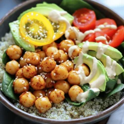 - 1 can (15 oz) chickpeas, drained and rinsed - 1 cup quinoa, thoroughly rinsed - 1 cup cherry tomatoes, halved - 1 ripe avocado, sliced - 2 cups fresh spinach leaves - 1/4 cup tahini - 2 tablespoons fresh lemon juice - 2 tablespoons olive oil - 1 teaspoon smoked paprika - 1 teaspoon garlic powder - 1 teaspoon ground cumin - Salt and pepper, to taste - 1 tablespoon maple syrup (optional, for sweetness) - Sesame seeds, for garnish When you make this crispy chickpea Buddha bowl, you will need these fresh and vibrant ingredients. The chickpeas serve as the star, bringing protein and crunch. Quinoa adds a nutty flavor and acts as a base, while the fresh veggies boost your meal's nutrition. The tahini dressing ties all the flavors together with its creamy texture. For seasoning, olive oil helps the chickpeas crisp up nicely. The spices, like smoked paprika and garlic powder, bring depth to the dish. Salt and pepper enhance every bite, ensuring balanced flavors throughout. Feel free to add a drizzle of maple syrup for a touch of sweetness. Sesame seeds can add a nice crunch on top. This recipe makes it easy to create a healthy and tasty meal for you and your loved ones. For the full recipe, check out the link provided. - Preheat the oven to 400°F (200°C). This helps the chickpeas get crispy. - In a bowl, mix the drained chickpeas with olive oil, smoked paprika, garlic powder, cumin, salt, and pepper. Toss them well. Make sure each chickpea gets coated. - Spread the chickpeas on a baking sheet in a single layer. Roast them for 25-30 minutes. Shake the pan halfway through for even cooking. They should turn golden and crunchy. - In a saucepan, bring 2 cups of vegetable broth (or water) to a boil. - Add 1 cup of rinsed quinoa. Stir, then reduce the heat to low. Cover the pot and let it simmer for about 15 minutes. The quinoa should absorb all the liquid. After 15 minutes, let it sit for 5 more minutes. Fluff it with a fork. - In a small bowl, whisk together 1/4 cup of tahini, 2 tablespoons of fresh lemon juice, maple syrup (if you want), and a pinch of salt. - If the dressing is too thick, add water a little at a time until it’s smooth and creamy. - Start with a good scoop of quinoa at the bottom of each bowl. - Add a handful of fresh spinach on top of the quinoa. - Next, layer the roasted chickpeas, halved cherry tomatoes, and sliced avocado. - Drizzle the tahini dressing over everything. Finally, sprinkle sesame seeds on top for added crunch. For the full recipe, you can refer back to the previous sections. Enjoy your colorful and tasty bowl! To make crispy chickpeas, start by drying them well. Moisture keeps them from getting crunchy. After draining and rinsing your chickpeas, spread them on a clean kitchen towel. Pat them dry for a minute or two. This step is key for crispiness. When roasting, use a high oven temperature. Preheat your oven to 400°F (200°C). Spread the chickpeas in a single layer on the baking sheet. This ensures even cooking. Roast for 25-30 minutes. Shake the pan halfway through to help them brown evenly. You can switch up the flavors easily. Try different spices like chili powder or Italian herbs. You can even add a pinch of cayenne for heat. If you want more protein, toss in grilled chicken or tofu. Quinoa is a great base, but you can also mix in farro or brown rice. Make your bowl pop with color. Use a variety of fresh veggies. Cherry tomatoes and avocado add bright colors. Arrange the ingredients in sections. This makes the bowl look inviting. You can also sprinkle sesame seeds on top for a nice crunch. Adding lemon wedges on the side brightens the dish. For the complete recipe, check out the Full Recipe. {{image_4}} To make this dish fit your needs, try these options: - Vegan substitutions: This recipe is already vegan. You can skip the maple syrup if you prefer. - Gluten-free options: Quinoa is gluten-free. Always check labels on ingredients to be safe. You can customize your Buddha bowl with these tasty additions: - Roasted vegetables: Try adding sweet potatoes, bell peppers, or zucchini. Roast them alongside the chickpeas for extra flavor. - Alternative toppings: Top your bowl with nuts, seeds, or microgreens for a nice crunch. Add a world twist to your bowl with these ideas: - Mediterranean-inspired additions: Feta cheese and olives give a great salty bite. Add some fresh herbs like parsley or dill for brightness. - Asian twist options: Try using soy sauce or sesame oil in the dressing. Add edamame or pickled ginger for a fun flavor boost. Feel free to mix and match these ideas to create your perfect crispy chickpea Buddha bowl. For the full recipe, check the link! To keep your Buddha bowl fresh, store leftovers in airtight containers. Refrigerate them right away. The ingredients will stay good for about 3 to 4 days. Chickpeas hold up well, but fresh veggies are best eaten sooner. For quinoa, make sure it cools down before placing it in the fridge. It can last 4 to 5 days, too. Keep the tahini dressing in a separate container. It can stay fresh for about a week. When reheating chickpeas and quinoa, use the microwave or a skillet. If you use a microwave, heat them in short bursts, checking often. This helps keep them from drying out. For a skillet, add a little water or broth. Heat on low, stirring occasionally. This keeps the flavors bright and tasty. You can freeze cooked chickpeas and quinoa. Place them in freezer-safe bags or containers. They will last for about 2 to 3 months in the freezer. When you are ready to eat, thaw them in the fridge overnight. You can also use a microwave to thaw them quickly. Just remember to reheat them well before serving. This keeps the taste and texture great! For the tahini dressing, I don’t recommend freezing it. It may change in texture. Instead, make it fresh for the best flavor. Check out the Full Recipe to see how to prepare everything. To make crispy chickpeas, start with drained and rinsed chickpeas. Dry them well using a kitchen towel. This step helps them get crispy when roasted. Toss the chickpeas in olive oil and your favorite spices. I love using smoked paprika, garlic powder, and cumin. Spread them out in a single layer on a baking sheet. Roast them at 400°F (200°C) for 25-30 minutes. Shake the pan halfway through to ensure even cooking. When they are golden and crunchy, they are ready. Yes, you can prepare the Buddha bowl ahead of time. Cook the quinoa and roast the chickpeas in advance. Store them in separate containers in the fridge. This keeps everything fresh. You can also prep the tahini dressing ahead. Just whisk the ingredients together and store in a jar. When you are ready to eat, assemble the bowl with fresh spinach and veggies. This makes meal prep easy and saves time. If you don’t have tahini, you can try several alternatives. Peanut butter or almond butter can work well. They offer a rich flavor and creamy texture. You can also use yogurt or a simple vinaigrette. A mix of olive oil, lemon juice, and mustard makes a tangy dressing. Just adjust the amounts to your taste. This recipe yields four servings. Each bowl has a good amount of quinoa, chickpeas, and fresh veggies. You can easily adjust the recipe if you want to serve more or fewer people. Simply divide or multiply the ingredient amounts as needed. Enjoy a healthy and tasty meal with family or friends! In this post, we explored how to create a Crispy Chickpea Buddha Bowl. We discussed essential ingredients, from chickpeas and quinoa to tahini dressing. You learned step-by-step instructions for preparing each component. I shared tips to achieve crispy chickpeas and creative presentation ideas. Finally, I offered variations for dietary needs and storage guidance. Remember, this bowl is not just tasty; it’s also flexible. You can mix flavors and ingredients to suit your taste. Enjoy your cooking and feel free to make this dish your own!