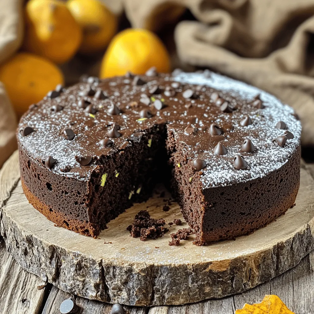 To make a rich and moist chocolate zucchini cake, you need a few key ingredients. The star of this cake is the grated zucchini. It adds moisture and a subtle flavor. Here's what you'll need: - 1 ½ cups grated zucchini (approximately 2 medium zucchinis) - 1 cup all-purpose flour - 1 cup unsweetened cocoa powder These three ingredients form the base of your cake. The zucchini blends well with the cocoa, making the cake extra soft. Next, we need sweeteners and wet ingredients. These help to flavor the cake and keep it moist. Here’s what to gather: - Granulated sugar and brown sugar - Vegetable oil and eggs The blend of granulated and brown sugar gives a nice balance of sweetness. Vegetable oil keeps the cake moist, while eggs provide structure. Baking essentials are crucial for achieving the right texture. They help the cake rise and give it flavor. You will need: - Baking powder, baking soda, and salt - Semi-sweet chocolate chips Baking powder and baking soda work together to make the cake light. The salt enhances the chocolate taste. Chocolate chips add bursts of sweetness throughout the cake. For the complete list of ingredients, refer to the Full Recipe. First, you need to preheat your oven to 350°F (175°C). While the oven warms, prepare your 9x13 inch baking pan. Grease it lightly and dust it with flour. This step helps the cake not to stick. Now, grab 1 ½ cups of grated zucchini, which is about 2 medium zucchinis. In a medium bowl, mix the grated zucchini with both granulated sugar and brown sugar. Let this sit for about 10 minutes. This time allows the zucchini to release its moisture, which makes the cake sweeter. In another bowl, whisk together the dry ingredients. Use 1 cup of all-purpose flour, 1 cup of unsweetened cocoa powder, 1 teaspoon of baking powder, ½ teaspoon of baking soda, and ½ teaspoon of salt. Make sure there are no lumps. In a large bowl, create your wet mixture. Beat together ½ cup of vegetable oil, 3 large eggs, and 2 teaspoons of pure vanilla extract. Mix until smooth. Now, it's time to combine everything. Gently fold the sugar-zucchini mixture into the wet ingredients. Mix until well combined. Slowly add the dry ingredients, mixing just until incorporated. This keeps the cake light. Carefully fold in 1 cup of semi-sweet chocolate chips. They will add delightful bursts of chocolate in each bite. Next, pour the batter into your prepared pan. Use a spatula to spread it evenly. Place the pan in the oven and bake for 30-35 minutes. To check if it’s done, insert a toothpick into the center. It should come out clean. Once baked, remove the cake and let it cool for about 10 minutes in the pan. After that, transfer it to a wire rack to cool completely. To keep your chocolate zucchini cake moist, use fresh zucchini. Grate it finely and measure it accurately. The zucchini adds moisture and flavor. Do not squeeze out water; it helps the cake stay soft. To check for doneness, stick a toothpick in the center. If it comes out clean, the cake is ready. If it has batter on it, bake for a few more minutes. Make sure to let the cake cool for a bit before testing. For a beautiful finish, dust your cooled cake with powdered sugar. This simple step makes the cake look fancy. You can also slice the cake and serve it with ice cream or whipped cream. A scoop of vanilla ice cream pairs well with the rich chocolate flavor. One common mistake is overmixing the batter. Mix just until combined to keep the cake light and fluffy. Overmixing can lead to dense cake. Another mistake is incorrect measurements. Always use a proper measuring cup for dry and wet ingredients. Too much or too little can change the cake's texture. Follow the Full Recipe for the best results. {{image_4}} You can easily make this cake healthier. Start by using whole wheat flour instead of all-purpose flour. This adds fiber and nutrients. The cake still stays soft and moist. Another option is to swap sugars with alternative sweeteners. Use honey or maple syrup for a natural touch. You can also try stevia or monk fruit for fewer calories. Want to add a little extra flair? Consider adding nuts or dried fruits to your cake. Chopped walnuts or pecans add a nice crunch. You can also mix in dried cherries or raisins for sweetness. Spices can transform your cake too. A pinch of cinnamon or nutmeg brings warmth and depth. Just a dash can make a big difference in flavor. This recipe isn't just for a big cake. You can make cupcakes or mini cakes instead. These bite-sized treats are perfect for parties. They also bake faster, so you can enjoy them sooner. Layering the cake with frosting or ganache is another fun idea. A rich chocolate ganache adds a luxurious touch. Or use a cream cheese frosting for a tangy twist. For more details, check the Full Recipe to explore all the options and create your perfect Chocolate Zucchini Cake! To keep your Chocolate Zucchini Cake fresh, store it in the fridge. Place the cake in an airtight container. This helps to lock in moisture and flavor. If you do not have a container, cover it tightly with plastic wrap. When stored this way, the cake can last up to a week. If you have leftover slices, you can freeze them. First, wrap each slice in plastic wrap. Then, place the wrapped slices in a freezer bag. This helps keep them safe from freezer burn. The cake can stay fresh in the freezer for up to three months. When you're ready to enjoy, simply take out a slice and let it thaw in the fridge overnight. This keeps the taste and texture intact. To reheat the cake, use a microwave or an oven. If you use the microwave, heat it for about 15-20 seconds. Check to see if it's warm enough; if not, heat it a bit more. For the oven, preheat it to 350°F (175°C). Place the slice on a baking sheet and warm it for about 5-10 minutes. Always make sure the cake reaches a safe serving temperature of 165°F (74°C) before enjoying. Yes, you can use frozen zucchini. Make sure to thaw it first. Drain any excess water to avoid a soggy cake. Fresh zucchini adds great flavor, but frozen works too. Both options keep the cake moist. To make this cake gluten-free, swap all-purpose flour with gluten-free flour blends. Look for blends that include xanthan gum for the best texture. Almond flour or coconut flour are good choices too, but they change the flavor. You can use flax eggs or applesauce. For one egg, mix 1 tablespoon of flaxseed meal with 2.5 tablespoons of water. Let it sit for a few minutes to thicken. You can also use 1/4 cup of applesauce per egg. Yes, this cake freezes well! Wrap slices tightly in plastic wrap or foil. Store them in a freezer bag for up to three months. To enjoy, just thaw in the fridge or on the counter. Zucchini makes the cake moist without adding a strong flavor. It acts like a sponge, soaking up the rich chocolate taste. Plus, it adds nutrients like fiber and vitamins, making the cake a bit healthier. Serve the cake warm or at room temperature. A light dusting of powdered sugar gives it a fancy touch. Pair it with vanilla ice cream or whipped cream for a delicious treat. Each slice becomes a delightful experience. Check out the Full Recipe to make your own! Chocolate zucchini cake is a delightful mix of flavors. We covered the key ingredients, from zucchini to cocoa. I shared step-by-step instructions for baking success. You learned helpful tips to keep your cake moist and tasty. Consider variations to make it healthier or add new flavors. Store leftovers wisely or freeze them for later. Answering FAQs helps you adapt the recipe. Now, you're ready to create a delicious cake that surprises everyone with its rich taste and hidden veggies. Enjoy baking and sharing this treat!