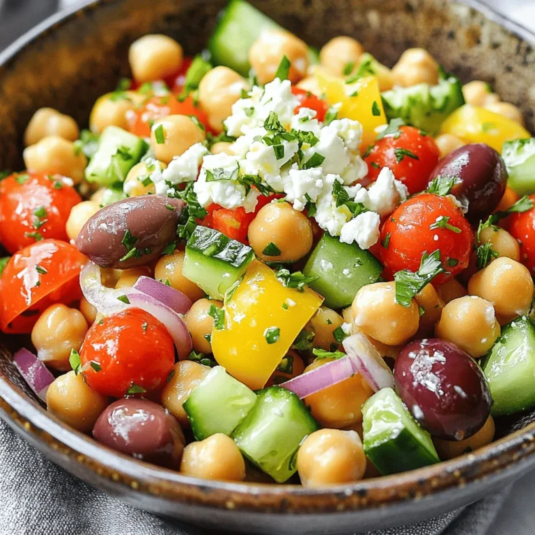 To make a Chopped Greek Chickpea Salad, you’ll need fresh, vibrant ingredients. Here’s what to gather: - 1 can (15 oz) chickpeas, drained and rinsed - 1 cup cherry tomatoes, halved - 1 medium cucumber, diced into bite-sized pieces - 1/2 medium red onion, finely chopped - 1 bell pepper (red or yellow), diced - 1/2 cup Kalamata olives, pitted and halved - 1/2 cup feta cheese, crumbled - 2 tablespoons fresh parsley, chopped - 3 tablespoons extra virgin olive oil - 2 tablespoons fresh lemon juice - 1 teaspoon dried oregano - Salt and pepper to taste These ingredients create a colorful and tasty salad. Each item adds a unique flavor and texture. Chickpeas bring protein, while the veggies add crunch. Feta cheese adds creaminess, and olives add a salty kick. The dressing ties everything together with rich olive oil and zesty lemon juice. For the full recipe, check the details above to guide you in making this delightful dish. Enjoy crafting this fresh salad! Start by gathering your ingredients. Take one can of chickpeas and drain them well. Rinse them under cold water to remove any canning liquid. Next, chop one cup of cherry tomatoes in half. Dice one medium cucumber into small, bite-sized pieces. Finely chop half a medium red onion to add a zesty bite. Lastly, dice one bell pepper, either red or yellow, for a bright pop of color. In a large mixing bowl, combine the chickpeas, halved cherry tomatoes, diced cucumber, chopped onion, and diced bell pepper. Use a spatula to mix the ingredients gently. This way, you keep the vegetables intact and create a beautiful blend of colors. Next, it's time to add some flavor. Incorporate half a cup of Kalamata olives, pitted and halved, for that briny taste. Then, crumble half a cup of feta cheese into the bowl for a creamy texture. Finally, mix in two tablespoons of fresh parsley that you have finely chopped. This will brighten the dish and add freshness. Now, let’s whip up the dressing. In a small bowl, whisk together three tablespoons of extra virgin olive oil and two tablespoons of fresh lemon juice. Add one teaspoon of dried oregano, plus salt and freshly cracked black pepper to taste. This dressing is simple but packed with flavor. Taste it and adjust the seasoning if you want more zing. Drizzle the dressing over your salad mixture. Use a large spoon to gently toss all the ingredients together. Make sure every piece gets a nice coating of the dressing. This step is key for ensuring that each bite is flavorful and delicious. Once everything is mixed, let the salad rest for about 10 minutes at room temperature. This time allows the flavors to meld beautifully. The wait is worth it! Your Chopped Greek Chickpea Salad will taste even better after it has had a chance to sit. Enjoy the fresh and vibrant flavors of this dish! For the complete recipe, check out the Full Recipe. To make your Chopped Greek Chickpea Salad pop, adjust the seasoning. Start with a pinch of salt and a dash of pepper. Taste as you go. Add more lemon juice for tanginess or olive oil for richness. If you prepare the dressing ahead of time, let it sit for a bit. This helps the flavors blend well. Serve your salad in a large bowl. Add a sprinkle of extra feta and fresh parsley on top. This not only adds color but also makes it look inviting. Pair your salad with whole grain pita bread. This adds a nice crunch and makes the meal more filling. Want to turn your salad into a full meal? Add protein! Grilled chicken or seasoned tofu works great. You can also serve it as a side dish. It pairs well with grilled meats or fish. This versatility makes it a perfect choice for any table. For the full recipe, check out the details earlier. {{image_4}} You can easily make this salad vegan. Just swap the feta cheese for a plant-based option. Many brands offer tasty vegan feta that adds creaminess. You can also use tofu or avocado for a rich feel. For added texture, try using black beans or kidney beans. These beans mix well with the chickpeas. They also give a nice bite to the salad. Change up the veggies based on what's in season. In summer, add sweet bell peppers or zucchini for crunch. These veggies will brighten up your salad and keep it fresh. You can also add fruits like avocado or watermelon. These fruits give a nice sweetness that balances the dish. They also add a bit of creaminess. Feel free to play with your dressing! You can try different vinegars like apple cider or red wine. Citrus juices like lime or orange can add zest, too. If you want a creamy dressing, mix yogurt with your olive oil and lemon juice. This creaminess gives the salad a whole new taste. To keep your Chopped Greek Chickpea Salad fresh, store it in an airtight container. This helps prevent moisture loss and keeps flavors vibrant. Place the salad in the fridge right after serving. Aim to eat it within three days for the best taste. If you notice any ingredients wilting, use them in a wrap or sandwich to avoid waste. To keep ingredients fresh longer, consider storing elements separately. For example, keep the olives and feta cheese in a small container. This way, you can mix them in right before you eat. While it’s best to eat Chopped Greek Chickpea Salad fresh, you can freeze it if needed. For freezing, place the salad in a freezer-safe bag. Remove as much air as possible to avoid freezer burn. When you’re ready to eat, defrost the salad overnight in the fridge. Keep in mind that some ingredients may change texture after freezing. The cucumbers may become mushy, while chickpeas hold up well. To maintain the best flavors, avoid freezing the feta cheese and olives. You can serve Chopped Greek Chickpea Salad chilled or at room temperature. If you prefer it warm, gently heat it on the stove. However, I recommend enjoying it as is. To freshen up leftover salad, add a drizzle of olive oil and a squeeze of lemon juice. This brightens up the flavors and gives the salad a fresh taste. You can also mix in fresh parsley or additional veggies to revive it. For the full recipe, check out the [Full Recipe]. Chopped Greek Chickpea Salad can last up to four days in the fridge. For the best taste, eat it within three days. Store it in an airtight container. This keeps the flavors fresh and vibrant. Yes, you can make this salad ahead of time. Prepare the salad and store it in the fridge. Just add the dressing right before serving. This keeps the salad crisp and tasty. If you want to skip chickpeas, try black beans or lentils. Both add a nice texture and flavor. You can also use quinoa for a grain option, which makes it filling too. Yes, this recipe is gluten-free. All the ingredients, including chickpeas and veggies, are safe for a gluten-free diet. Always check labels if you buy packaged items to ensure they are gluten-free. Absolutely! You can make this salad vegan by leaving out the feta cheese. Use a vegan cheese alternative instead. For a low-carb option, reduce the chickpeas and add more vegetables like zucchini or bell peppers. Adjust it as needed for your diet! This blog post covered making a Chopped Greek Chickpea Salad, exploring its ingredients, preparation, and storage. You can customize the salad by adding proteins or seasonal veggies. The key to great flavor lies in the dressing and resting time. Enjoy the freshness and crunch of each bite. This salad is not just a dish; it’s a way to eat healthy and feel good. Try it out and make it your own!