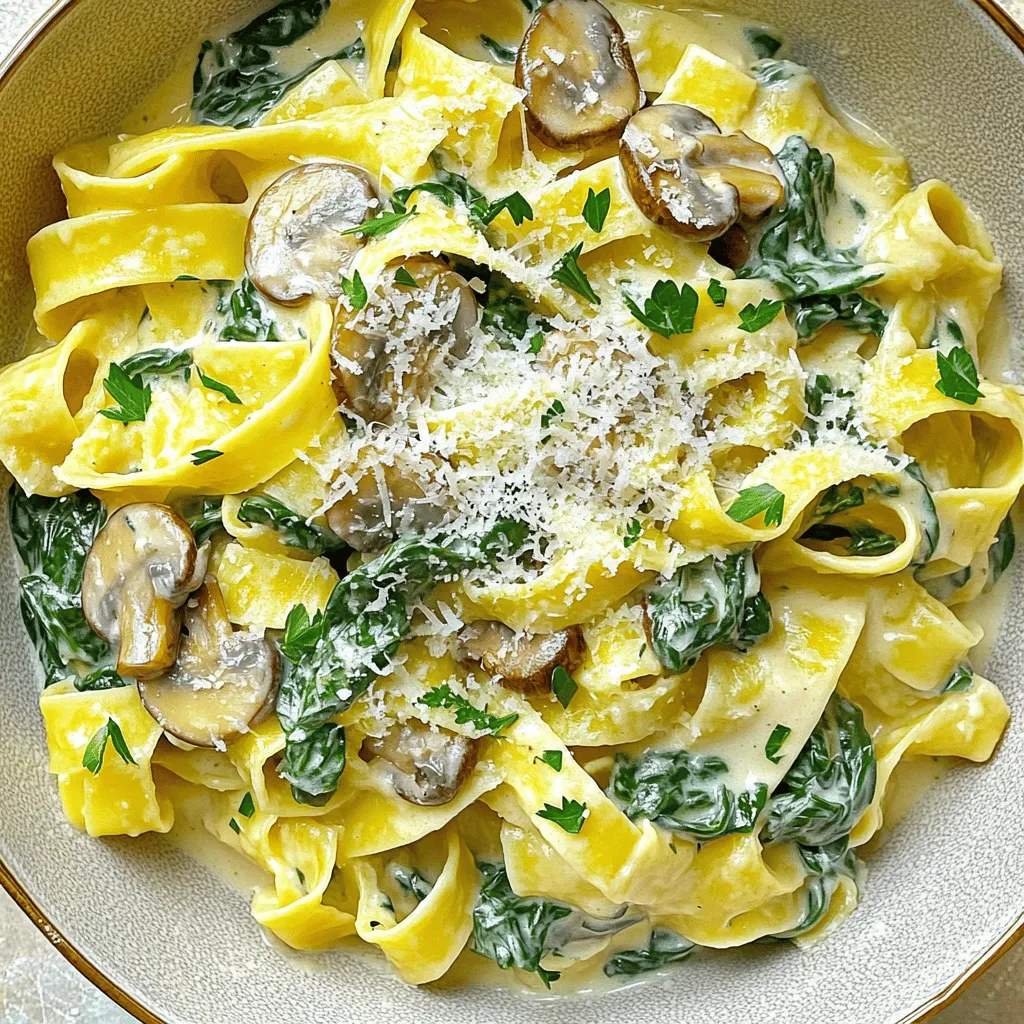 To make this dish, you need a few key items: - 200g fettuccine or your preferred pasta - 250g fresh spinach, roughly chopped - 200g mushrooms, sliced (cremini and button mushrooms work well) - 1 small onion, finely chopped - 3 cloves garlic, minced - 200ml heavy cream - 50g grated Parmesan cheese - 2 tablespoons olive oil - 1 teaspoon nutmeg - Salt and freshly ground black pepper to taste - Fresh parsley, chopped (for garnish) These ingredients create a rich, creamy sauce that coats the pasta perfectly. The combination of spinach and mushrooms adds great flavor and nutrition. You can customize this dish with some fun add-ins: - Protein: Add grilled chicken, shrimp, or tofu for a hearty meal. - Vegetables: Try adding sun-dried tomatoes or bell peppers for extra color. - Cheese: Swap Parmesan for goat cheese or add mozzarella for a different taste. - Cream: Use half-and-half or a non-dairy cream to lighten it up. Feel free to mix and match based on what you have on hand! This creamy spinach and mushroom pasta is not just delicious but also packs a punch in nutrition. Each serving contains: - Calories: Approximately 500-600 - Protein: 15-20g - Carbohydrates: 60-70g - Fat: 25-30g The spinach adds vitamins A and C, while mushrooms bring fiber and minerals. This dish makes a great balance of carbs and protein, perfect for a filling meal. For the full recipe, refer to the section above. Start by boiling a large pot of salted water. Add 200g of your favorite pasta, like fettuccine. Cook it according to the package directions until it’s al dente. Before draining, save 1 cup of the pasta water. Drain the pasta and set it aside. This water will help your sauce later. Heat 2 tablespoons of olive oil in a large skillet over medium heat. Add 1 small finely chopped onion. Sauté for 3-4 minutes until it turns soft. Then, add 3 cloves of minced garlic and cook for another minute. The smell will be amazing! Next, add 200g of sliced mushrooms. Stir them in and cook for about 5-7 minutes until they are nicely browned. Now it’s time to create the creamy sauce. Add 250g of chopped spinach to the skillet. Stir often until the spinach wilts, which takes about 3-4 minutes. Then, pour in 200ml of heavy cream. Stir well to mix everything together. Add 1 teaspoon of nutmeg, salt, and freshly ground black pepper to taste. Let this simmer for 2-3 minutes to thicken slightly. Gently add the drained pasta to the skillet. Toss it well to coat in the creamy sauce. If the sauce feels too thick, use the reserved pasta water to reach your desired creaminess. This step makes sure every bite is full of flavor. Plate the pasta right away, garnishing with freshly chopped parsley. For extra flavor, sprinkle some grated Parmesan cheese on top. You can also add a light drizzle of olive oil or a dash of black pepper for an elegant touch. Enjoy this delightful dish! To elevate your creamy spinach and mushroom pasta, herbs and spices play a key role. Fresh herbs like basil, thyme, and oregano can add bright notes. A pinch of crushed red pepper can bring heat. I love using nutmeg in this dish. It adds warmth and depth to the cream. Always taste as you go. Adjusting flavors helps create a dish you love. One common mistake is overcooking the pasta. Always cook it al dente, so it holds up in the sauce. Another mistake is not seasoning enough. Salt enhances flavors, so don’t skip it. Lastly, don’t rush the sautéing process. Giving the mushrooms time to brown adds a rich flavor. Keep an eye on your ingredients, and you'll avoid these pitfalls. For perfect pasta, start with a large pot of salted water. This helps the pasta cook evenly. Stir the pasta gently during the first few minutes. This prevents sticking. Always reserve some pasta water before draining. This starchy water helps the sauce cling to your pasta. Drizzle it in slowly until you reach the desired creaminess. You can find the full recipe [here](#). {{image_4}} You can easily make this dish vegetarian or vegan. For a vegetarian twist, simply skip the cheese or use a vegetarian option. If you want a vegan version, replace the heavy cream with coconut cream or cashew cream. You can also use nutritional yeast for a cheesy flavor without dairy. If you need a gluten-free dish, choose gluten-free pasta. Many brands offer great options that taste good. You can find rice, quinoa, or chickpea pasta at most stores. They cook well and pair nicely with the creamy sauce. For extra protein, try adding chicken, shrimp, or tofu. Cook the chicken in the skillet until it’s golden and cooked through. If you want to use shrimp, sauté them until they turn pink. For a plant-based option, cube firm tofu and sauté it alongside the mushrooms. Each protein adds a unique flavor to the dish. Check the Full Recipe for more details on how to prepare this delicious pasta! After you enjoy your creamy spinach and mushroom pasta, let it cool to room temperature. Place the leftovers in an airtight container. This helps keep the dish fresh. You can store it in the fridge for up to three days. Make sure to label the container with the date. This way, you remember when you made it! When you are ready to eat your leftovers, take them out of the fridge. You can reheat the pasta on the stove or in the microwave. If using the stove, add a splash of water or cream to the pan. Heat it over low heat and stir until warm. If you use the microwave, cover the dish and heat it in short bursts. Stir in between to make sure it heats evenly. If you want to save more for later, you can freeze the pasta. First, let it cool completely. Then, pack it in a freezer-safe container. You can also use freezer bags. Remove as much air as possible to prevent freezer burn. It will last up to three months in the freezer. When you are ready to eat it, thaw it in the fridge overnight. Reheat as mentioned above for the best taste. For the full recipe, check out the main article. Yes, you can use frozen spinach. Just thaw it first and drain any excess water. This keeps the dish from getting too watery. Frozen spinach is a great time-saver and still packs a good flavor. Fettuccine is my favorite for creamy sauces. Its wide shape holds the sauce well. You can also try pappardelle or even penne. They all work nicely to coat in that creamy goodness. If you want some heat, add red pepper flakes. Start with a pinch and taste as you go. You can also add some chopped fresh chili peppers for a fresh kick. This will make the flavor pop without overpowering the dish. Yes, you can prep the sauce a day before. Store it in the fridge, then reheat when ready. Cook the pasta fresh before serving. This keeps it from becoming mushy. This dish pairs well with a crisp salad or garlic bread. A simple green salad adds freshness. Garlic bread offers a nice crunch. You can also serve it with grilled chicken or shrimp for extra protein. For the full recipe, refer to the detailed section above. This blog post shares how to make creamy spinach and mushroom pasta. You learned about key ingredients, step-by-step cooking, and tips to boost flavor. We also explored variations for different diets and how to store leftovers. In conclusion, this dish is simple yet satisfying. Whether you prefer it vegetarian or with protein, it's sure to please. Enjoy cooking and savoring your pasta masterpiece!