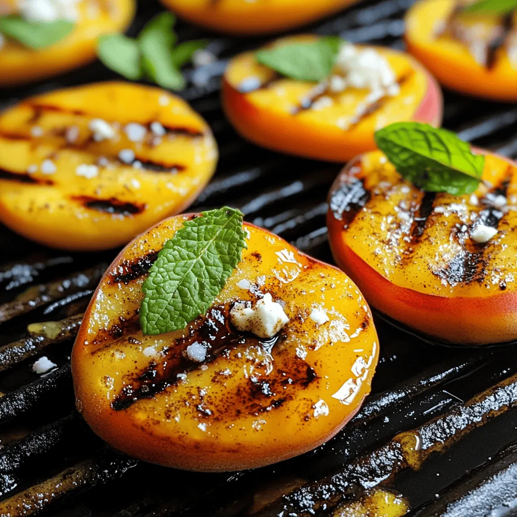 To make Honey Balsamic Grilled Peaches, gather these simple ingredients: - 4 ripe peaches, halved and pitted - 2 tablespoons honey - 2 tablespoons balsamic vinegar - 1 tablespoon olive oil - 1 teaspoon ground cinnamon - 1/4 teaspoon sea salt - Fresh mint leaves, for garnish - Crumbled feta cheese (optional but recommended for a savory contrast) You can easily swap ingredients based on your taste or what you have. For example, use agave syrup instead of honey for a vegan option. You can also try different vinegars, like apple cider vinegar, for a unique twist. If you want a spicier kick, add a pinch of cayenne pepper to the glaze. Fresh ingredients make a big difference in flavor. Ripe peaches give sweetness and juiciness. Good quality balsamic vinegar enhances the dish's richness. Fresh mint adds a burst of color and a refreshing taste. Always choose the freshest items to elevate your dish. This way, your Honey Balsamic Grilled Peaches will impress everyone. For the full recipe, check out the details above. Start by preheating your grill to medium heat. This step is key for getting nice grill marks. While the grill heats, mix honey, balsamic vinegar, olive oil, ground cinnamon, and sea salt in a bowl. Whisk until smooth. This glaze will give the peaches sweet and tangy flavor. Next, brush the glaze on the cut sides of the peach halves. Reserve some glaze for later. Carefully place the peach halves on the grill, cut side down. Grill them for about 4-5 minutes. Look for good grill marks and a slight softening of the fruit. Once they are beautifully charred, flip them over gently. Now, reduce the grill heat to low. Brush the remaining glaze on the cut sides. Grill for an extra 2-3 minutes to enhance the flavor even more. After grilling, take the peaches off the grill and let them cool slightly. This helps the juices settle. Serve the warm peaches on a plate and garnish with fresh mint leaves. For a savory kick, sprinkle crumbled feta cheese on top. Choose ripe peaches for the best flavor. They should feel slightly soft but not mushy. Always clean your grill grates before cooking to prevent sticking. If you want extra grill marks, use a grill basket. It helps rotate the peaches easily. This way, you can also avoid losing any delicious glaze. Grill your peaches at medium heat, around 350°F (175°C). The first side will take about 4-5 minutes. The second side will need about 2-3 minutes on low heat. Watch the peaches closely. They can go from perfect to overcooked quickly. This timing ensures they remain juicy and tender, not mushy. For the full recipe, check the earlier section. Enjoy your Honey Balsamic Grilled Peaches! To boost the flavor of your Honey Balsamic Grilled Peaches, try adding fresh herbs. A sprinkle of thyme or rosemary adds depth. You can also swap the honey for maple syrup for a unique twist. If you like spice, a dash of cayenne pepper can really wake up the flavors. These grilled peaches shine when paired with savory items. Top them with crumbled feta cheese for a rich contrast. Serve them alongside grilled meats or on a fresh salad for balance. They also work well with vanilla ice cream, creating a sweet dessert. Grill your peaches on medium heat to prevent burning. Make sure to cut them in half and remove the pits first. Always brush the glaze on both sides for full flavor. Grill cut side down first for nice grill marks. Flip them gently to keep the shape intact. {{image_4}} You can boost the flavor of Honey Balsamic Grilled Peaches by adding spices. Think about using nutmeg or ginger for a warm kick. You might also try vanilla extract for a sweeter touch. Just add a few drops to your glaze. It will change the taste and make it unique. You can mix and match to find your favorite blend. Honey Balsamic Grilled Peaches work well as both a dessert and a salad. To serve as a dessert, add a scoop of vanilla ice cream. The warm peaches and cold ice cream create a great mix. If you want a salad, slice the peaches over greens. Add nuts and cheese for crunch and flavor. Both ways are delicious and fun to try. To make this dish vegan, skip the feta cheese. Use a plant-based cheese instead. You can also check that your honey is vegan. Some brands offer vegan options made from agave. This way, everyone can enjoy the sweet and tangy taste of grilled peaches. You can feel good about sharing this treat with all your friends. For the full recipe, check the details above. After grilling, let the peaches cool down. Once they are cool, place them in an airtight container. Store them in the fridge for up to three days. Keeping them sealed helps keep their flavor fresh. To freeze grilled peaches, first, let them cool completely. Then, wrap each peach half in plastic wrap. Place the wrapped peaches in a freezer bag. You can store them in the freezer for up to three months. When you want to use them, just thaw them in the fridge overnight. Reheating grilled peaches is easy. You can use a grill, an oven, or the microwave. For the grill, heat it to low and place the peaches on for a few minutes. In the oven, set it to 350°F and bake for about 5-7 minutes. If using a microwave, heat them for 30 seconds at a time until warm. Enjoy them warm for the best taste! The best peaches for grilling are ripe, firm, and slightly soft to the touch. Look for freestone peaches. They pit easily and hold their shape well. Varieties like Yellow Globe or Donut peaches work great. Their sweetness shines through when grilled. Select peaches with smooth skin and vibrant color. Avoid any with bruises or soft spots. You can prepare the honey-balsamic glaze in advance. Store it in the fridge for up to one week. However, I recommend grilling the peaches fresh. They taste best when warm and juicy. If you must grill ahead, store grilled peaches in an airtight container. Keep them in the fridge for up to three days. Reheat gently on the grill or in the oven before serving. Yes, this recipe is gluten-free. It uses simple ingredients that do not contain gluten. Honey, balsamic vinegar, and peaches are all safe for those with gluten intolerance. Always check labels on store-bought balsamic vinegar to ensure no gluten is added. This dish is perfect for everyone, including those on a gluten-free diet. For the full recipe, check the earlier section. You’ll find everything you need to create this sweet treat. Remember, it’s quick and easy to make! Enjoy the delightful mix of flavors in every bite. In this post, we explored how to make Honey Balsamic Grilled Peaches. We covered key ingredients, cooking steps, and tips for the best results. Remember, fresh items make the dish shine. You can easily add your twist with new flavors or substitutes. These peaches work great as a dessert or salad topping. Store leftovers properly to enjoy later. With a few simple steps, you can impress anyone with these tasty treats. Enjoy grilling and creating new variations!