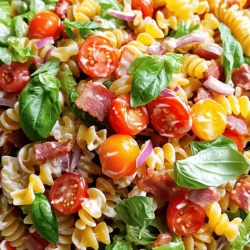 - 8 ounces rotini pasta - 6 strips turkey bacon, cooked and crumbled - 1 cup cherry tomatoes, halved - 1 cup fresh romaine lettuce, roughly chopped - 1/2 cup red onion, finely diced - 1/2 cup creamy mayonnaise - 2 tablespoons apple cider vinegar - 1 teaspoon Dijon mustard - Salt and freshly cracked pepper, to taste - Fresh basil leaves for garnish When making BLT pasta salad, the right ingredients matter. Start with rotini pasta for its fun shape. Turkey bacon adds a smoky crunch. Cherry tomatoes give a burst of sweetness, while romaine lettuce adds freshness. Red onion brings a bit of bite. For the dressing, creamy mayonnaise serves as a rich base. Apple cider vinegar adds tang, and Dijon mustard gives it a nice kick. Adjust the salt and pepper to your taste. Top the dish with fresh basil leaves for a pop of color and flavor. For a full recipe and more tips, check out the [Full Recipe]. - Bring salted water to a boil. - Cook rotini for 8-10 minutes, until al dente. - Drain and cool pasta under cold running water. Cooking the pasta is the first step. The boiling water should be salty, as it adds flavor. I like to check the pasta at 8 minutes. It should be firm but not hard. After draining, rinse it quickly. This stops the cooking and cools the pasta down. - Mix pasta with bacon, tomatoes, lettuce, and onion. - Gently toss to distribute evenly. Next, take a big bowl. Add the cooled pasta. Then, mix in the crumbled bacon, halved tomatoes, chopped lettuce, and diced onion. Use your hands to toss gently. You want everything to mix well without breaking the pasta. - Whisk mayonnaise, vinegar, and mustard. - Season with salt and pepper to taste. Now, let’s make the dressing. In a medium bowl, whisk together the creamy mayonnaise, apple cider vinegar, and Dijon mustard. This will create a smooth mixture. Taste it first. Add salt and pepper to make it just right for you. - Drizzle dressing over pasta mixture. - Toss gently and refrigerate for 30 minutes before serving. Finally, pour the dressing over the pasta mixture. Toss again, but be gentle. Make sure every piece of pasta gets coated. Cover the bowl with plastic wrap and chill in the fridge for 30 minutes. This step helps all the flavors blend nicely together. For the full recipe, check the complete list of steps. To make a great BLT pasta salad, start with cooled pasta. If the pasta is warm, it will wilt the lettuce. You want each bite to be fresh and crisp. When it comes to the dressing, feel free to adjust the ingredients. If you like a creamier taste, add more mayonnaise. For a tangy kick, increase the vinegar. Taste as you mix to find your favorite balance. Serve your salad in a clear bowl. This allows the colors to shine through. The red tomatoes and green lettuce look stunning together. To make it even better, add extra cherry tomatoes and fresh basil leaves on top. This adds a pop of color and makes your dish look fancy. Remember, we eat with our eyes first! {{image_4}} You can easily change a few ingredients in this recipe. For a healthier option, swap regular bacon for turkey bacon. Turkey bacon has less fat but still gives you that great taste. If you prefer a different texture, try using whole wheat or gluten-free pasta. Both options work well and make this dish fit your diet. Want to make your BLT pasta salad even better? You can add creamy avocado or cheese. Both will make the salad richer and more filling. If you like veggies, toss in some bell peppers or cucumbers. They add crunch and freshness. These small changes can make your pasta salad unique and tasty! Store your BLT pasta salad in an airtight container in the fridge. This keeps it fresh and tasty. For the best flavor, eat it within 3-4 days. After that, the ingredients may lose their crispness. I recommend enjoying this salad cold. Reheating is not needed and could change the texture. The flavors shine when served fresh from the fridge. You can easily make this dish vegetarian. Just omit the bacon. Instead, use a vegetarian mayo alternative to keep the creamy texture. This swap keeps all the flavor without the meat. Yes, you can make BLT Pasta Salad ahead of time. I often prepare it a day in advance. The flavors blend better when it sits. Just remember to keep it in the fridge until serving. Rotini is the best choice for this recipe. Its twisty shape holds the dressing well. However, any short pasta works well too. Penne or fusilli are great options if you prefer a change. To boost flavor in the dressing, try adding extra herbs. Fresh basil or parsley can make a big difference. You could also add lemon juice for a tangy twist. Experiment until you find your perfect mix. BLT pasta salad combines tasty ingredients and simple steps. You start with rotini pasta, turkey bacon, tomatoes, lettuce, and red onion. The creamy dressing ties it all together. Tips help you perfect the mix, and variations let you personalize it. Store leftovers for a few days in the fridge. Feel free to adjust flavors or try different ingredients. This dish is easy to prepare and great for sharing with friends. Enjoy your delicious creation!