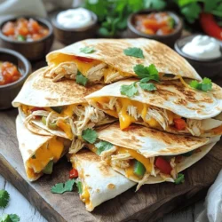 - 2 cups cooked chicken, shredded - 1 cup shredded cheddar cheese - 1 cup shredded mozzarella cheese - 1/2 cup bell pepper, finely chopped - 1/2 cup red onion, finely chopped - 1 tablespoon taco seasoning - 1 tablespoon olive oil - 4 large flour tortillas - 1/4 cup fresh cilantro, chopped - Salsa and sour cream for serving To make easy chicken quesadillas, you need simple and fresh ingredients. Start with cooked chicken. You can use leftover chicken or rotisserie chicken for speed. Shred it into bite-sized pieces. Cheese makes these quesadillas special. I use a blend of cheddar and mozzarella. Cheddar adds sharpness, while mozzarella brings great meltiness. Next, chop some bell peppers and red onions. They add crunch and flavor. Feel free to choose your favorite bell pepper color. Taco seasoning adds a nice kick. Just one tablespoon enhances the chicken taste. Olive oil helps cook the veggies and adds flavor. For the tortillas, I recommend large flour ones. They hold the filling well. Finally, fresh cilantro gives color and a fresh taste. Serve with salsa and sour cream for dipping. - Other vegetables (mushrooms, spinach) - Protein variations (ground beef, shrimp) - Cheese alternatives You can customize these quesadillas. Add mushrooms or spinach for extra veggies. Want more protein? Use ground beef or shrimp instead of chicken. If you prefer different cheeses, try pepper jack for spice or a dairy-free option. These variations keep the dish fresh and fun. For the full recipe, check out Cheesy Fiesta Chicken Quesadillas . 1. Preheat skillet and sauté vegetables Heat one tablespoon of olive oil in a large skillet over medium heat. Add 1/2 cup of finely chopped bell pepper and 1/2 cup of red onion. Sauté for 3 to 4 minutes. The veggies should become tender and fragrant. 2. Combine chicken with taco seasoning Stir in 2 cups of shredded chicken and 1 tablespoon of taco seasoning. Mix well and cook for another 2 to 3 minutes. This step ensures the chicken is flavorful and heated through. 1. Assembly of the quesadilla In a separate non-stick skillet, place one large flour tortilla over medium heat. Spoon a quarter of the cheesy chicken mixture onto one half of the tortilla. This filling should be gooey and rich. 2. Cooking time and tips for crispiness Fold the unfilled side of the tortilla over the filling. Press it down gently to form a half-moon shape. Cook for 3 to 4 minutes until the bottom is golden brown. Flip it and cook for another 3 to 4 minutes. This will make the quesadilla crispy and the cheese melty. 1. Garnishing and serving suggestions Remove the quesadilla from the skillet and let it cool for a minute. Slice it into wedges. Present them on a platter and garnish with 1/4 cup of fresh cilantro. Serve hot with salsa and sour cream for dipping. Enjoy your flavorful dish! For a detailed recipe, refer to the Full Recipe for Cheesy Fiesta Chicken Quesadillas. To ensure even melting of cheese, use a mix of cheddar and mozzarella. Cheddar has great flavor, while mozzarella adds stretch. Always cook your quesadillas over medium heat. This helps the cheese melt without burning the tortilla. Flip them carefully to keep the filling inside. For crispy tortillas, choose large flour tortillas. They hold the filling well and get crispy on the outside. Use a non-stick skillet, and lightly coat it with olive oil. This adds flavor and helps with crispiness. Press down gently on the quesadilla while it cooks. This helps it brown evenly. For pre-cooked chicken options, use rotisserie chicken. It saves time, and it's tasty. Shred the chicken before mixing it with the spices. You can also use canned chicken if you’re in a hurry. Just drain and rinse it first. Using store-bought salsa is another great time-saver. It adds flavor without extra work. Look for fresh salsa in the produce section for the best taste. Pair your quesadillas with fresh sides. A simple salad of greens or sliced avocado works great. You can also serve them with rice or beans for a heartier meal. For drinks, a light soda or sparkling water complements the flavors well. You can also try iced tea or a light beer if you prefer. Enjoy your quesadillas with these delicious sides and drinks for a perfect meal! {{image_4}} You can easily change the taste of your chicken quesadillas. One fun idea is making spicy jalapeño quesadillas. Add sliced jalapeños to the filling for a fiery kick. If you like a cool flavor, try veggie-packed quesadillas. Use spinach, mushrooms, or zucchini. This makes your dish colorful and healthy. If you're gluten-free, use gluten-free tortillas. They work great and keep the taste. For dairy-free options, look for dairy-free cheese. Many brands offer tasty alternatives that melt well. These swaps help everyone enjoy the dish. You can also explore regional styles in your quesadillas. Southwestern-style additions like black beans and corn add texture and flavor. Tex-Mex adaptations often include spicy sauces or chorizo. These changes let you create a unique dish that excites your taste buds. For the full recipe, check out the Cheesy Fiesta Chicken Quesadillas. After enjoying your chicken quesadillas, store any leftovers in the fridge. Use an airtight container to keep them fresh. Leftovers will stay good for about 3 to 4 days. Make sure they cool down before you seal them up. This helps prevent sogginess. You can freeze quesadillas for longer storage. If you want to freeze them before cooking, wrap each one in plastic wrap. Then, place them in a freezer bag. They will last about 2 to 3 months. To freeze cooked quesadillas, let them cool first. Then, wrap them tightly and store them in a freezer bag. When you're ready to eat them, it’s easy to reheat. You can reheat quesadillas in different ways. The microwave is quick, but it can make them soft. For a crispier texture, use a skillet. Heat the skillet over medium heat. Place the quesadilla in the pan and cook for about 2 to 3 minutes on each side. This way, you keep that nice crunch. Enjoy your tasty chicken quesadillas at any time! For more details, check the Full Recipe for Cheesy Fiesta Chicken Quesadillas. The best cheese for quesadillas is a mix of cheeses. I love using cheddar and mozzarella. Cheddar adds a sharp flavor. Mozzarella brings a nice stretchiness. You can also try pepper jack for some heat. Yes, you can make chicken quesadillas in advance. Prepare them fully and store in the fridge. Just remember to cool them before wrapping. When ready to eat, heat them in a skillet. This keeps them crispy and tasty. To prevent soggy quesadillas, use less filling. Avoid adding too much liquid from sauces or veggies. Make sure to cook them until crisp. A hot skillet helps create a nice, crunchy exterior. Salsa and sour cream are classic choices. You can also try guacamole for creaminess. For a spicy kick, use spicy salsa or chipotle sauce. These dips enhance the flavors of your quesadillas. Add jalapeños or hot sauce to the chicken mix. You can also use spicy cheese like pepper jack. Another option is to sprinkle cayenne pepper into the filling. Adjust to your heat level for the perfect bite. Serve chicken quesadillas with a fresh salad. Rice or beans make great sides too. You can also add chips and salsa for crunch. Don’t forget a drink like iced tea or lemonade to complete the meal. You can easily make tasty chicken quesadillas with just a few ingredients. First, gather your cooked chicken, cheese, and veggies. Follow the steps to sauté, assemble, and cook. Remember to use tips for crispy tortillas and melting cheese. Feel free to add your own twists or use leftover ingredients. With these simple instructions, you can create a fun and delicious meal. Enjoy your cooking adventure, and don’t forget to share your favorite quesadilla styles!