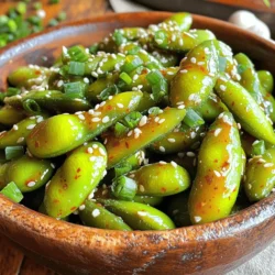 - 2 cups edamame pods (fresh or frozen) - 1 tablespoon olive oil - 1 tablespoon Sriracha sauce (adjust to taste) - 1 teaspoon soy sauce - 1 teaspoon sesame oil - 1 teaspoon honey or agave syrup - 1 clove garlic, minced - 1 teaspoon fresh ginger, grated - Optional garnishes: sesame seeds and chopped green onions I love using fresh or frozen edamame pods for this snack. They are packed with protein and flavor. Edamame is easy to find in most grocery stores. You can choose fresh pods for a vibrant taste or frozen ones for quick prep. Olive oil gives a nice base for cooking. It helps the garlic and ginger release their great flavors. Sriracha sauce adds the spicy kick. You can adjust the amount to make it milder or hotter based on your taste. Soy sauce and sesame oil bring umami notes. Honey or agave syrup balance the heat with a hint of sweetness. Fresh garlic and ginger make the dish aromatic and tasty. For garnishes, I suggest sesame seeds and chopped green onions. They add texture and a pop of color. You can find all these ingredients in any well-stocked kitchen. Check out the full recipe for detailed steps and tips! To start, if you have frozen edamame, bring a pot of salted water to a boil. Add the edamame pods and cook for about 5-6 minutes. You want them tender but not mushy. Once cooked, drain the pods well and let them cool for a bit. This step is key for a great texture. Next, heat 1 tablespoon of olive oil in a large skillet over medium heat. Wait until the oil shimmers. Now, add 1 clove of minced garlic and 1 teaspoon of grated ginger to the skillet. Sauté them for 1-2 minutes. Keep an eye on them so they don’t burn. The smell will be amazing! In a small bowl, whisk together 1 tablespoon of Sriracha, 1 teaspoon of soy sauce, 1 teaspoon of sesame oil, and 1 teaspoon of honey. This combo will give you the perfect spicy sauce. Adjust the Sriracha if you want more heat. Mixing well is important for an even flavor. Now, add the cooked edamame to the skillet. Pour the spicy sauce over the top. Stir-fry everything for 2-3 minutes. Make sure each edamame pod gets coated in the sauce. This will help the flavors meld together beautifully. For a nice touch, sprinkle sesame seeds on top of the edamame. Toss gently to mix. Use a colorful serving dish to make it pop. Add chopped green onions for a fresh finish. Serve immediately while warm for the best taste. Enjoy your spicy snack! To make your Spicy Sriracha Edamame shine, balance sweetness and spiciness. Add more honey if you like it sweeter. For more heat, a touch of extra Sriracha can do wonders. Using fresh ingredients is key. Fresh edamame, garlic, and ginger boost flavor. Marinating the edamame in the sauce for a few minutes adds depth. This step enhances the taste and makes every bite exciting. I prefer a skillet over a wok for this dish. Skillets heat evenly and are easy to manage. Woks can be great, but they may need more oil. You can also steam the edamame if you want a lighter snack. The microwave is another quick option. Just follow the package instructions. Make sure to have a good pot and mixing bowls on hand. Tools like a garlic press and a zester help too. Serving your edamame well makes it extra special. Use a bright bowl to make colors pop. Arrange the green onions on top in a circular pattern. This adds a fun touch. Sprinkle sesame seeds for texture and a nice look. A colorful plate makes your dish visually appealing. You want your guests to be excited before they even taste it. {{image_4}} You can easily adjust the heat of your Spicy Sriracha Edamame. To make it milder, reduce the Sriracha. Try using just half a tablespoon for a gentle kick. You can also mix in a bit of soy sauce to tone down the heat. If you crave more spice, add more Sriracha or even a pinch of red pepper flakes. This way, you control the heat to suit your taste. You can also swap out Sriracha for other hot sauces. Look for options that match your flavor likes. Keep in mind that different sauces can change the taste. Experiment to find what works best for you. For a healthier snack, try using sodium-reduced soy sauce. This can help lower the salt while keeping great flavor. If you want a sweet touch but need a vegan option, use agave syrup instead of honey. Agave has a similar taste but fits a vegan diet. You can also add more veggies for extra nutrients. Throw in some sliced bell peppers or carrots during cooking. They add color and crunch while boosting your meal’s healthiness. Enjoying your snack and feeling good about it is a win-win! Spicy Sriracha Edamame pairs well with many drinks. Try serving it with iced tea or a light beer. This will complement the spice nicely. For dips, consider a creamy avocado dip or a cool yogurt sauce. Both balance the heat and add richness. You can also include the edamame in salads for a fun twist. Toss it with greens, cherry tomatoes, and a light dressing. It can even be a side dish with rice or noodles. Serve it warm for a comforting meal. The options are endless, and they all taste great! After enjoying your spicy Sriracha edamame, store any leftovers in the fridge. Use an airtight container for best results. Make sure it cools down before sealing. Properly stored, it lasts for about 3 days. Always check for any signs of spoilage before eating. To heat your leftovers, avoid losing flavor. The best way is to use a skillet. Heat it on medium and add the edamame. Stir for a few minutes until warm. You can use the microwave as well. If you do, place them in a safe bowl and heat for 30 seconds. Stir and check if they are warm enough. Repeat if needed. You can freeze both uncooked and cooked edamame. For uncooked, place them in a freezer bag and remove as much air as you can. For cooked, let them cool, then use a freezer-safe container. When ready to use, thaw in the fridge overnight. Cooked edamame can be reheated straight from the freezer. Just add a minute or two to the cooking time. Cooking edamame is quick and easy. If you use fresh edamame, it takes about 5 minutes to boil. Frozen edamame needs about 5-6 minutes. Just boil in salted water until they are tender. Drain and cool them before adding to your dish. Yes, you can use frozen edamame straight from the freezer. There is no need to thaw them first. Simply boil them as described above. This makes it super easy to whip up a tasty snack or side dish anytime. Spicy Sriracha Edamame pairs well with many dishes. Try it with sushi, rice bowls, or salads. It also complements Asian-inspired meals. Serve it as a snack with drinks or as a side with grilled meats. The flavors work great together! This recipe is perfect for meal prep! You can make a big batch and store it. Just divide into containers for easy lunches or snacks. Reheat in the microwave or stovetop for a quick bite throughout the week. You can find Sriracha sauce in most grocery stores. Look in the sauce aisle or international section. Popular brands include Huy Fong and Thai Kitchen. If you want a spicy kick, check your local Asian market for more options. Now you can make Spicy Sriracha Edamame with ease. We covered the ingredients, how to prepare, and plenty of tips. Adjust the spice to your liking and explore variations to keep it fresh. Say goodbye to dull snacks and enjoy this flavorful dish anytime. With these simple steps, you're ready to wow your friends and family. Embrace your kitchen skills and dive into this delicious adventure! Enjoy your tasty edamame!