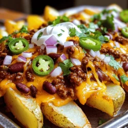 To make the best chili cheese fries, you need some key items. Here’s what you will need: - 4 large russet potatoes - 1 tablespoon olive oil - Salt and freshly cracked black pepper, to taste - 2 cups shredded sharp cheddar cheese - 1 cup canned chili (or homemade chili of your choice) These basics create a great foundation for your dish. The russet potatoes provide the right texture. The cheddar cheese adds a rich flavor. While the essential ingredients are great, you can add some optional ingredients for more taste: - 1/2 cup finely diced onions (choose red or white based on preference) - 1/4 cup sliced jalapeños (optional, for an extra kick!) These ingredients give a nice crunch and heat. The onions add a layer of sweetness, while jalapeños bring the spice you may crave. Garnishes make your dish look amazing and can enhance the flavor. Consider these: - 1/4 cup sour cream (for a creamy topping) - Fresh cilantro leaves, chopped (for garnishing) Sour cream cools the heat, while cilantro adds freshness. You can also serve the fries with lime wedges. A squeeze of lime can brighten the flavors. For the full recipe, check out the details above. Start by preheating your oven to 425°F (220°C). Wash and peel the russet potatoes. Make sure to cut them into thick wedges or fry shapes. Uniform cuts help them cook evenly. Place the potato pieces in a large mixing bowl. Add a tablespoon of olive oil, salt, and black pepper. Toss the potatoes well to coat them evenly with oil and seasoning. Line a baking sheet with parchment paper. Spread the seasoned potatoes in a single layer. Leave space between each fry to let air circulate. This helps them get nice and crispy. Bake for 25-30 minutes. Flip them halfway through for even browning. You want them golden brown and crispy when they come out. While the fries bake, heat your canned chili in a small saucepan over medium heat. Stir it often until it’s warm. Once the fries are crispy, take them out of the oven. Sprinkle the shredded sharp cheddar cheese over the hot fries. Return them to the oven for 5-7 minutes. You want the cheese to melt and bubble up. After that, drizzle the warm chili over the cheesy fries. Add diced onions, jalapeños, and sour cream on top. Finish with chopped cilantro for a fresh touch. Enjoy your homemade chili cheese fries! For the complete recipe, check out [Full Recipe]. To get crispy fries, start with fresh russet potatoes. They have the right starch content. Cut them into even pieces. This helps them cook at the same rate. Rinse the cut fries in cold water to remove excess starch. Pat them dry with a kitchen towel. This step makes a big difference! When you coat them with olive oil, make sure each fry is well-covered. Bake at 425°F for that golden crunch. Flip them halfway through baking to ensure even cooking. Seasoning is key to making your fries tasty. I like to use salt and fresh black pepper. You can also add garlic powder or smoked paprika for extra depth. Toss the fries in the seasoning mix before baking. This way, they absorb all that flavor. If you want to spice things up, sprinkle some cayenne pepper on them. It adds a nice kick! Once your chili cheese fries are ready, presentation is important. Serve them in a big bowl or on a platter. Drizzle the chili over the fries generously. Add toppings like diced onions and sliced jalapeños for extra color and flavor. A dollop of sour cream can cool down the heat. Finally, sprinkle fresh cilantro on top for a burst of freshness. These small details make your dish look and taste amazing. For the full recipe, check back to ensure you don’t miss any essential steps! {{image_4}} You can change up your chili cheese fries with many toppings. Here are some fun ideas: - Crumbled bacon: Adds a nice crunch and smoky taste. - Guacamole: Brings creaminess and a fresh flavor. - Salsa: Adds zest and a bit of spice. - Black olives: For a salty bite and extra texture. - Chopped green onions: Brightens the dish with color and taste. These toppings will make your chili cheese fries unique and even more delicious! The cheese you choose can change the whole dish. Here are some great options: - Monterey Jack: It melts well and has a mild flavor. - Pepper Jack: Adds a spicy kick for those who love heat. - Mozzarella: Provides a stretchy texture and creamy taste. - Cream cheese: For a rich and smooth topping. Mix and match cheeses for a fun twist on this classic snack! If you like heat, try these spicy ideas: - Add crushed red pepper: Sprinkle it on top for a fiery bite. - Use spicy chili: Choose a chili with jalapeños or other hot peppers. - Hot sauce: Drizzle your favorite hot sauce for added flavor. With these spicy add-ins, you can turn your chili cheese fries into a bold, exciting treat. To keep leftover chili cheese fries fresh, let them cool first. Place them in an airtight container. If stored correctly, they can last up to three days in the fridge. Make sure to cover them well to avoid drying out. For the best taste, reheating in the oven works best. Preheat your oven to 350°F (175°C). Spread the fries on a baking sheet. Heat them for about 10-15 minutes. This method helps regain some crispiness. You can also reheat in the microwave, but the fries may get soft. If you want to freeze ingredients, it's easy. You can freeze the chili separately. Use an airtight container or freezer bag. The cheese can also be frozen, but it may change texture when thawed. Potatoes can be frozen too, but they should be blanched first. Enjoy the full recipe for the best results! Yes, you can use frozen fries. They save time and are easy to prepare. Bake them according to the package instructions. Make sure to check for crispiness. I recommend using thick-cut fries for a hearty bite. I love using kidney beans, ground beef, and spices for a rich chili. If you want heat, go for jalapeños or serranos. For a milder flavor, use bell peppers. Canned chili works well, too. Just pick a brand you enjoy or use homemade chili. To make chili cheese fries vegan, swap out the cheese for a plant-based option. Use a vegan chili made with beans and veggies. You can also use cashew cream instead of sour cream. This way, everyone can enjoy this tasty snack. Homemade chili cheese fries are fun and easy to make. We explored key ingredients, from potatoes to cheese, and shared tips for crispiness and flavor. I discussed garnishes to impress and various toppings to suit your taste. Storing and reheating your fries can extend their life, too. Enjoy this tasty dish anytime, and feel free to get creative with your ingredients! Now you have all the tools to whip up your own chili cheese fries.