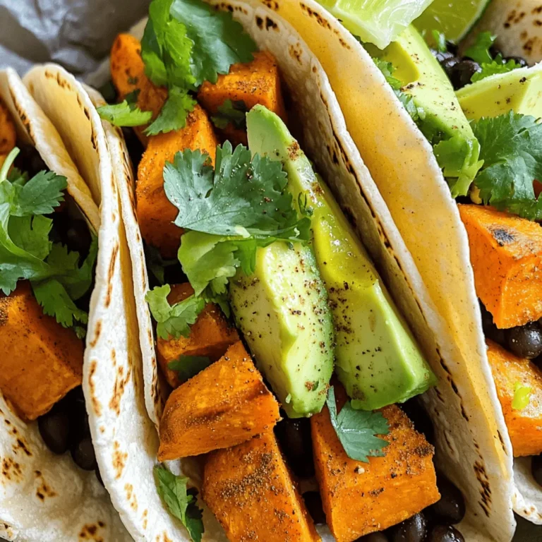 To make delicious sweet potato black bean tacos, you need the following ingredients: - 2 medium sweet potatoes, peeled and diced into ½-inch cubes - 1 can (15 oz) black beans, drained and rinsed thoroughly - 1 tablespoon extra virgin olive oil - 1 teaspoon ground cumin - 1 teaspoon smoked paprika - ½ teaspoon chili powder - Sea salt and freshly cracked black pepper, to taste - 8 small corn tortillas - 1 ripe avocado, sliced - ½ cup fresh cilantro, chopped - 1 lime, cut into wedges for serving - Optional toppings: diced red onion, a dollop of sour cream, or your favorite hot sauce When choosing sweet potatoes, look for firm ones with smooth skin. This ensures they are fresh and flavorful. Black beans add protein and fiber, making your tacos healthy and filling. The spices give the dish warmth and depth. You can mix and match any toppings based on your taste. They can elevate your tacos and add extra flavor. Check out the Full Recipe for more details. 1. Preheat the oven to 400°F (200°C). This helps the sweet potatoes roast well. 2. On a baking sheet, spread the diced sweet potatoes. Drizzle with olive oil. 3. Sprinkle ground cumin, smoked paprika, chili powder, sea salt, and black pepper over them. Toss well to coat. 4. Roast the sweet potatoes for 25-30 minutes. Toss them halfway for even cooking. 1. In a skillet, heat the drained black beans over medium heat. 2. Stir them for 3-5 minutes until they warm up. 3. Season with sea salt and pepper to taste. Adjust as needed. 1. Warm the corn tortillas in a dry skillet for about 30 seconds on each side. 2. Take a tortilla and layer it with roasted sweet potatoes and seasoned black beans. 3. Add slices of avocado and fresh cilantro on top. 4. Serve with lime wedges. You can also add toppings like diced red onion or sour cream. For the full recipe, visit the complete guide on Sweet Potato Black Bean Tacos. - Best practices for roasting sweet potatoes: Cut sweet potatoes into even ½-inch cubes. This helps them cook evenly. Preheat your oven to 400°F (200°C) before adding the sweet potatoes. Coat them well with olive oil and spices. Spread them in a single layer. This ensures they roast nicely and get crispy edges. Toss them halfway through cooking to avoid sticking. - How to avoid mushy black beans: Start with canned black beans for convenience. Drain and rinse them well before cooking. This step removes excess sodium and improves texture. Heat the beans gently over medium heat. Stir them often for even warming. Season them lightly with salt and pepper. Avoid overcooking to keep them firm. - Creative ways to present tacos: Arrange the tacos on a colorful plate. Use vibrant garnishes like extra cilantro. Serve lime wedges in a small bowl for a pop of color. You can also layer the tacos on a wooden board for a rustic look. This makes for a fun and inviting meal. - Recommended side dishes: Pair your tacos with a light salad. A simple avocado and corn salad works well. You can also serve tortilla chips with salsa. This adds a nice crunch and complements the tacos perfectly. - How to store leftover tacos: If you have any tacos left, store them in an airtight container. Keep the filling and tortillas separate. This prevents sogginess. Make sure to cool them down before storing to maintain freshness. - Reheating instructions for best flavor: To reheat, warm the filling in a skillet over low heat. Stir until heated through. For the tortillas, warm them in a dry skillet for a few seconds on each side. This keeps them soft and pliable. Enjoy your tacos as if they were just made! For the full recipe, check out the Sweet Potato Black Bean Tacos recipe above. {{image_4}} You can switch the black beans for other beans like pinto or kidney beans. These beans bring a different texture and flavor to your tacos. Consider using spices like garlic powder or onion powder to enhance the taste. If you prefer a bit of heat, try adding cayenne pepper or crushed red pepper flakes. If you're vegan, this recipe is already perfect for you! Just use corn tortillas, which are gluten-free. For a low-carb option, try lettuce wraps instead of tortillas. They add crunch and freshness without the carbs. Tacos vary by region. In Mexico, you might find soft corn tortillas filled with fresh ingredients. Tex-Mex tacos often include cheese and sour cream. You can also add toppings inspired by other cuisines, like kimchi for a Korean twist or mango salsa for a tropical flair. Experiment with different styles to find your favorite! Each serving of sweet potato black bean tacos has about 350 calories. You get 10 grams of protein, 60 grams of carbs, and 10 grams of fat. Sweet potatoes are rich in vitamins A and C. They help boost your immune system and improve vision. Black beans are high in fiber and protein. They support digestion and keep you full longer. Together, they make a balanced meal packed with nutrients. These tacos are perfect for vegetarians and vegans. They contain no animal products and are plant-based. If you have allergies, watch out for the tortillas. Some may contain gluten. Always check the labels to be safe. If you need a gluten-free option, use corn tortillas. They work well and taste great! How to make sweet potato black bean tacos vegan? To make these tacos vegan, simply skip any dairy-based toppings. Use avocado slices and fresh cilantro instead of sour cream. They add creaminess and flavor without animal products. Can I use frozen sweet potatoes for this recipe? Yes, you can use frozen sweet potatoes. Thaw them first and then roast them as you would fresh sweet potatoes. This saves time and still gives great taste. What toppings can I use for sweet potato black bean tacos? You can use many toppings! Try diced red onion, fresh cilantro, or a squeeze of lime. For a spicy kick, add your favorite hot sauce. Sour cream is also a great option, but it's not necessary. Can I prepare the ingredients ahead of time? Yes, you can prep ahead! Chop the sweet potatoes and store them in the fridge. You can also rinse the black beans and keep them ready in a container. Just follow the recipe steps when you’re ready to cook. How do I know when sweet potatoes are properly roasted? Sweet potatoes are ready when they are soft and slightly caramelized. You can check by piercing them with a fork. If they go in easily, they are done! How long can leftover tacos be stored? Leftover tacos can be stored in the fridge for about 3-4 days. Keep them in an airtight container to keep them fresh. Is it safe to reheat tacos in the microwave? Yes, it is safe to reheat tacos in the microwave. Place them on a microwave-safe plate. Heat for about 30 seconds to 1 minute, checking to avoid overheating. For the full recipe, check out the details above! This blog post guides you through making delicious sweet potato black bean tacos. You learned about key ingredients, step-by-step instructions, and tips for perfecting your dish. I shared variations to suit different tastes and dietary needs. Finally, we reviewed the nutritional benefits of sweet potatoes and black beans. These tacos are easy, healthy, and packed with flavor. Enjoy experimenting with the recipe, and feel free to make it your own!