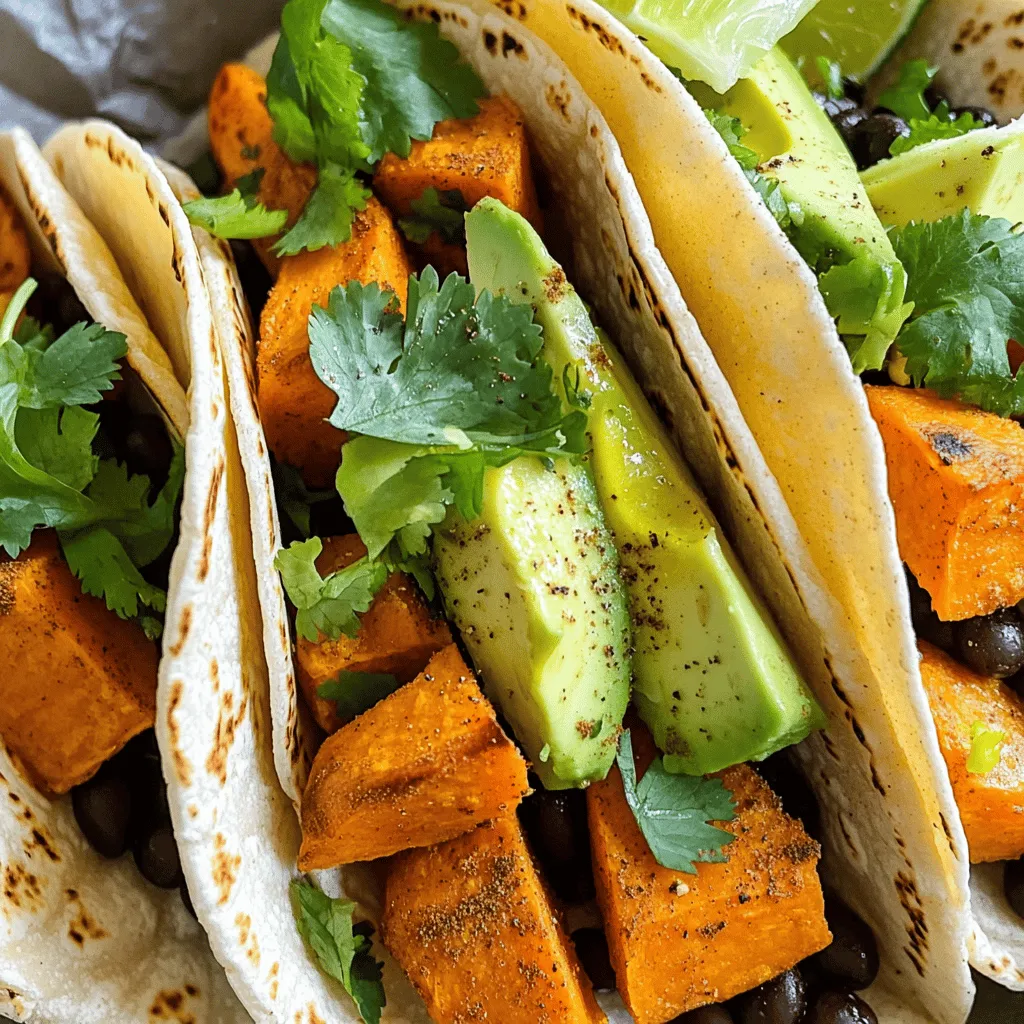 To make delicious sweet potato black bean tacos, you need the following ingredients: - 2 medium sweet potatoes, peeled and diced into ½-inch cubes - 1 can (15 oz) black beans, drained and rinsed thoroughly - 1 tablespoon extra virgin olive oil - 1 teaspoon ground cumin - 1 teaspoon smoked paprika - ½ teaspoon chili powder - Sea salt and freshly cracked black pepper, to taste - 8 small corn tortillas - 1 ripe avocado, sliced - ½ cup fresh cilantro, chopped - 1 lime, cut into wedges for serving - Optional toppings: diced red onion, a dollop of sour cream, or your favorite hot sauce When choosing sweet potatoes, look for firm ones with smooth skin. This ensures they are fresh and flavorful. Black beans add protein and fiber, making your tacos healthy and filling. The spices give the dish warmth and depth. You can mix and match any toppings based on your taste. They can elevate your tacos and add extra flavor. Check out the Full Recipe for more details. 1. Preheat the oven to 400°F (200°C). This helps the sweet potatoes roast well. 2. On a baking sheet, spread the diced sweet potatoes. Drizzle with olive oil. 3. Sprinkle ground cumin, smoked paprika, chili powder, sea salt, and black pepper over them. Toss well to coat. 4. Roast the sweet potatoes for 25-30 minutes. Toss them halfway for even cooking. 1. In a skillet, heat the drained black beans over medium heat. 2. Stir them for 3-5 minutes until they warm up. 3. Season with sea salt and pepper to taste. Adjust as needed. 1. Warm the corn tortillas in a dry skillet for about 30 seconds on each side. 2. Take a tortilla and layer it with roasted sweet potatoes and seasoned black beans. 3. Add slices of avocado and fresh cilantro on top. 4. Serve with lime wedges. You can also add toppings like diced red onion or sour cream. For the full recipe, visit the complete guide on Sweet Potato Black Bean Tacos. - Best practices for roasting sweet potatoes: Cut sweet potatoes into even ½-inch cubes. This helps them cook evenly. Preheat your oven to 400°F (200°C) before adding the sweet potatoes. Coat them well with olive oil and spices. Spread them in a single layer. This ensures they roast nicely and get crispy edges. Toss them halfway through cooking to avoid sticking. - How to avoid mushy black beans: Start with canned black beans for convenience. Drain and rinse them well before cooking. This step removes excess sodium and improves texture. Heat the beans gently over medium heat. Stir them often for even warming. Season them lightly with salt and pepper. Avoid overcooking to keep them firm. - Creative ways to present tacos: Arrange the tacos on a colorful plate. Use vibrant garnishes like extra cilantro. Serve lime wedges in a small bowl for a pop of color. You can also layer the tacos on a wooden board for a rustic look. This makes for a fun and inviting meal. - Recommended side dishes: Pair your tacos with a light salad. A simple avocado and corn salad works well. You can also serve tortilla chips with salsa. This adds a nice crunch and complements the tacos perfectly. - How to store leftover tacos: If you have any tacos left, store them in an airtight container. Keep the filling and tortillas separate. This prevents sogginess. Make sure to cool them down before storing to maintain freshness. - Reheating instructions for best flavor: To reheat, warm the filling in a skillet over low heat. Stir until heated through. For the tortillas, warm them in a dry skillet for a few seconds on each side. This keeps them soft and pliable. Enjoy your tacos as if they were just made! For the full recipe, check out the Sweet Potato Black Bean Tacos recipe above. {{image_4}} You can switch the black beans for other beans like pinto or kidney beans. These beans bring a different texture and flavor to your tacos. Consider using spices like garlic powder or onion powder to enhance the taste. If you prefer a bit of heat, try adding cayenne pepper or crushed red pepper flakes. If you're vegan, this recipe is already perfect for you! Just use corn tortillas, which are gluten-free. For a low-carb option, try lettuce wraps instead of tortillas. They add crunch and freshness without the carbs. Tacos vary by region. In Mexico, you might find soft corn tortillas filled with fresh ingredients. Tex-Mex tacos often include cheese and sour cream. You can also add toppings inspired by other cuisines, like kimchi for a Korean twist or mango salsa for a tropical flair. Experiment with different styles to find your favorite! Each serving of sweet potato black bean tacos has about 350 calories. You get 10 grams of protein, 60 grams of carbs, and 10 grams of fat. Sweet potatoes are rich in vitamins A and C. They help boost your immune system and improve vision. Black beans are high in fiber and protein. They support digestion and keep you full longer. Together, they make a balanced meal packed with nutrients. These tacos are perfect for vegetarians and vegans. They contain no animal products and are plant-based. If you have allergies, watch out for the tortillas. Some may contain gluten. Always check the labels to be safe. If you need a gluten-free option, use corn tortillas. They work well and taste great! How to make sweet potato black bean tacos vegan? To make these tacos vegan, simply skip any dairy-based toppings. Use avocado slices and fresh cilantro instead of sour cream. They add creaminess and flavor without animal products. Can I use frozen sweet potatoes for this recipe? Yes, you can use frozen sweet potatoes. Thaw them first and then roast them as you would fresh sweet potatoes. This saves time and still gives great taste. What toppings can I use for sweet potato black bean tacos? You can use many toppings! Try diced red onion, fresh cilantro, or a squeeze of lime. For a spicy kick, add your favorite hot sauce. Sour cream is also a great option, but it's not necessary. Can I prepare the ingredients ahead of time? Yes, you can prep ahead! Chop the sweet potatoes and store them in the fridge. You can also rinse the black beans and keep them ready in a container. Just follow the recipe steps when you’re ready to cook. How do I know when sweet potatoes are properly roasted? Sweet potatoes are ready when they are soft and slightly caramelized. You can check by piercing them with a fork. If they go in easily, they are done! How long can leftover tacos be stored? Leftover tacos can be stored in the fridge for about 3-4 days. Keep them in an airtight container to keep them fresh. Is it safe to reheat tacos in the microwave? Yes, it is safe to reheat tacos in the microwave. Place them on a microwave-safe plate. Heat for about 30 seconds to 1 minute, checking to avoid overheating. For the full recipe, check out the details above! This blog post guides you through making delicious sweet potato black bean tacos. You learned about key ingredients, step-by-step instructions, and tips for perfecting your dish. I shared variations to suit different tastes and dietary needs. Finally, we reviewed the nutritional benefits of sweet potatoes and black beans. These tacos are easy, healthy, and packed with flavor. Enjoy experimenting with the recipe, and feel free to make it your own!