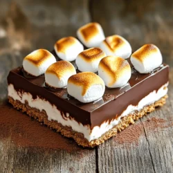 To make my no-bake s’mores bars, you need the following: - 2 cups graham cracker crumbs - 1/2 cup unsweetened cocoa powder - 1/2 cup granulated sugar - 1/2 cup unsalted butter, melted - 1 cup mini marshmallows, plus extra for topping - 1 cup milk chocolate chips - 1/4 cup heavy cream - 1/2 teaspoon vanilla extract - Pinch of salt You can twist this recipe to fit your taste. Here are some ideas: - Use dark chocolate chips for a richer flavor. - Add peanut butter for a nutty kick. - Swap out mini marshmallows for large marshmallows. Gather these tools before you start: - A large mixing bowl - A 9x9-inch baking pan - A spatula or wooden spoon - A small saucepan - An oven or broiler for toasting - Measuring cups and spoons These ingredients and tools will help you create a delicious treat that everyone will love. For the full recipe, check the details above. To start, gather your ingredients. You need graham cracker crumbs, cocoa powder, sugar, and melted butter. In a large bowl, mix the graham cracker crumbs, cocoa powder, and sugar. Stir them well until they blend completely. Next, pour in the melted butter slowly. Use a spatula or your hands to mix until the dry ingredients look like damp sand. This mixture should hold together when you press it. Now, take a 9x9-inch baking pan and transfer the mixture into it. Press the mixture evenly into the bottom of the pan. You want a firm and even layer for the crust. Next, grab a small saucepan. Heat the heavy cream over medium heat until it simmers lightly. Then, remove it from the heat. Add the milk chocolate chips to the cream. Stir continuously until the chocolate melts and the mixture is smooth. This step is key for a rich chocolate flavor. Don’t forget to add the vanilla extract and a pinch of salt for extra taste. Once your chocolate is ready, pour it over the crust. Spread it evenly with a spatula, covering every inch. Now, take the mini marshmallows and sprinkle them generously on top. Make sure they are spread out evenly for that classic s’mores look. Next, place the pan under the broiler on high heat for 1-2 minutes. Keep a close eye on the marshmallows. You want them golden brown and toasty, not burnt. After broiling, let the pan cool at room temperature for 30-45 minutes. Then, refrigerate it for another 30 minutes. This helps the bars set. Once set, slice the bars into squares and serve them. For a fun touch, serve them on a rustic board or colorful plate. Enjoy every bite of your no-bake s'mores bars! For the complete recipe, check the Full Recipe section. When making no-bake s'mores bars, avoid these common mistakes: - Using stale graham crackers: Always check that your graham crackers are fresh. Stale ones affect taste and texture. - Not pressing the crust firmly enough: If it’s too loose, the bars may fall apart. Press down hard! - Burning the marshmallows: Keep a close eye when broiling. Marshmallows can go from perfect to charred very quickly. To achieve perfectly toasted marshmallows: - Use a broiler: This method gives even heat. It makes marshmallows toasty and golden. - Watch closely: Stay nearby and check every 30 seconds. This prevents burning and ensures a nice color. - Rotate the pan: If your oven has hot spots, rotate the pan halfway through for even toasting. For storing your no-bake s'mores bars: - Use an airtight container: This keeps them fresh and prevents them from drying out. - Refrigerate: They stay best in the fridge. They can last up to a week. - Freezing: If you want to save some for later, wrap them well in plastic wrap and foil. They freeze well for up to a month. Reheat in the fridge overnight before serving. I recommend following the Full Recipe for the best results! {{image_4}} You can add nuts to your no-bake s’mores bars for extra crunch. Try chopped walnuts or pecans. If you prefer nut butter, swirl in some creamy peanut or almond butter. This gives a rich taste and boosts protein. Just mix the nuts or nut butter into the crust or chocolate layer. Want something different? You can change the flavor by adding extracts. A splash of almond or coconut extract gives a fun twist. You can also use dark chocolate instead of milk chocolate. This makes the bars a bit more rich and bittersweet. Just melt your choice of chocolate as you would with the milk chocolate. If you want a healthier treat, try using alternative sweeteners. Options like honey or maple syrup can replace granulated sugar. They add sweetness without refined sugar. You can also use sugar-free chocolate chips. This way, you enjoy the same great taste with less guilt. For the full recipe, check out the detailed instructions to create these delightful treats! To keep your no-bake s’mores bars fresh, store them in an airtight container. This helps maintain their flavor and texture. Place a layer of parchment paper between the bars. This prevents them from sticking together. Keep the container in a cool, dry place or in the fridge for extra freshness. These tasty bars can last up to a week when stored properly. If you keep them in the fridge, they may stay fresh a bit longer. However, I recommend enjoying them within five days for the best taste and texture. You can freeze these s’mores bars for later. First, cut them into squares. Wrap each piece in plastic wrap or foil to prevent freezer burn. Place them in a freezer-safe container or bag. They can last for up to three months in the freezer. When you're ready to eat, thaw them in the fridge overnight. Enjoy the convenience of a sweet treat anytime! Yes, you can make No-Bake S’mores Bars ahead of time. They taste great after chilling in the fridge. If you store them in an airtight container, they stay fresh for about a week. This makes them perfect for parties or gatherings. Just remember to slice them before serving for easy enjoyment. Absolutely! Dark chocolate adds a rich flavor to your No-Bake S’mores Bars. If you prefer a less sweet taste, dark chocolate works well. Just make sure to melt it the same way as milk chocolate. The process stays the same, and the result will still be a delicious treat. If you don’t have graham crackers, you have options! You can use digestive biscuits or even crushed cookies like Oreos. Each will give a unique taste to your dessert. Just crush them finely and mix them with the cocoa powder and sugar for the crust. To make a larger batch of No-Bake S’mores Bars, simply double the ingredients. Use a bigger baking pan to hold the extra mix. For instance, a 9x13-inch pan works great. Keep an eye on the chilling time; it may take a bit longer to set. Check them often to get that perfect texture. For the complete recipe, refer to the Full Recipe section. We explored how to make delicious no-bake s'mores bars. You learned about essential and optional ingredients, tools, and step-by-step instructions. I shared tips to avoid common mistakes and achieve perfect toasted marshmallows. We also discussed fun variations and proper storage methods. Remember, with a few tweaks, you can create your own tasty treat. Enjoy experimenting and share this joy with friends!
