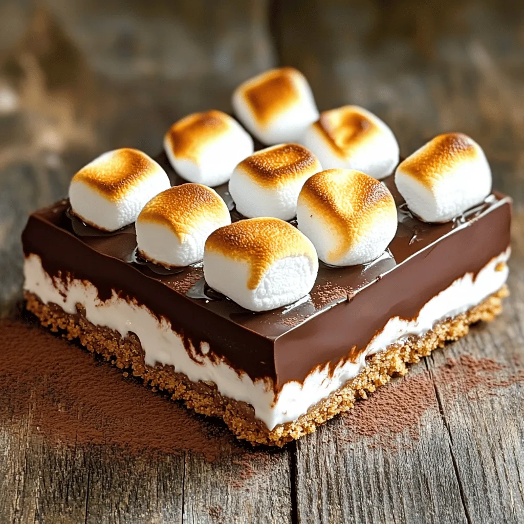 To make my no-bake s’mores bars, you need the following: - 2 cups graham cracker crumbs - 1/2 cup unsweetened cocoa powder - 1/2 cup granulated sugar - 1/2 cup unsalted butter, melted - 1 cup mini marshmallows, plus extra for topping - 1 cup milk chocolate chips - 1/4 cup heavy cream - 1/2 teaspoon vanilla extract - Pinch of salt You can twist this recipe to fit your taste. Here are some ideas: - Use dark chocolate chips for a richer flavor. - Add peanut butter for a nutty kick. - Swap out mini marshmallows for large marshmallows. Gather these tools before you start: - A large mixing bowl - A 9x9-inch baking pan - A spatula or wooden spoon - A small saucepan - An oven or broiler for toasting - Measuring cups and spoons These ingredients and tools will help you create a delicious treat that everyone will love. For the full recipe, check the details above. To start, gather your ingredients. You need graham cracker crumbs, cocoa powder, sugar, and melted butter. In a large bowl, mix the graham cracker crumbs, cocoa powder, and sugar. Stir them well until they blend completely. Next, pour in the melted butter slowly. Use a spatula or your hands to mix until the dry ingredients look like damp sand. This mixture should hold together when you press it. Now, take a 9x9-inch baking pan and transfer the mixture into it. Press the mixture evenly into the bottom of the pan. You want a firm and even layer for the crust. Next, grab a small saucepan. Heat the heavy cream over medium heat until it simmers lightly. Then, remove it from the heat. Add the milk chocolate chips to the cream. Stir continuously until the chocolate melts and the mixture is smooth. This step is key for a rich chocolate flavor. Don’t forget to add the vanilla extract and a pinch of salt for extra taste. Once your chocolate is ready, pour it over the crust. Spread it evenly with a spatula, covering every inch. Now, take the mini marshmallows and sprinkle them generously on top. Make sure they are spread out evenly for that classic s’mores look. Next, place the pan under the broiler on high heat for 1-2 minutes. Keep a close eye on the marshmallows. You want them golden brown and toasty, not burnt. After broiling, let the pan cool at room temperature for 30-45 minutes. Then, refrigerate it for another 30 minutes. This helps the bars set. Once set, slice the bars into squares and serve them. For a fun touch, serve them on a rustic board or colorful plate. Enjoy every bite of your no-bake s'mores bars! For the complete recipe, check the Full Recipe section. When making no-bake s'mores bars, avoid these common mistakes: - Using stale graham crackers: Always check that your graham crackers are fresh. Stale ones affect taste and texture. - Not pressing the crust firmly enough: If it’s too loose, the bars may fall apart. Press down hard! - Burning the marshmallows: Keep a close eye when broiling. Marshmallows can go from perfect to charred very quickly. To achieve perfectly toasted marshmallows: - Use a broiler: This method gives even heat. It makes marshmallows toasty and golden. - Watch closely: Stay nearby and check every 30 seconds. This prevents burning and ensures a nice color. - Rotate the pan: If your oven has hot spots, rotate the pan halfway through for even toasting. For storing your no-bake s'mores bars: - Use an airtight container: This keeps them fresh and prevents them from drying out. - Refrigerate: They stay best in the fridge. They can last up to a week. - Freezing: If you want to save some for later, wrap them well in plastic wrap and foil. They freeze well for up to a month. Reheat in the fridge overnight before serving. I recommend following the Full Recipe for the best results! {{image_4}} You can add nuts to your no-bake s’mores bars for extra crunch. Try chopped walnuts or pecans. If you prefer nut butter, swirl in some creamy peanut or almond butter. This gives a rich taste and boosts protein. Just mix the nuts or nut butter into the crust or chocolate layer. Want something different? You can change the flavor by adding extracts. A splash of almond or coconut extract gives a fun twist. You can also use dark chocolate instead of milk chocolate. This makes the bars a bit more rich and bittersweet. Just melt your choice of chocolate as you would with the milk chocolate. If you want a healthier treat, try using alternative sweeteners. Options like honey or maple syrup can replace granulated sugar. They add sweetness without refined sugar. You can also use sugar-free chocolate chips. This way, you enjoy the same great taste with less guilt. For the full recipe, check out the detailed instructions to create these delightful treats! To keep your no-bake s’mores bars fresh, store them in an airtight container. This helps maintain their flavor and texture. Place a layer of parchment paper between the bars. This prevents them from sticking together. Keep the container in a cool, dry place or in the fridge for extra freshness. These tasty bars can last up to a week when stored properly. If you keep them in the fridge, they may stay fresh a bit longer. However, I recommend enjoying them within five days for the best taste and texture. You can freeze these s’mores bars for later. First, cut them into squares. Wrap each piece in plastic wrap or foil to prevent freezer burn. Place them in a freezer-safe container or bag. They can last for up to three months in the freezer. When you're ready to eat, thaw them in the fridge overnight. Enjoy the convenience of a sweet treat anytime! Yes, you can make No-Bake S’mores Bars ahead of time. They taste great after chilling in the fridge. If you store them in an airtight container, they stay fresh for about a week. This makes them perfect for parties or gatherings. Just remember to slice them before serving for easy enjoyment. Absolutely! Dark chocolate adds a rich flavor to your No-Bake S’mores Bars. If you prefer a less sweet taste, dark chocolate works well. Just make sure to melt it the same way as milk chocolate. The process stays the same, and the result will still be a delicious treat. If you don’t have graham crackers, you have options! You can use digestive biscuits or even crushed cookies like Oreos. Each will give a unique taste to your dessert. Just crush them finely and mix them with the cocoa powder and sugar for the crust. To make a larger batch of No-Bake S’mores Bars, simply double the ingredients. Use a bigger baking pan to hold the extra mix. For instance, a 9x13-inch pan works great. Keep an eye on the chilling time; it may take a bit longer to set. Check them often to get that perfect texture. For the complete recipe, refer to the Full Recipe section. We explored how to make delicious no-bake s'mores bars. You learned about essential and optional ingredients, tools, and step-by-step instructions. I shared tips to avoid common mistakes and achieve perfect toasted marshmallows. We also discussed fun variations and proper storage methods. Remember, with a few tweaks, you can create your own tasty treat. Enjoy experimenting and share this joy with friends!