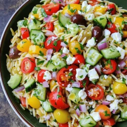 - Orzo pasta - Fresh vegetables: cucumbers, cherry tomatoes, bell pepper, red onion - Kalamata olives and feta cheese In this Greek Orzo Salad, orzo pasta serves as the base. It cooks quickly and has a lovely texture. Fresh vegetables add color and crunch. I love using cucumbers for their coolness, cherry tomatoes for sweetness, bell peppers for a bit of crispness, and red onion for flavor. Kalamata olives bring a salty kick, while feta cheese adds creaminess. Together, these ingredients create a bright and tasty dish. - Extra virgin olive oil - Fresh lemon juice - Dried oregano, salt, and pepper The dressing is simple yet full of flavor. I use extra virgin olive oil for richness and fresh lemon juice for brightness. Dried oregano adds that classic Greek taste. A pinch of salt and freshly cracked pepper enhances all the flavors. This dressing ties everything together, making each bite a delight. - Calories per serving: Approximately 250 - Macronutrient breakdown: - Carbohydrates: 30g - Protein: 6g - Fat: 12g This salad is not only tasty but also nutritious. Each serving has about 250 calories. You get a good mix of carbs from the orzo and healthy fats from the olive oil and feta. The fresh veggies add essential vitamins and minerals. This dish can fit well into many diets, making it a great choice for everyone. For the complete recipe, check out the Full Recipe: Mediterranean Orzo Delight. To start, you need to cook the orzo pasta. First, bring 2 cups of water or vegetable broth to a boil in a medium saucepan. This adds great flavor. Once it starts boiling, add 1 cup of orzo pasta. Cook the orzo for about 8 to 10 minutes. Check for al dente texture; it should be firm yet tender. Drain the orzo in a colander when done. This helps remove excess water. Next, cool the orzo. Rinse it under cold running water. This stops the cooking process and cools it quickly. Set it aside to cool completely. Now, it’s time to prepare the salad. In a large bowl, combine the halved cherry tomatoes, diced cucumber, diced bell pepper, finely chopped red onion, chopped Kalamata olives, and crumbled feta cheese. Mix these tasty ingredients well. For the dressing, whisk together extra virgin olive oil, fresh lemon juice, dried oregano, and a pinch of salt and pepper in a small bowl. This dressing adds flavor and ties everything together. Pour the dressing over the orzo salad. Gently mix until all ingredients are well-coated. Finally, sprinkle fresh parsley over the top for a burst of color. For the best flavor, cover the salad and chill for at least 30 minutes before serving. Enjoy this fresh and flavorful Greek Orzo Salad! For the complete recipe, check out the Full Recipe. To enhance the dressing, add a pinch of garlic powder or a splash of red wine vinegar. These small tweaks can amp up the flavor. You can also try fresh herbs like dill or mint for a unique twist. When substituting ingredients, think about what you enjoy. If you prefer a creamier salad, swap feta for goat cheese. For a kick, use pepperoncini instead of olives. This way, you can make the salad truly yours. Serving the salad in a large, vibrant bowl brings life to your table. You could also layer the ingredients in a glass dish for a beautiful view. When garnishing, sprinkle extra feta and parsley on top. A few slices of lemon around the edges can add a pop of color and freshness. These simple tricks make your dish look as good as it tastes. Preparing this salad ahead of time is a smart choice. You can cook the orzo and chop the veggies a day before. Just keep them in separate containers until you're ready to mix. For the best flavor, chill the salad for at least 30 minutes before serving. This allows the flavors to meld. If you want to prepare it earlier, you can store it in the fridge for up to three days. Just remember to give it a good stir before serving. For the full recipe, check out Mediterranean Orzo Delight 🥗. {{image_4}} You can make Greek Orzo Salad even better by adding protein. Grilled chicken or shrimp works great. They add a nice, savory taste. If you're vegetarian, try chickpeas instead. They offer protein and a nice texture. Both options make this dish filling and satisfying. Changing up the herbs can change the whole dish. Fresh basil or mint can add a new twist. They bring a fresh taste that pairs well with the other flavors. You can also switch out vinegars. Try red wine vinegar or apple cider vinegar for a different zing. Each choice brings a new layer to the salad. Using seasonal vegetables is a fun way to change the salad. In summer, add fresh corn or zucchini. In winter, roasted carrots or butternut squash work well. These ingredients can change the feel and taste of your dish. Highlighting what's fresh makes the meal even better. For the Full Recipe, check out the Mediterranean Orzo Delight. Enjoy experimenting with these variations! To store leftovers of your Greek orzo salad, place it in an airtight container. Make sure to cover the container well to keep air out. This helps to maintain the salad's freshness. Keep the container in the refrigerator. The cool temperature will help keep your salad tasty and safe to eat. Optimal refrigerator conditions are key. Set your fridge to a temperature of 40°F (4°C) or below. This ensures that your ingredients stay crisp and flavorful. The Greek orzo salad stays fresh for about 3 to 5 days in the fridge. It’s best to eat it within this time for the best taste. After 5 days, the flavors may fade, and ingredients may wilt. Keep an eye out for signs of spoilage. If you see any mold or notice an off smell, it’s time to toss it. A slimy texture or discoloration can indicate spoilage, too. You can serve this salad cold, which is how I prefer it. If you want to warm it up, be gentle. Heat it in a pan over low heat, stirring often. Avoid cooking it too long as it can make the salad soggy. You want to keep that fresh taste! For a fun twist, consider adding leftover grilled chicken or shrimp before serving. This can give your salad an extra boost of flavor. Enjoy experimenting! What is orzo and how is it typically used? Orzo is a type of pasta shaped like rice. It cooks quickly and absorbs flavors well. I often use orzo in salads, soups, and casseroles. It adds a nice texture and heartiness to dishes. Can I make Greek Orzo Salad ahead of time? Yes, you can make it ahead! I recommend making it at least 30 minutes before serving. This helps the flavors mix well. Just keep it in the fridge until you're ready to serve. Is this recipe gluten-free? No, this recipe is not gluten-free. Orzo is made from wheat. If you need a gluten-free option, you can use gluten-free pasta. Can I make it vegan? Yes, you can make it vegan! Just leave out the feta cheese. You can replace it with vegan cheese or skip it entirely. The salad will still taste great! Can I add roasted vegetables to the salad? Absolutely! Roasted vegetables add depth and a nice touch. I love adding zucchini, eggplant, or bell peppers. Just roast them first and let them cool before mixing. What's the best way to adjust the flavors if too tangy? If the salad is too tangy, add a bit of olive oil or a pinch of sugar. This balances the flavors nicely. Taste as you go until you find the right balance! For the complete recipe, check out the Full Recipe: Mediterranean Orzo Delight. To make a tasty Greek Orzo Salad, you need fresh ingredients. Here is what you’ll use: - 1 cup orzo pasta - 2 cups water or vegetable broth - 1 cup cherry tomatoes, halved - 1 cucumber, diced - 1 bell pepper (red or yellow), diced - 1/2 red onion, finely chopped - 1/2 cup Kalamata olives, pitted and coarsely chopped - 1/2 cup feta cheese, crumbled - 1/4 cup fresh parsley, finely chopped - 1/4 cup extra virgin olive oil - 2 tablespoons fresh lemon juice - 1 teaspoon dried oregano - Salt and freshly ground black pepper to taste This salad is colorful and full of flavor. Each bite brings a taste of the Mediterranean. The orzo pasta is small and holds the dressing well. It helps mix all the fresh veggies together. You can cook the orzo with either water or vegetable broth. The broth adds more flavor to the pasta. Once cooked, rinse the orzo in cold water. This cools it quickly and stops the cooking process. Next, chop your fresh vegetables. The cherry tomatoes add sweetness, while the cucumber gives a nice crunch. The bell pepper adds a pop of color and taste. Kalamata olives bring a salty bite, and feta cheese adds creaminess. For the dressing, mix the olive oil, lemon juice, and oregano in a small bowl. This mix will tie all the flavors together. Pour it over the orzo and veggies, then mix gently. Lastly, sprinkle the fresh parsley on top for a bright finish. Chilling the salad for 30 minutes helps the flavors blend. You can find the full recipe details above, but trust me, this Greek Orzo Salad is a must-try! Enjoy making it and sharing it with friends. This blog post covered how to make a delicious Mediterranean Orzo Salad. You learned about the key ingredients like orzo, fresh veggies, olives, and feta. We discussed making a tasty dressing and the nutritional value of the salad. You also found tips for flavor, presentation, meal prep, and storage. In conclusion, enjoy customizing this salad to your taste. It's fresh, fun, and perfect for any occasion.