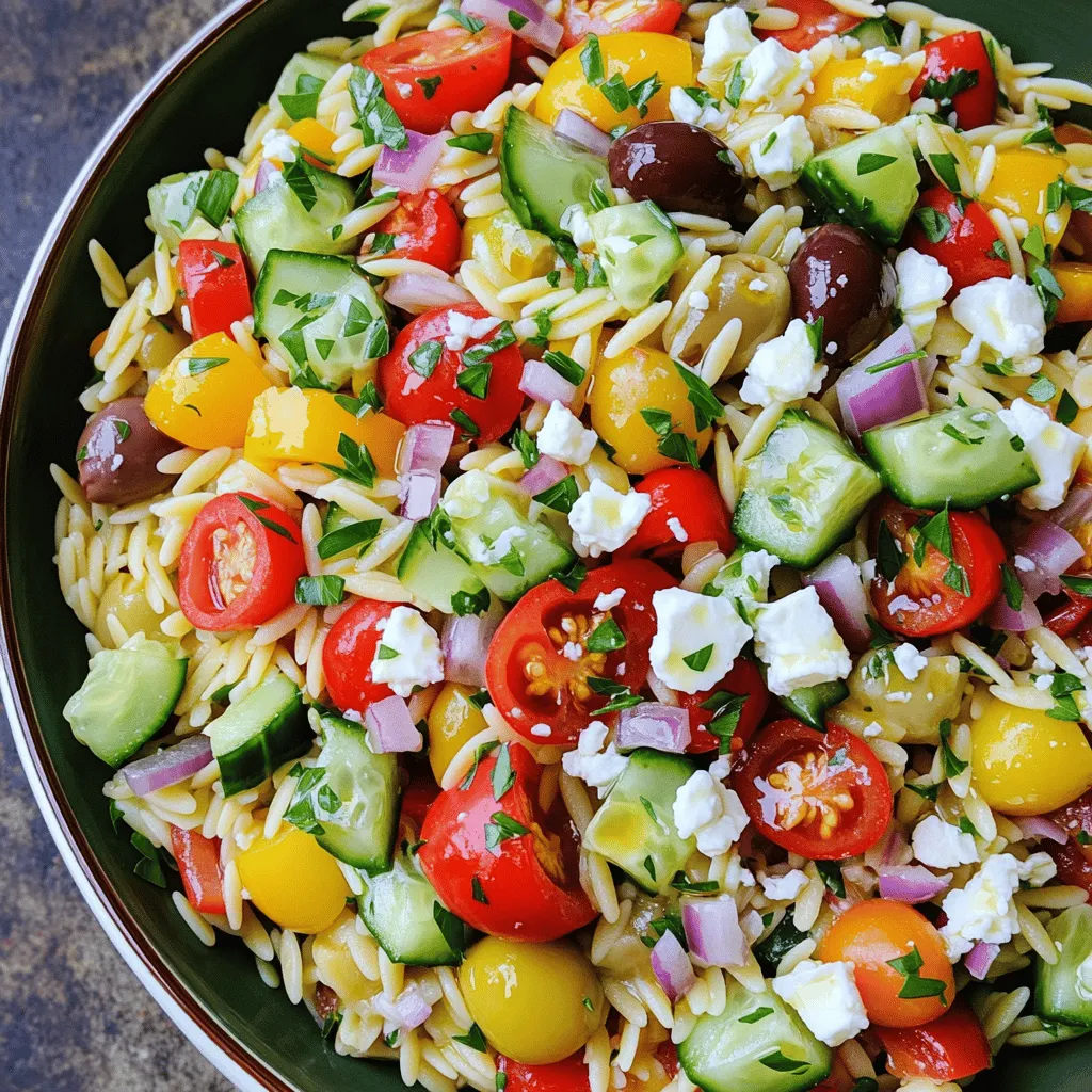 - Orzo pasta - Fresh vegetables: cucumbers, cherry tomatoes, bell pepper, red onion - Kalamata olives and feta cheese In this Greek Orzo Salad, orzo pasta serves as the base. It cooks quickly and has a lovely texture. Fresh vegetables add color and crunch. I love using cucumbers for their coolness, cherry tomatoes for sweetness, bell peppers for a bit of crispness, and red onion for flavor. Kalamata olives bring a salty kick, while feta cheese adds creaminess. Together, these ingredients create a bright and tasty dish. - Extra virgin olive oil - Fresh lemon juice - Dried oregano, salt, and pepper The dressing is simple yet full of flavor. I use extra virgin olive oil for richness and fresh lemon juice for brightness. Dried oregano adds that classic Greek taste. A pinch of salt and freshly cracked pepper enhances all the flavors. This dressing ties everything together, making each bite a delight. - Calories per serving: Approximately 250 - Macronutrient breakdown: - Carbohydrates: 30g - Protein: 6g - Fat: 12g This salad is not only tasty but also nutritious. Each serving has about 250 calories. You get a good mix of carbs from the orzo and healthy fats from the olive oil and feta. The fresh veggies add essential vitamins and minerals. This dish can fit well into many diets, making it a great choice for everyone. For the complete recipe, check out the Full Recipe: Mediterranean Orzo Delight. To start, you need to cook the orzo pasta. First, bring 2 cups of water or vegetable broth to a boil in a medium saucepan. This adds great flavor. Once it starts boiling, add 1 cup of orzo pasta. Cook the orzo for about 8 to 10 minutes. Check for al dente texture; it should be firm yet tender. Drain the orzo in a colander when done. This helps remove excess water. Next, cool the orzo. Rinse it under cold running water. This stops the cooking process and cools it quickly. Set it aside to cool completely. Now, it’s time to prepare the salad. In a large bowl, combine the halved cherry tomatoes, diced cucumber, diced bell pepper, finely chopped red onion, chopped Kalamata olives, and crumbled feta cheese. Mix these tasty ingredients well. For the dressing, whisk together extra virgin olive oil, fresh lemon juice, dried oregano, and a pinch of salt and pepper in a small bowl. This dressing adds flavor and ties everything together. Pour the dressing over the orzo salad. Gently mix until all ingredients are well-coated. Finally, sprinkle fresh parsley over the top for a burst of color. For the best flavor, cover the salad and chill for at least 30 minutes before serving. Enjoy this fresh and flavorful Greek Orzo Salad! For the complete recipe, check out the Full Recipe. To enhance the dressing, add a pinch of garlic powder or a splash of red wine vinegar. These small tweaks can amp up the flavor. You can also try fresh herbs like dill or mint for a unique twist. When substituting ingredients, think about what you enjoy. If you prefer a creamier salad, swap feta for goat cheese. For a kick, use pepperoncini instead of olives. This way, you can make the salad truly yours. Serving the salad in a large, vibrant bowl brings life to your table. You could also layer the ingredients in a glass dish for a beautiful view. When garnishing, sprinkle extra feta and parsley on top. A few slices of lemon around the edges can add a pop of color and freshness. These simple tricks make your dish look as good as it tastes. Preparing this salad ahead of time is a smart choice. You can cook the orzo and chop the veggies a day before. Just keep them in separate containers until you're ready to mix. For the best flavor, chill the salad for at least 30 minutes before serving. This allows the flavors to meld. If you want to prepare it earlier, you can store it in the fridge for up to three days. Just remember to give it a good stir before serving. For the full recipe, check out Mediterranean Orzo Delight 🥗. {{image_4}} You can make Greek Orzo Salad even better by adding protein. Grilled chicken or shrimp works great. They add a nice, savory taste. If you're vegetarian, try chickpeas instead. They offer protein and a nice texture. Both options make this dish filling and satisfying. Changing up the herbs can change the whole dish. Fresh basil or mint can add a new twist. They bring a fresh taste that pairs well with the other flavors. You can also switch out vinegars. Try red wine vinegar or apple cider vinegar for a different zing. Each choice brings a new layer to the salad. Using seasonal vegetables is a fun way to change the salad. In summer, add fresh corn or zucchini. In winter, roasted carrots or butternut squash work well. These ingredients can change the feel and taste of your dish. Highlighting what's fresh makes the meal even better. For the Full Recipe, check out the Mediterranean Orzo Delight. Enjoy experimenting with these variations! To store leftovers of your Greek orzo salad, place it in an airtight container. Make sure to cover the container well to keep air out. This helps to maintain the salad's freshness. Keep the container in the refrigerator. The cool temperature will help keep your salad tasty and safe to eat. Optimal refrigerator conditions are key. Set your fridge to a temperature of 40°F (4°C) or below. This ensures that your ingredients stay crisp and flavorful. The Greek orzo salad stays fresh for about 3 to 5 days in the fridge. It’s best to eat it within this time for the best taste. After 5 days, the flavors may fade, and ingredients may wilt. Keep an eye out for signs of spoilage. If you see any mold or notice an off smell, it’s time to toss it. A slimy texture or discoloration can indicate spoilage, too. You can serve this salad cold, which is how I prefer it. If you want to warm it up, be gentle. Heat it in a pan over low heat, stirring often. Avoid cooking it too long as it can make the salad soggy. You want to keep that fresh taste! For a fun twist, consider adding leftover grilled chicken or shrimp before serving. This can give your salad an extra boost of flavor. Enjoy experimenting! What is orzo and how is it typically used? Orzo is a type of pasta shaped like rice. It cooks quickly and absorbs flavors well. I often use orzo in salads, soups, and casseroles. It adds a nice texture and heartiness to dishes. Can I make Greek Orzo Salad ahead of time? Yes, you can make it ahead! I recommend making it at least 30 minutes before serving. This helps the flavors mix well. Just keep it in the fridge until you're ready to serve. Is this recipe gluten-free? No, this recipe is not gluten-free. Orzo is made from wheat. If you need a gluten-free option, you can use gluten-free pasta. Can I make it vegan? Yes, you can make it vegan! Just leave out the feta cheese. You can replace it with vegan cheese or skip it entirely. The salad will still taste great! Can I add roasted vegetables to the salad? Absolutely! Roasted vegetables add depth and a nice touch. I love adding zucchini, eggplant, or bell peppers. Just roast them first and let them cool before mixing. What's the best way to adjust the flavors if too tangy? If the salad is too tangy, add a bit of olive oil or a pinch of sugar. This balances the flavors nicely. Taste as you go until you find the right balance! For the complete recipe, check out the Full Recipe: Mediterranean Orzo Delight. To make a tasty Greek Orzo Salad, you need fresh ingredients. Here is what you’ll use: - 1 cup orzo pasta - 2 cups water or vegetable broth - 1 cup cherry tomatoes, halved - 1 cucumber, diced - 1 bell pepper (red or yellow), diced - 1/2 red onion, finely chopped - 1/2 cup Kalamata olives, pitted and coarsely chopped - 1/2 cup feta cheese, crumbled - 1/4 cup fresh parsley, finely chopped - 1/4 cup extra virgin olive oil - 2 tablespoons fresh lemon juice - 1 teaspoon dried oregano - Salt and freshly ground black pepper to taste This salad is colorful and full of flavor. Each bite brings a taste of the Mediterranean. The orzo pasta is small and holds the dressing well. It helps mix all the fresh veggies together. You can cook the orzo with either water or vegetable broth. The broth adds more flavor to the pasta. Once cooked, rinse the orzo in cold water. This cools it quickly and stops the cooking process. Next, chop your fresh vegetables. The cherry tomatoes add sweetness, while the cucumber gives a nice crunch. The bell pepper adds a pop of color and taste. Kalamata olives bring a salty bite, and feta cheese adds creaminess. For the dressing, mix the olive oil, lemon juice, and oregano in a small bowl. This mix will tie all the flavors together. Pour it over the orzo and veggies, then mix gently. Lastly, sprinkle the fresh parsley on top for a bright finish. Chilling the salad for 30 minutes helps the flavors blend. You can find the full recipe details above, but trust me, this Greek Orzo Salad is a must-try! Enjoy making it and sharing it with friends. This blog post covered how to make a delicious Mediterranean Orzo Salad. You learned about the key ingredients like orzo, fresh veggies, olives, and feta. We discussed making a tasty dressing and the nutritional value of the salad. You also found tips for flavor, presentation, meal prep, and storage. In conclusion, enjoy customizing this salad to your taste. It's fresh, fun, and perfect for any occasion.