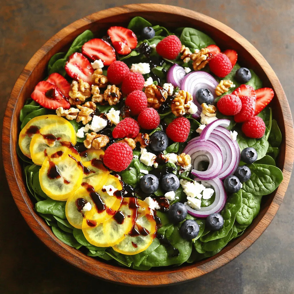 - 6 cups fresh baby spinach - 1 cup strawberries - 1 cup blueberries - 1 cup raspberries - 1/2 cup crumbled feta cheese - 1/2 cup candied walnuts - 1/4 red onion - 1/4 cup balsamic glaze - 2 tablespoons olive oil - Salt and pepper to taste This Summer Berry Spinach Salad is fresh and bright. Each bite bursts with flavor. The base is made from six cups of fresh baby spinach. This gives a crisp, green foundation for the salad. I love using fresh spinach because it is full of nutrients. Next, I add one cup each of strawberries, blueberries, and raspberries. These berries bring color and sweetness. The strawberries should be hulled and sliced thin. The blueberries and raspberries need only a good rinse. They add juicy bites that balance the greens. For a creamy touch, I sprinkle half a cup of crumbled feta cheese. The feta adds a salty flavor that contrasts the sweet fruits. Then, I include half a cup of candied walnuts. They give a sweet crunch and make each bite exciting. I slice a quarter of a red onion very thin. This adds a little sharpness to the mix. For the dressing, I whisk together a quarter cup of balsamic glaze and two tablespoons of olive oil. This dressing is sweet and tangy. It ties all the flavors together. I season it with salt and pepper to taste. This salad is not just a meal; it’s an experience. You can find the Full Recipe to prepare this delightful dish. Enjoy the process as you create something colorful and tasty! 1. Start with 6 cups of fresh baby spinach. Wash it under cold water. Use a salad spinner to dry the leaves well. 2. Take 1 cup of strawberries. Hull them to remove the green tops. Slice them thinly. 3. Rinse 1 cup of blueberries and 1 cup of raspberries under cool water. Drain them well. 1. In a large bowl, combine the dried spinach with the sliced strawberries, blueberries, and raspberries. 2. Gently toss the fruits with the spinach to mix them well. 3. Add 1/2 cup of crumbled feta cheese for a creamy touch. Then sprinkle in 1/2 cup of candied walnuts to add some crunch. 1. In a small bowl, whisk together 1/4 cup of balsamic glaze and 2 tablespoons of olive oil. 2. Add a pinch of salt and freshly cracked pepper to taste. Mix until you have a smooth dressing. 3. Drizzle this dressing over the salad. Toss gently to coat everything well without bruising the berries. You can find the detailed recipe here: [Full Recipe]. For a stunning display, use a large, shallow platter. This lets all the colors pop. You can also serve in individual bowls for a more personal touch. To impress, top each bowl with a few whole berries. A drizzle of extra balsamic glaze adds a nice finish. I recommend using extra virgin olive oil for the best flavor. It pairs perfectly with the berries and greens. You can also try avocado oil for a different taste. If you want a change, consider a honey mustard dressing or a citrus vinaigrette. These options add a refreshing twist to your salad. To keep your spinach fresh, wash it just before use. Pat the leaves dry to avoid wilting. Store the spinach in a container lined with paper towels. This helps absorb moisture and keeps it crisp. Keep the berries and other ingredients separate until assembly. This way, they stay fresh and delicious. {{image_4}} You can easily change fruits in this salad. Instead of strawberries, try peaches or blackberries. These fruits add unique flavors that mix well with spinach. You can also switch the feta cheese for a dairy-free option like tofu or avocado. This keeps the salad creamy without using dairy. Feel free to get creative with dressings. A creamy dressing like ranch or yogurt can add richness. For a fresh twist, try a citrus-based dressing. Lemon or orange juice mixed with olive oil brightens the flavors. You can also add herbs for extra zest. Boost the nutrition by adding protein. Grilled chicken makes the salad hearty. Chickpeas are a great plant-based option too. They add fiber and protein. You can throw in more nuts or seeds, like almonds or sunflower seeds, for a crunchy texture and healthy fats. These add-ins make your meal more filling and balanced. For the full recipe, check out the [Full Recipe]. To store leftovers of your Summer Berry Spinach Salad, place it in an airtight container. This keeps the salad fresh for about 1 to 2 days. To maintain freshness, avoid adding the dressing until you're ready to eat. This way, the spinach stays crisp and the berries remain juicy. If you notice any wilting, remove those leaves before storing. Prep ingredients in advance for easy assembly. Wash and dry the spinach, and store it in a separate container. Slice the strawberries and store them in a small bowl. Keep blueberries and raspberries in their original containers to avoid squishing them. For salads, use clear containers to show off the vibrant colors. This makes it easy to grab and go. You can layer the ingredients, with the spinach at the bottom and berries on top, to keep them fresh longer. You can store this salad for up to two days in the fridge. Keep it in an airtight container. To keep the spinach fresh, store the dressing separately. Add the dressing just before serving. This helps avoid soggy leaves. Yes, you can use frozen berries. They are a great option, especially in winter. Just thaw them and drain excess water. This keeps your salad from getting watery. Fresh berries taste best, but frozen ones work well too. If you want a dairy-free option, try using avocado or chickpeas. Both add creaminess and flavor. You can also use goat cheese or mozzarella for different tastes. Each option gives a unique twist to your salad. Absolutely! All the ingredients in Summer Berry Spinach Salad are gluten-free. This makes it safe for anyone with gluten sensitivities. Always check labels on your ingredients to ensure safety. Enjoy this fresh dish worry-free! This blog post covers a fresh and tasty Summer Berry Spinach Salad. We discussed the key ingredients, easy steps for preparation, and tips for serving. You can swap fruits and dressings to fit your taste. Always focus on freshness to keep your salad vibrant. With these tips, you can enjoy a healthy, colorful dish anytime. Try making this salad for quick meals or special occasions. You'll impress everyone with its flavor and nutrition. Enjoy your cooking journey with this salad!