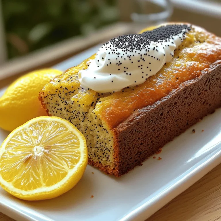To make the Lemon Poppy Seed Yogurt Loaf, you will need the following items: - 1 ½ cups all-purpose flour - 1 teaspoon baking powder - ½ teaspoon baking soda - ¼ teaspoon salt - ½ cup plain yogurt (Greek or regular) - ½ cup granulated sugar - 2 large eggs - 1 tablespoon lemon zest (freshly grated) - 2 tablespoons fresh lemon juice - ¼ cup vegetable oil - 2 tablespoons poppy seeds - 1 teaspoon pure vanilla extract These ingredients create a tasty and moist loaf. Each one plays a role in making the flavors pop. If you need to change any ingredients, here are some great swaps: - Flour: You can use whole wheat flour for a healthier option. - Yogurt: Substitute with almond or coconut yogurt for a dairy-free version. - Sugar: Try using honey or maple syrup instead of granulated sugar. - Oil: You can swap vegetable oil for melted coconut oil. - Poppy Seeds: If you don’t have poppy seeds, try chia seeds for a similar texture. These swaps keep the loaf delicious while meeting your needs. Choosing fresh ingredients makes a big difference in your loaf. Here are some tips: - Yogurt: Check the expiration date. Choose a brand you trust. - Lemons: Pick firm, heavy lemons. They have more juice and flavor. - Eggs: Look for eggs with a clean shell. Fresh eggs are best for baking. - Flour: Use flour stored in a cool, dry place. Avoid bags with holes or damage. By using fresh ingredients, you ensure your Lemon Poppy Seed Yogurt Loaf is as tasty as possible. For the complete recipe, check out the Full Recipe section. Start by preheating your oven to 350°F (175°C). This step makes sure the loaf bakes evenly. Next, prepare a 9x5 inch loaf pan. Grease it with butter or oil. You can also line it with parchment paper. This helps with easy removal later. In a small mixing bowl, add the all-purpose flour, baking powder, baking soda, and salt. Use a whisk to mix them well. This ensures even rising when baking. Once mixed, set this dry mixture aside. In a large bowl, combine the plain yogurt and granulated sugar. Whisk them together until smooth. This mix should look creamy. Next, add the eggs one at a time. Mix well after each egg. Then, stir in the lemon zest, lemon juice, vegetable oil, and vanilla extract. Make sure everything is well blended. Gradually add the dry ingredients to the wet mixture. Stir gently until just combined. Be careful not to overmix; this keeps the loaf soft and tender. Finally, fold in the poppy seeds. They add a nice crunch and flavor. Now, pour the batter into the prepared loaf pan. Smooth the top with a spatula. Bake in your preheated oven for 50-60 minutes. Check doneness by inserting a toothpick into the center. It should come out clean. After baking, let the loaf cool in the pan for 10 minutes. Then, transfer it to a wire rack to cool completely. Enjoy your Lemon Poppy Seed Yogurt Loaf! For the complete recipe, refer to the [Full Recipe]. To keep your loaf moist, use yogurt. Yogurt adds a creamy texture and rich flavor. You can also add a bit of oil. This helps keep the loaf tender. Make sure to use fresh lemon juice and zest. This adds brightness and enhances the moistness. Baking your loaf for the right time is key. Overbaking can dry it out. Check with a toothpick. If it comes out clean, it’s done! Mixing too much can make your loaf tough. When you combine wet and dry ingredients, stop as soon as you see no dry flour. It’s okay if the batter looks a bit lumpy. You can add the poppy seeds gently at the end. Use a spatula to fold them in. This will keep the batter light and fluffy. Remember, less is more when mixing! To get even poppy seed distribution, add them last. Gently fold them into the batter. This way, they won't sink to the bottom. Don’t worry if some seeds stick together; they will spread out during baking. You can also toast the poppy seeds lightly before adding. This step brings out more flavor. It makes your loaf taste even better! For the full recipe, check out the details above. {{image_4}} You can make your loaf even more special with a glaze. A simple lemon glaze adds sweetness and tang. Mix powdered sugar with fresh lemon juice until smooth. Drizzle the glaze over the loaf after it cools. This adds shine and flavor. If you want a twist, try other citrus fruits. Substitute lemon with orange or lime for a fun change. Adjust the zest and juice in the recipe. Each fruit gives a unique taste while keeping the loaf moist and tasty. You can use different types of yogurt for extra flavor. Greek yogurt makes it rich and creamy. Regular yogurt keeps it light and fluffy. You can even try flavored yogurts, like vanilla or lemon, for a fun twist. Each choice changes the texture and taste, allowing you to customize your loaf. Feel free to explore these variations to make your Lemon Poppy Seed Yogurt Loaf even more delightful! For the complete recipe, check the Full Recipe section. To keep your Lemon Poppy Seed Yogurt Loaf fresh, wrap it tightly in plastic wrap or foil. Place it in an airtight container. This method helps seal in moisture and flavor. Store it at room temperature for up to three days. If you want to keep it longer, refrigeration is a good option. However, it may dry out faster in the fridge. Freezing your loaf is easy and a smart way to save it. First, let the loaf cool completely. Then, slice it into pieces for easy thawing. Wrap each slice tightly in plastic wrap. Place the wrapped slices in a freezer bag or container. Make sure to label it with the date. You can freeze the loaf for up to three months. When you're ready to enjoy it, just pull out a slice! To reheat your Lemon Poppy Seed Yogurt Loaf, use the oven for the best results. Preheat your oven to 350°F (175°C). Place the loaf or slices on a baking sheet. Cover it with aluminum foil to keep moisture in. Heat for about 10-15 minutes, or until warmed through. You can also use the microwave. Just place a slice on a microwave-safe plate and cover it with a damp paper towel. Heat in 15-second intervals until warm. Enjoy it fresh and moist! For the complete recipe, check out the Full Recipe. To make this loaf gluten-free, you can swap the all-purpose flour with a gluten-free flour blend. Look for blends that contain xanthan gum, as it helps with texture. Measure the same amount as you would for regular flour. This change allows you to enjoy the same yummy taste without the gluten. Yes, you can use non-dairy yogurt. Choose a plain, unsweetened type made from almond, coconut, or soy. This option will keep the loaf moist and tasty. The flavor may change slightly, but it will still be delicious. This loaf pairs well with a few tasty options. Serve it with Greek yogurt for added creaminess. You can also add fresh fruit like berries or slices of citrus. A light drizzle of honey or maple syrup can elevate the sweetness too. For a special touch, enjoy it with a cup of tea or coffee. For the full recipe, check out the details above! In this blog post, we covered key ingredients, step-by-step instructions, and helpful tips. You learned how to select fresh ingredients and avoid overmixing. We also explored tasty variations and proper storage methods. As you bake, remember these tips for a delicious lemon poppy seed loaf. Enjoy your baking journey!