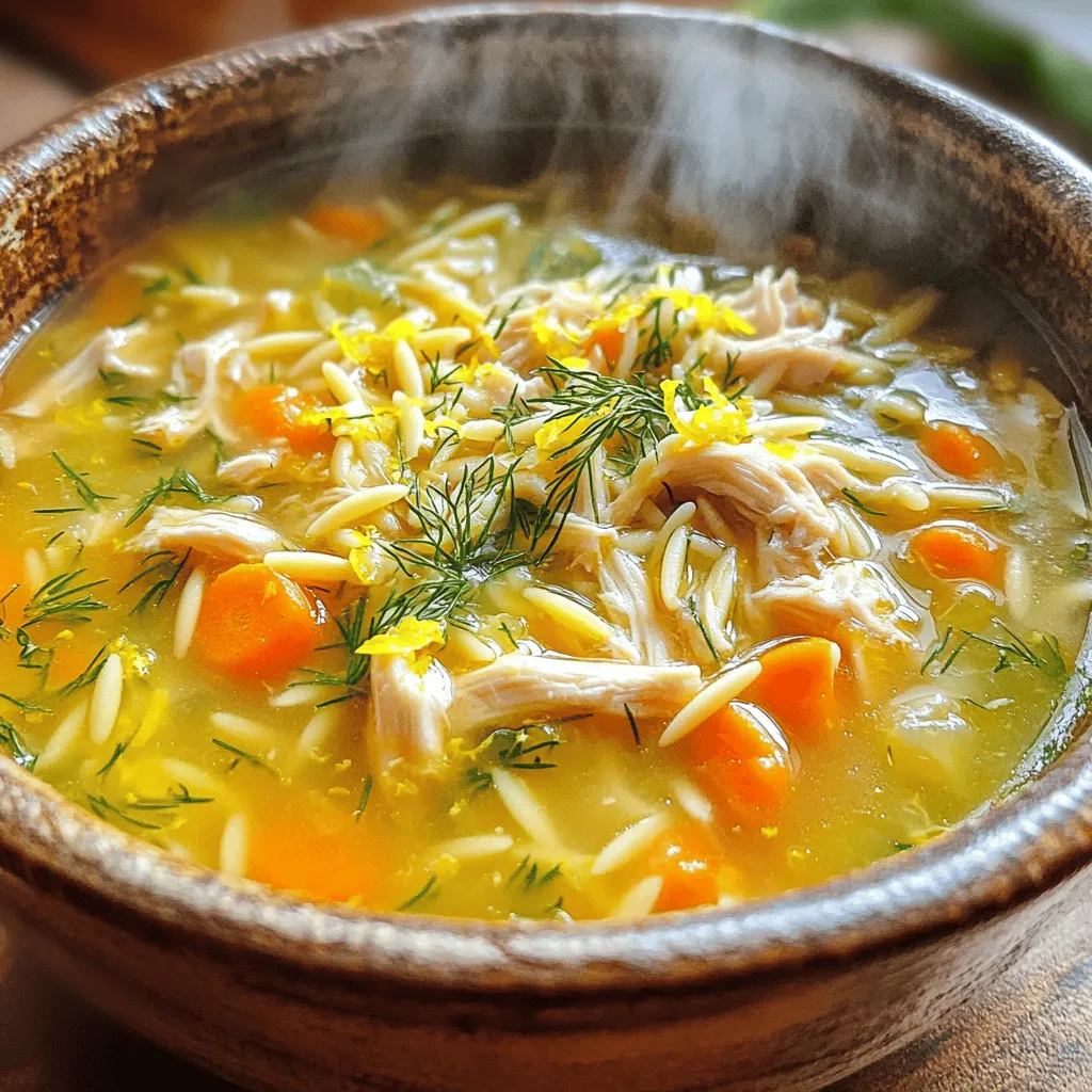 To make Greek Lemon Chicken Soup, gather these ingredients: - 1 pound boneless, skinless chicken breasts - 1 tablespoon extra virgin olive oil - 1 medium onion, finely chopped - 2 cloves garlic, minced - 4 cups low-sodium chicken broth - 1 cup water - 1 cup carrots, diced - 1 cup celery, diced - 1 cup orzo pasta - 3 large eggs - Juice of 2 fresh lemons - Zest of 1 lemon - Salt and freshly ground black pepper to taste - Fresh dill sprigs, for garnish - Crushed red pepper flakes (optional, for a kick of heat) This soup is not only tasty but also good for you. Each serving brings: - About 300 calories - 25 grams of protein - 15 grams of carbs - 10 grams of fat - Plenty of vitamins from fresh veggies You get a balanced meal that warms you inside and out. Using fresh ingredients is key for this soup. Fresh chicken makes the broth rich and flavorful. Fresh herbs like dill add vibrant taste. Fresh lemons give the best zing. Dried ingredients lack that bright flavor. While dried herbs work in a pinch, I recommend fresh. For the chicken broth, low-sodium options cut down on salt. This lets the lemon shine. Trust me, fresh items make a huge difference! If you want the full experience, check the Full Recipe for detailed steps. First, gather all your ingredients. This helps things go smoothly. You need: - 1 pound boneless, skinless chicken breasts - 1 tablespoon extra virgin olive oil - 1 medium onion, finely chopped - 2 cloves garlic, minced - 4 cups low-sodium chicken broth - 1 cup water - 1 cup carrots, diced - 1 cup celery, diced - 1 cup orzo pasta - 3 large eggs - Juice of 2 fresh lemons - Zest of 1 lemon - Salt and freshly ground black pepper to taste - Fresh dill sprigs, for garnish - Crushed red pepper flakes (optional, for a kick of heat) Now, chop the onion and mince the garlic. This will add great flavor. Dice the carrots and celery too. These veggies bring color and health to the soup. Start cooking by heating the olive oil in a large pot. Use medium heat. When it's hot, add the chopped onion. Sauté it for about 5 minutes until it’s soft and clear. Next, add the minced garlic. Stir it for 1-2 minutes until it smells great. Then, place the chicken breasts in the pot. Pour in the chicken broth and water. Bring this to a gentle boil. Lower the heat and let it simmer for 15-20 minutes. Your chicken should be cooked and tender. After that, take the chicken out and let it cool. Shred it into small pieces with two forks. While the chicken cools, toss in the diced carrots and celery. Let them simmer for about 10 minutes until they are tender. Now, add the orzo pasta and the shredded chicken back to the pot. Cook for another 8-10 minutes until the pasta is just right. To make the soup creamy, you need to temper the eggs. In a bowl, whisk the eggs with the lemon juice and zest. This mix should be smooth. Next, take a bit of hot broth from the pot and slowly add it to the egg mixture. Whisk it all the time. This step stops the eggs from curdling. Finally, pour the tempered egg mixture back into the pot. Keep stirring to mix it well. Let the soup cook for another 2-3 minutes. This will thicken it slightly. Taste your soup and add salt and pepper as needed. For some heat, sprinkle on crushed red pepper flakes. This method creates a rich, flavorful, and nourishing dish. You can find the full recipe online for more details. To make the best Greek lemon chicken soup, focus on fresh ingredients. Use high-quality chicken and fresh herbs. The lemon juice adds brightness, while the eggs create creaminess. Always temper the eggs slowly with hot broth to avoid curdling. Stir constantly for a smooth blend. Adjust seasoning to your taste, using salt and pepper wisely. A touch of crushed red pepper flakes can add a nice kick. Avoid overcooking the chicken. It can become dry and tough. Watch the orzo closely; cook it just until al dente. If you cook it too long, it can turn mushy. Do not skip the tempering step for the eggs. This step is key for a creamy texture. Lastly, don't forget to taste as you go. Adjust flavors gradually for the best outcome. Serve the soup hot in colorful bowls. Garnish with fresh dill and a sprinkle of lemon zest. This adds flavor and visual appeal. Pair the soup with warm pita bread for a delightful side. A simple side salad with cucumbers and tomatoes complements the dish well. You can find the full recipe linked above for step-by-step guidance. {{image_4}} You can make a great vegetarian version of Greek lemon soup. Instead of chicken, use chickpeas or white beans for protein. Replace chicken broth with vegetable broth for a rich base. Add extra veggies like spinach, zucchini, or bell peppers for more flavor and nutrients. You still have that lovely lemon taste, plus a fresh twist! The Instant Pot makes this soup quick and easy. Start by sautéing the onion and garlic in the pot. Then, add the chicken, broth, and water. Seal the lid and cook on high pressure for about 10 minutes. Once done, shred the chicken and follow the rest of the steps from the Full Recipe. This method saves time and keeps the flavors rich and satisfying. To make this dish gluten-free, swap orzo for gluten-free pasta or rice. Be sure to check labels on your broth and other ingredients to avoid hidden gluten. This way, you can still enjoy all the savory goodness of Greek lemon chicken soup without worrying about gluten. You can store your Greek lemon chicken soup in the fridge. Place it in an airtight container. This soup stays fresh for about three days. Make sure to cool it fully before sealing the container. This helps keep the soup safe and tasty. Want to save some for later? You can freeze the soup too. Use a freezer-safe container or bag. Leave some space at the top, as the soup will expand when frozen. It stays good for about three months. When you're ready to eat it, thaw it in the fridge overnight. When you want to enjoy your soup again, reheat it on the stove. Use low to medium heat. Stir it often to prevent sticking. If it is too thick, add a splash of chicken broth or water. You can also microwave it, but check it often to avoid hot spots. Enjoy your warm and comforting soup! For the full recipe, check out the detailed instructions above. Yes, you can use leftover chicken. It saves time and adds flavor. Just shred it and add it to the broth. Make sure to heat the chicken through. This way, you keep it juicy and tasty. If you don’t have orzo, try small pasta shapes like ditalini or or use rice. Quinoa is another great choice. Each option brings a unique texture and flavor. Just adjust cooking time as needed. To tone down the sourness, add more broth or water. You can also mix in a pinch of sugar. This small addition balances the lemon taste. Stir well and taste as you go to find your perfect flavor. Absolutely! This soup stores well. Just make it, let it cool, and put it in the fridge. Reheat it gently on the stove. If you make it ahead, the flavors deepen, making it even more delicious. For the full recipe, check out the recipe section above. This blog post covered the key elements of making a delicious Greek lemon soup. We explored the ingredients, cooking steps, and tips to perfect your dish. You learned about variations, storage options, and even answered common questions. My final thought is to embrace experimenting with flavors. This approach will enhance your cooking skills and help you create a unique soup every time. Enjoy your cooking journey!