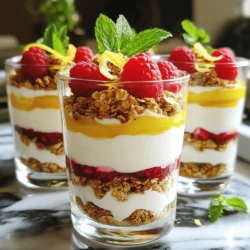 For a delicious Raspberry Lemon Yogurt Parfait, you need fresh and simple ingredients. The key flavors come from tangy lemon, sweet raspberries, and creamy yogurt. Granola adds crunch, making each bite fun. Honey or maple syrup sweetens the mix. Fresh mint makes it look bright and fresh. - 2 cups plain Greek yogurt - 1 cup fresh raspberries - 1 large lemon (zested and juiced) - 3 tablespoons honey (or substitute with maple syrup for a vegan option) - 1 teaspoon pure vanilla extract - 1 cup granola (choose your favorite, whether homemade or store-bought) - Fresh mint leaves for garnish If you don't have Greek yogurt, use regular yogurt. It will taste great but be less thick. For honey, maple syrup is a good vegan choice. You can switch raspberries for strawberries or blueberries if you prefer. Enjoy mixing and matching flavors to suit your taste! First, gather your ingredients. You need plain Greek yogurt, fresh lemon juice, lemon zest, honey, and vanilla extract. In a medium bowl, combine the yogurt, lemon zest, lemon juice, honey, and vanilla. Mix until smooth. This mixture should taste fresh and tangy. It will be the creamy base for your parfait. Now, get your serving glasses ready. Start with about 1/4 cup of the yogurt mix at the bottom of each glass. Next, add a handful of fresh raspberries on top of the yogurt. Don’t be shy; let those berries shine! Then, sprinkle about 2 tablespoons of granola over the raspberries. Repeat this layering—yogurt, raspberries, and granola—until the glasses are full. Finish with a dollop of yogurt on the top layer for a clean look. To make your parfait even more appealing, garnish with extra raspberries and a sprig of mint. This adds color and freshness. Serve the parfaits right away for the best taste. If you need to prep in advance, you can chill them for up to 2 hours. This lets the flavors blend nicely. For the full recipe, check out the detailed instructions. Enjoy your delicious Raspberry Lemon Yogurt Parfait! To get the creamiest yogurt, start with plain Greek yogurt. This type has less water and more protein. Mix in lemon zest and juice for added creaminess and a tangy taste. Make sure to blend it well until smooth. If you want it even creamier, you can fold in a little whipped cream. This adds air and makes it light. When layering your parfait, use clear glasses to show off the colors. Start with yogurt at the bottom. Then, add raspberries, and follow with granola. Repeat the layers, but don’t overfill. Leave some space at the top for garnish. This keeps each layer distinct. It looks more appealing this way. You can enhance flavors with a few extras. A sprinkle of cinnamon adds warmth. For a fruity twist, try adding sliced bananas or blueberries. If you want more crunch, add nuts or seeds. Fresh mint leaves give a burst of flavor and color. You can also drizzle extra honey on top for sweetness. Each little change can make your parfait unique and tasty. {{image_4}} You can change the fruit in your parfait to mix it up. Try strawberries, blueberries, or peaches. Each fruit brings a new taste. For a tropical twist, use mango or pineapple. Mixing fruits can make your parfait fun and colorful. If you want a dairy-free version, swap Greek yogurt for coconut yogurt. It adds a creamy texture and a hint of sweetness. Use maple syrup instead of honey for a vegan option. This keeps your parfait plant-based and just as tasty. Seasonal fruits can add a fresh touch to your parfait. In spring, use strawberries and rhubarb. In summer, try cherries or blackberries. Fall is great for adding sliced apples or pears. Winter can feature pomegranate seeds for a burst of flavor. Changing the fruit with the seasons keeps your parfait exciting. Check out the Full Recipe for more ideas. You can store leftover parfait in the fridge. Use an airtight container. The parfait stays fresh for up to two days. The yogurt keeps its creamy texture while the granola may get soft. If you prefer crunchy granola, store it separately. You don’t need to reheat this parfait. It tastes great cold. When serving, you can add more fresh raspberries or mint leaves. This adds color and flavor. Serve it in clear glasses to show off the layers. Make the yogurt mixture ahead of time. You can store it in the fridge for up to three days. Layer the parfait just before serving. This keeps the granola crunchy and the raspberries fresh. You can also prepare individual servings for easy grab-and-go breakfasts. For the full recipe, check the earlier section. Yes, you can use frozen raspberries. Just keep in mind they may be softer. Thaw them before layering in the parfait. This will help retain the flavor and color. If you use frozen, know they may release more juice. This can make your parfait a bit wetter, but still tasty. The parfait will stay fresh for about 2 hours in the fridge. After that, the yogurt may separate. The granola can become soggy, too. For the best taste and texture, serve right after making. If you need to prepare ahead, store yogurt and granola separately. Layer them just before serving for the best results. I recommend using a crunchy granola for a nice texture. Look for one with oats and nuts for added flavor. You can use store-bought or homemade granola. If you like, add dried fruit or seeds. This adds variety and makes each bite exciting. For a healthier option, choose granola with less sugar. For the full recipe, check out the details above! This blog post covered key ingredients, step-by-step instructions, and helpful tips for making a delicious parfait. You learned about substitutes and how to achieve the perfect layers. We discussed flavor enhancements and variations to keep things exciting. I shared storage advice and answered common questions. Enjoy experimenting with this easy recipe and make it your own. With these tips, you can create a parfait that suits your taste and needs. Happy creating!