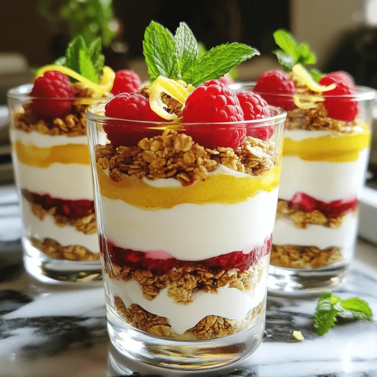 For a delicious Raspberry Lemon Yogurt Parfait, you need fresh and simple ingredients. The key flavors come from tangy lemon, sweet raspberries, and creamy yogurt. Granola adds crunch, making each bite fun. Honey or maple syrup sweetens the mix. Fresh mint makes it look bright and fresh. - 2 cups plain Greek yogurt - 1 cup fresh raspberries - 1 large lemon (zested and juiced) - 3 tablespoons honey (or substitute with maple syrup for a vegan option) - 1 teaspoon pure vanilla extract - 1 cup granola (choose your favorite, whether homemade or store-bought) - Fresh mint leaves for garnish If you don't have Greek yogurt, use regular yogurt. It will taste great but be less thick. For honey, maple syrup is a good vegan choice. You can switch raspberries for strawberries or blueberries if you prefer. Enjoy mixing and matching flavors to suit your taste! First, gather your ingredients. You need plain Greek yogurt, fresh lemon juice, lemon zest, honey, and vanilla extract. In a medium bowl, combine the yogurt, lemon zest, lemon juice, honey, and vanilla. Mix until smooth. This mixture should taste fresh and tangy. It will be the creamy base for your parfait. Now, get your serving glasses ready. Start with about 1/4 cup of the yogurt mix at the bottom of each glass. Next, add a handful of fresh raspberries on top of the yogurt. Don’t be shy; let those berries shine! Then, sprinkle about 2 tablespoons of granola over the raspberries. Repeat this layering—yogurt, raspberries, and granola—until the glasses are full. Finish with a dollop of yogurt on the top layer for a clean look. To make your parfait even more appealing, garnish with extra raspberries and a sprig of mint. This adds color and freshness. Serve the parfaits right away for the best taste. If you need to prep in advance, you can chill them for up to 2 hours. This lets the flavors blend nicely. For the full recipe, check out the detailed instructions. Enjoy your delicious Raspberry Lemon Yogurt Parfait! To get the creamiest yogurt, start with plain Greek yogurt. This type has less water and more protein. Mix in lemon zest and juice for added creaminess and a tangy taste. Make sure to blend it well until smooth. If you want it even creamier, you can fold in a little whipped cream. This adds air and makes it light. When layering your parfait, use clear glasses to show off the colors. Start with yogurt at the bottom. Then, add raspberries, and follow with granola. Repeat the layers, but don’t overfill. Leave some space at the top for garnish. This keeps each layer distinct. It looks more appealing this way. You can enhance flavors with a few extras. A sprinkle of cinnamon adds warmth. For a fruity twist, try adding sliced bananas or blueberries. If you want more crunch, add nuts or seeds. Fresh mint leaves give a burst of flavor and color. You can also drizzle extra honey on top for sweetness. Each little change can make your parfait unique and tasty. {{image_4}} You can change the fruit in your parfait to mix it up. Try strawberries, blueberries, or peaches. Each fruit brings a new taste. For a tropical twist, use mango or pineapple. Mixing fruits can make your parfait fun and colorful. If you want a dairy-free version, swap Greek yogurt for coconut yogurt. It adds a creamy texture and a hint of sweetness. Use maple syrup instead of honey for a vegan option. This keeps your parfait plant-based and just as tasty. Seasonal fruits can add a fresh touch to your parfait. In spring, use strawberries and rhubarb. In summer, try cherries or blackberries. Fall is great for adding sliced apples or pears. Winter can feature pomegranate seeds for a burst of flavor. Changing the fruit with the seasons keeps your parfait exciting. Check out the Full Recipe for more ideas. You can store leftover parfait in the fridge. Use an airtight container. The parfait stays fresh for up to two days. The yogurt keeps its creamy texture while the granola may get soft. If you prefer crunchy granola, store it separately. You don’t need to reheat this parfait. It tastes great cold. When serving, you can add more fresh raspberries or mint leaves. This adds color and flavor. Serve it in clear glasses to show off the layers. Make the yogurt mixture ahead of time. You can store it in the fridge for up to three days. Layer the parfait just before serving. This keeps the granola crunchy and the raspberries fresh. You can also prepare individual servings for easy grab-and-go breakfasts. For the full recipe, check the earlier section. Yes, you can use frozen raspberries. Just keep in mind they may be softer. Thaw them before layering in the parfait. This will help retain the flavor and color. If you use frozen, know they may release more juice. This can make your parfait a bit wetter, but still tasty. The parfait will stay fresh for about 2 hours in the fridge. After that, the yogurt may separate. The granola can become soggy, too. For the best taste and texture, serve right after making. If you need to prepare ahead, store yogurt and granola separately. Layer them just before serving for the best results. I recommend using a crunchy granola for a nice texture. Look for one with oats and nuts for added flavor. You can use store-bought or homemade granola. If you like, add dried fruit or seeds. This adds variety and makes each bite exciting. For a healthier option, choose granola with less sugar. For the full recipe, check out the details above! This blog post covered key ingredients, step-by-step instructions, and helpful tips for making a delicious parfait. You learned about substitutes and how to achieve the perfect layers. We discussed flavor enhancements and variations to keep things exciting. I shared storage advice and answered common questions. Enjoy experimenting with this easy recipe and make it your own. With these tips, you can create a parfait that suits your taste and needs. Happy creating!