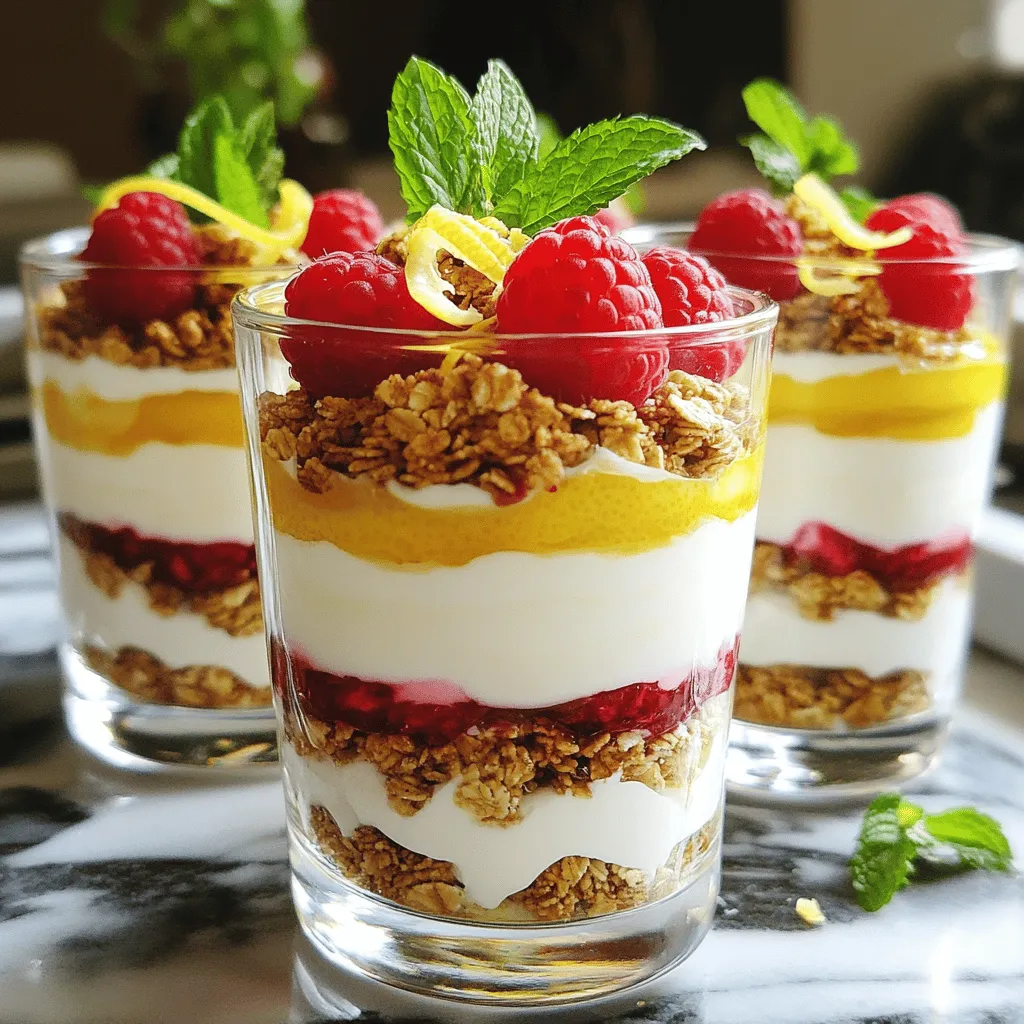 For a delicious Raspberry Lemon Yogurt Parfait, you need fresh and simple ingredients. The key flavors come from tangy lemon, sweet raspberries, and creamy yogurt. Granola adds crunch, making each bite fun. Honey or maple syrup sweetens the mix. Fresh mint makes it look bright and fresh. - 2 cups plain Greek yogurt - 1 cup fresh raspberries - 1 large lemon (zested and juiced) - 3 tablespoons honey (or substitute with maple syrup for a vegan option) - 1 teaspoon pure vanilla extract - 1 cup granola (choose your favorite, whether homemade or store-bought) - Fresh mint leaves for garnish If you don't have Greek yogurt, use regular yogurt. It will taste great but be less thick. For honey, maple syrup is a good vegan choice. You can switch raspberries for strawberries or blueberries if you prefer. Enjoy mixing and matching flavors to suit your taste! First, gather your ingredients. You need plain Greek yogurt, fresh lemon juice, lemon zest, honey, and vanilla extract. In a medium bowl, combine the yogurt, lemon zest, lemon juice, honey, and vanilla. Mix until smooth. This mixture should taste fresh and tangy. It will be the creamy base for your parfait. Now, get your serving glasses ready. Start with about 1/4 cup of the yogurt mix at the bottom of each glass. Next, add a handful of fresh raspberries on top of the yogurt. Don’t be shy; let those berries shine! Then, sprinkle about 2 tablespoons of granola over the raspberries. Repeat this layering—yogurt, raspberries, and granola—until the glasses are full. Finish with a dollop of yogurt on the top layer for a clean look. To make your parfait even more appealing, garnish with extra raspberries and a sprig of mint. This adds color and freshness. Serve the parfaits right away for the best taste. If you need to prep in advance, you can chill them for up to 2 hours. This lets the flavors blend nicely. For the full recipe, check out the detailed instructions. Enjoy your delicious Raspberry Lemon Yogurt Parfait! To get the creamiest yogurt, start with plain Greek yogurt. This type has less water and more protein. Mix in lemon zest and juice for added creaminess and a tangy taste. Make sure to blend it well until smooth. If you want it even creamier, you can fold in a little whipped cream. This adds air and makes it light. When layering your parfait, use clear glasses to show off the colors. Start with yogurt at the bottom. Then, add raspberries, and follow with granola. Repeat the layers, but don’t overfill. Leave some space at the top for garnish. This keeps each layer distinct. It looks more appealing this way. You can enhance flavors with a few extras. A sprinkle of cinnamon adds warmth. For a fruity twist, try adding sliced bananas or blueberries. If you want more crunch, add nuts or seeds. Fresh mint leaves give a burst of flavor and color. You can also drizzle extra honey on top for sweetness. Each little change can make your parfait unique and tasty. {{image_4}} You can change the fruit in your parfait to mix it up. Try strawberries, blueberries, or peaches. Each fruit brings a new taste. For a tropical twist, use mango or pineapple. Mixing fruits can make your parfait fun and colorful. If you want a dairy-free version, swap Greek yogurt for coconut yogurt. It adds a creamy texture and a hint of sweetness. Use maple syrup instead of honey for a vegan option. This keeps your parfait plant-based and just as tasty. Seasonal fruits can add a fresh touch to your parfait. In spring, use strawberries and rhubarb. In summer, try cherries or blackberries. Fall is great for adding sliced apples or pears. Winter can feature pomegranate seeds for a burst of flavor. Changing the fruit with the seasons keeps your parfait exciting. Check out the Full Recipe for more ideas. You can store leftover parfait in the fridge. Use an airtight container. The parfait stays fresh for up to two days. The yogurt keeps its creamy texture while the granola may get soft. If you prefer crunchy granola, store it separately. You don’t need to reheat this parfait. It tastes great cold. When serving, you can add more fresh raspberries or mint leaves. This adds color and flavor. Serve it in clear glasses to show off the layers. Make the yogurt mixture ahead of time. You can store it in the fridge for up to three days. Layer the parfait just before serving. This keeps the granola crunchy and the raspberries fresh. You can also prepare individual servings for easy grab-and-go breakfasts. For the full recipe, check the earlier section. Yes, you can use frozen raspberries. Just keep in mind they may be softer. Thaw them before layering in the parfait. This will help retain the flavor and color. If you use frozen, know they may release more juice. This can make your parfait a bit wetter, but still tasty. The parfait will stay fresh for about 2 hours in the fridge. After that, the yogurt may separate. The granola can become soggy, too. For the best taste and texture, serve right after making. If you need to prepare ahead, store yogurt and granola separately. Layer them just before serving for the best results. I recommend using a crunchy granola for a nice texture. Look for one with oats and nuts for added flavor. You can use store-bought or homemade granola. If you like, add dried fruit or seeds. This adds variety and makes each bite exciting. For a healthier option, choose granola with less sugar. For the full recipe, check out the details above! This blog post covered key ingredients, step-by-step instructions, and helpful tips for making a delicious parfait. You learned about substitutes and how to achieve the perfect layers. We discussed flavor enhancements and variations to keep things exciting. I shared storage advice and answered common questions. Enjoy experimenting with this easy recipe and make it your own. With these tips, you can create a parfait that suits your taste and needs. Happy creating!