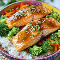- Salmon fillets - Marinade ingredients: - 1/4 cup low-sodium soy sauce - 2 tablespoons honey - 1 tablespoon rice vinegar - 1 teaspoon freshly grated ginger - 1 clove garlic, minced - 1 tablespoon sesame oil - Vegetables: - 1 cup broccoli florets - 1 red bell pepper, thinly sliced into strips - 1/2 cup carrots, cut into thin strips - 2 cups cooked jasmine rice - 2 green onions, chopped - Sesame seeds for garnish - Baking sheet and parchment paper - Steaming basket or pot - Medium skillet When I make Teriyaki Salmon Bowls, I love the variety of flavors and textures. The salmon is rich and tender, while the veggies add crunch. Each bowl looks so bright and inviting! You find the full recipe at the end of this section, which guides you step by step. Choosing fresh salmon makes a huge difference. It cooks beautifully and absorbs the teriyaki glaze well. The marinade is simple yet flavorful. I mix soy sauce, honey, rice vinegar, ginger, garlic, and sesame oil. This blend gives the salmon its signature taste. For the veggies, I usually steam the broccoli, which keeps it bright green and crisp. I sauté the bell peppers and carrots for a few minutes. They should stay vibrant and not mushy. When it comes to rice, I prefer jasmine for its fragrant aroma. It pairs perfectly with the teriyaki sauce. Finally, I top the bowls with green onions and sesame seeds. This adds a fresh crunch and a nice finish. - In a small mixing bowl, combine: - 1/4 cup low-sodium soy sauce - 2 tablespoons honey - 1 tablespoon rice vinegar - 1 teaspoon freshly grated ginger - 1 clove garlic, minced - 1 tablespoon sesame oil Mix these ingredients well. - Whisk until smooth. This glaze gives your salmon a sweet and savory kick. - Preheat your oven to 400°F (200°C). This step is key for even cooking. - Arrange the salmon fillets on a lined baking sheet. Brush the glaze generously on top and sides of each fillet. - Bake for 12-15 minutes. The salmon is done when it flakes easily with a fork. - While the salmon bakes, steam the broccoli. Use a pot with boiling water and a steaming basket. - Add the broccoli florets and steam for 5-7 minutes. They should be bright green but still crisp. - In a medium skillet, heat a little oil if you like. Sauté the red bell pepper and carrots for 3-4 minutes. They should soften slightly but stay vibrant. - Start with a scoop of jasmine rice at the bottom of each bowl. - Layer on the steamed broccoli, sautéed vegetables, and a piece of the glazed salmon. - Drizzle any leftover teriyaki glaze over the top. Finish with chopped green onions and a sprinkle of sesame seeds. Enjoy this colorful and tasty meal! For the full recipe, check out the main article. To cook salmon just right, aim for 400°F (200°C). Bake for 12 to 15 minutes. The salmon should look opaque and flake easily with a fork. If it does, it's done! If you're unsure, use a food thermometer. The center should reach 145°F (63°C). This ensures safe eating and tasty results. To kick up the flavor, try adding spices like black pepper or chili flakes. You can also use a touch of sesame seeds in the marinade. This extra crunch adds great texture. For more veggies, toss in snap peas or baby corn. They add color and nutrients to your bowl. Choose bright and colorful bowls to make your meal pop. Layer the rice, veggies, and salmon neatly. This creates an appealing look. For extra flair, drizzle teriyaki glaze around the bowl. It adds a gourmet touch. Finish with a sprinkle of sesame seeds and chopped green onions for a beautiful finish. {{image_4}} You can easily swap salmon for chicken or tofu. Chicken gives a nice, mild flavor. Tofu offers a great plant-based choice with a lovely texture. When you switch proteins, you must adjust cooking times. Chicken takes about 20-25 minutes at 400°F. Tofu cooks faster, around 10-15 minutes. Make sure to check for doneness, so everything is safe and tasty. Feel free to mix in seasonal vegetables. Think about adding snap peas, zucchini, or bell peppers. Each vegetable adds different colors and textures. For a burst of freshness, try using spinach or kale. Seasonal veggies not only taste great but also give your bowls a vibrant look. Aim for a rainbow of colors on your plate to make it more inviting. You can change the sweetness or spice levels in the glaze. If you like it sweeter, add more honey. For a kick, mix in some chili flakes. You can also add unique flavors like pineapple juice or lime zest for a twist. Trying different teriyaki sauces can lead to fun new tastes. Just remember, adjust the flavors to fit your liking. Check out the Full Recipe for more ideas! To keep your teriyaki salmon bowls fresh, store leftovers in airtight containers. This helps prevent air from making them soggy or dry. You can keep them in the fridge for up to three days. If you want to enjoy them later, make sure to cool the bowls to room temperature first. If you wish to freeze your teriyaki salmon bowls, it’s best to freeze the salmon and veggies separately from the rice. This helps maintain the best texture. Place the salmon and veggies in freezer-safe bags or containers. They can be stored for up to three months. When ready to eat, thaw the salmon and veggies overnight in the fridge for the best results. For reheating, I recommend using the oven or a skillet. This keeps the salmon moist. If using the oven, preheat it to 350°F (175°C) and bake for about 10 minutes. If using a skillet, warm on medium heat with a splash of water to create steam. This helps the salmon stay tender. Enjoy your meal as if it were freshly made! If you want to switch out jasmine rice, you have some tasty options. You can use brown rice for a heartier texture. Quinoa is another healthy choice that cooks fast. If you're looking for a low-carb option, try cauliflower rice. Each option will still pair well with the salmon and glaze. To make Teriyaki Salmon Bowls gluten-free, change the soy sauce. Use tamari or coconut aminos instead. Both give a similar flavor without gluten. This small swap keeps the dish delicious and safe for those who need it. Yes, you can make the teriyaki glaze ahead of time. Mix the sauce and store it in a jar. Keep it in the refrigerator for up to one week. This makes meal prep easier and faster when you’re ready to cook. Many dishes complement Teriyaki Salmon Bowls nicely. A fresh cucumber salad adds a crisp bite. You might enjoy a simple edamame side for protein. Stir-fried veggies can also enhance the meal, bringing more flavor and color to your plate. This blog post covered all you need for Teriyaki Salmon Bowls. You learned about the key ingredients, tools, and steps to make this dish. We explored cooking tips to ensure perfect salmon every time. I also shared ways to customize flavors and portions. In the end, Teriyaki Salmon Bowls are versatile and easy to make. Whether you follow the recipe or add your twist, you can't go wrong. Enjoy your cooking adventure!