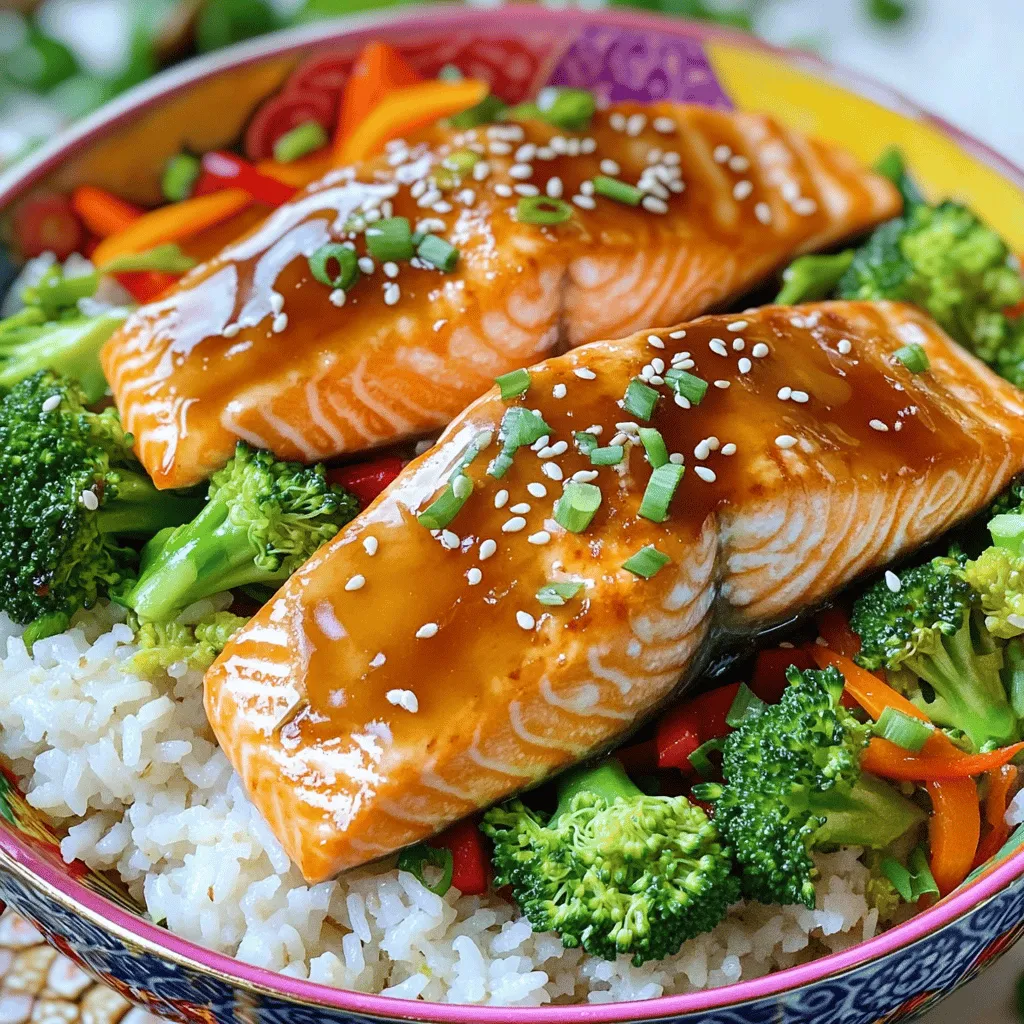 - Salmon fillets - Marinade ingredients: - 1/4 cup low-sodium soy sauce - 2 tablespoons honey - 1 tablespoon rice vinegar - 1 teaspoon freshly grated ginger - 1 clove garlic, minced - 1 tablespoon sesame oil - Vegetables: - 1 cup broccoli florets - 1 red bell pepper, thinly sliced into strips - 1/2 cup carrots, cut into thin strips - 2 cups cooked jasmine rice - 2 green onions, chopped - Sesame seeds for garnish - Baking sheet and parchment paper - Steaming basket or pot - Medium skillet When I make Teriyaki Salmon Bowls, I love the variety of flavors and textures. The salmon is rich and tender, while the veggies add crunch. Each bowl looks so bright and inviting! You find the full recipe at the end of this section, which guides you step by step. Choosing fresh salmon makes a huge difference. It cooks beautifully and absorbs the teriyaki glaze well. The marinade is simple yet flavorful. I mix soy sauce, honey, rice vinegar, ginger, garlic, and sesame oil. This blend gives the salmon its signature taste. For the veggies, I usually steam the broccoli, which keeps it bright green and crisp. I sauté the bell peppers and carrots for a few minutes. They should stay vibrant and not mushy. When it comes to rice, I prefer jasmine for its fragrant aroma. It pairs perfectly with the teriyaki sauce. Finally, I top the bowls with green onions and sesame seeds. This adds a fresh crunch and a nice finish. - In a small mixing bowl, combine: - 1/4 cup low-sodium soy sauce - 2 tablespoons honey - 1 tablespoon rice vinegar - 1 teaspoon freshly grated ginger - 1 clove garlic, minced - 1 tablespoon sesame oil Mix these ingredients well. - Whisk until smooth. This glaze gives your salmon a sweet and savory kick. - Preheat your oven to 400°F (200°C). This step is key for even cooking. - Arrange the salmon fillets on a lined baking sheet. Brush the glaze generously on top and sides of each fillet. - Bake for 12-15 minutes. The salmon is done when it flakes easily with a fork. - While the salmon bakes, steam the broccoli. Use a pot with boiling water and a steaming basket. - Add the broccoli florets and steam for 5-7 minutes. They should be bright green but still crisp. - In a medium skillet, heat a little oil if you like. Sauté the red bell pepper and carrots for 3-4 minutes. They should soften slightly but stay vibrant. - Start with a scoop of jasmine rice at the bottom of each bowl. - Layer on the steamed broccoli, sautéed vegetables, and a piece of the glazed salmon. - Drizzle any leftover teriyaki glaze over the top. Finish with chopped green onions and a sprinkle of sesame seeds. Enjoy this colorful and tasty meal! For the full recipe, check out the main article. To cook salmon just right, aim for 400°F (200°C). Bake for 12 to 15 minutes. The salmon should look opaque and flake easily with a fork. If it does, it's done! If you're unsure, use a food thermometer. The center should reach 145°F (63°C). This ensures safe eating and tasty results. To kick up the flavor, try adding spices like black pepper or chili flakes. You can also use a touch of sesame seeds in the marinade. This extra crunch adds great texture. For more veggies, toss in snap peas or baby corn. They add color and nutrients to your bowl. Choose bright and colorful bowls to make your meal pop. Layer the rice, veggies, and salmon neatly. This creates an appealing look. For extra flair, drizzle teriyaki glaze around the bowl. It adds a gourmet touch. Finish with a sprinkle of sesame seeds and chopped green onions for a beautiful finish. {{image_4}} You can easily swap salmon for chicken or tofu. Chicken gives a nice, mild flavor. Tofu offers a great plant-based choice with a lovely texture. When you switch proteins, you must adjust cooking times. Chicken takes about 20-25 minutes at 400°F. Tofu cooks faster, around 10-15 minutes. Make sure to check for doneness, so everything is safe and tasty. Feel free to mix in seasonal vegetables. Think about adding snap peas, zucchini, or bell peppers. Each vegetable adds different colors and textures. For a burst of freshness, try using spinach or kale. Seasonal veggies not only taste great but also give your bowls a vibrant look. Aim for a rainbow of colors on your plate to make it more inviting. You can change the sweetness or spice levels in the glaze. If you like it sweeter, add more honey. For a kick, mix in some chili flakes. You can also add unique flavors like pineapple juice or lime zest for a twist. Trying different teriyaki sauces can lead to fun new tastes. Just remember, adjust the flavors to fit your liking. Check out the Full Recipe for more ideas! To keep your teriyaki salmon bowls fresh, store leftovers in airtight containers. This helps prevent air from making them soggy or dry. You can keep them in the fridge for up to three days. If you want to enjoy them later, make sure to cool the bowls to room temperature first. If you wish to freeze your teriyaki salmon bowls, it’s best to freeze the salmon and veggies separately from the rice. This helps maintain the best texture. Place the salmon and veggies in freezer-safe bags or containers. They can be stored for up to three months. When ready to eat, thaw the salmon and veggies overnight in the fridge for the best results. For reheating, I recommend using the oven or a skillet. This keeps the salmon moist. If using the oven, preheat it to 350°F (175°C) and bake for about 10 minutes. If using a skillet, warm on medium heat with a splash of water to create steam. This helps the salmon stay tender. Enjoy your meal as if it were freshly made! If you want to switch out jasmine rice, you have some tasty options. You can use brown rice for a heartier texture. Quinoa is another healthy choice that cooks fast. If you're looking for a low-carb option, try cauliflower rice. Each option will still pair well with the salmon and glaze. To make Teriyaki Salmon Bowls gluten-free, change the soy sauce. Use tamari or coconut aminos instead. Both give a similar flavor without gluten. This small swap keeps the dish delicious and safe for those who need it. Yes, you can make the teriyaki glaze ahead of time. Mix the sauce and store it in a jar. Keep it in the refrigerator for up to one week. This makes meal prep easier and faster when you’re ready to cook. Many dishes complement Teriyaki Salmon Bowls nicely. A fresh cucumber salad adds a crisp bite. You might enjoy a simple edamame side for protein. Stir-fried veggies can also enhance the meal, bringing more flavor and color to your plate. This blog post covered all you need for Teriyaki Salmon Bowls. You learned about the key ingredients, tools, and steps to make this dish. We explored cooking tips to ensure perfect salmon every time. I also shared ways to customize flavors and portions. In the end, Teriyaki Salmon Bowls are versatile and easy to make. Whether you follow the recipe or add your twist, you can't go wrong. Enjoy your cooking adventure!